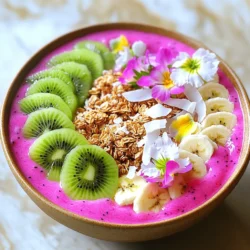 - 1 large dragon fruit, scooped out - 1 frozen banana - 1 cup coconut milk (or almond milk) The star of this bowl is the dragon fruit. Its bright pink skin and green scales look cool. Inside, it has a sweet, mild taste. I love the way it blends into a creamy texture. A frozen banana adds natural sweetness and creaminess. Coconut milk or almond milk gives a rich base. Choose what you like! - 1/2 cup pineapple chunks (fresh or frozen) - 1 tablespoon chia seeds - Sweetener options like honey or maple syrup Adding pineapple gives a tropical twist. It brings a zesty flavor that pairs well with dragon fruit. Chia seeds add a nutty taste and a boost of nutrients. You can sweeten this bowl with honey or maple syrup. Just a bit goes a long way! - Sliced kiwi - Granola - Coconut flakes and edible flowers Toppings make this smoothie bowl special. Sliced kiwi adds a pop of green and tangy taste. Granola gives a crunchy texture. Coconut flakes bring a bit of sweetness. If you want to impress, add edible flowers. They make your bowl look pretty and fun! 1. Scooping out the dragon fruit Start by cutting the dragon fruit in half. Use a spoon to scoop out the bright pink flesh. You want to get as much as you can without leaving too much behind. It has a sweet, mild taste and a fun texture. 2. Freezing banana in advance Peel the banana and cut it into slices. Place the slices in a single layer on a plate or a baking sheet. Freeze the banana for at least two hours. This step helps make your smoothie thick and creamy. 1. Combining all ingredients in the blender In your blender, add the scooped dragon fruit, frozen banana, one cup of coconut milk, and half a cup of pineapple chunks. Also, add one tablespoon of chia seeds and honey or maple syrup if you want extra sweetness. 2. Achieving the desired consistency Blend everything on high speed. Stop to scrape down the sides if needed. If it’s too thick, add a bit more coconut milk. Blend until it is smooth and creamy. 1. Pouring the smoothie into a bowl Once blended, carefully pour the smoothie into a bowl. Make sure to leave some space at the top for your toppings. 2. Arranging toppings for an appealing presentation Now comes the fun part! Place sliced kiwi around the edge of the smoothie. Add a sprinkle of granola and a handful of coconut flakes. Finish with edible flowers for a bright, colorful look. Enjoy your beautiful creation right away! To get the right texture, coconut milk is key. It adds creaminess and flavor. If your smoothie is too thick, simply add more coconut milk. Blend until smooth and creamy. When blending frozen fruits, make sure your blender is powerful. Start on low speed and then increase it. This helps the fruits blend evenly without clumping. Want more nutrients? Add a scoop of protein powder or a handful of nuts. Both options boost protein and keep you full longer. You can also include superfoods like spirulina or maca powder. These add extra vitamins and minerals without changing the taste much. Presentation matters! Arrange your toppings in an artistic way. Start with slices of kiwi around the edge. Then, sprinkle granola and add coconut flakes. Finish with edible flowers for a pop of color. This makes your smoothie bowl not just tasty but also beautiful! {{image_2}} You can switch up the fruits in your smoothie bowl. Try using mango or papaya for a sweet twist. Both fruits add a creamy texture and bright flavor. You can also mix in berries like strawberries or blueberries. These berries add a burst of color and extra nutrients. They pair well with dragon fruit and add a nice tartness. If you want to make it dairy-free, use almond milk instead of coconut milk. Almond milk still gives you a nice creaminess. For those watching sugar, you can skip the honey or maple syrup. The natural sweetness from the fruit is often enough. If you need a sweetener, try stevia or monk fruit. Both options keep it low in sugar while adding some sweetness. You can boost the flavor with spices or herbs. Try adding a pinch of ginger for warmth or turmeric for a unique taste. Both spices have health benefits, too. Fresh mint or basil can add a refreshing note. These herbs bring a lovely aroma and flavor, making your bowl even more special. Mix and match to find your favorite combinations! To keep your smoothie fresh, store it in a clean jar. Seal the jar tightly. Place it in the fridge. Enjoy it within 24 hours for the best taste. If you want to keep it longer, freezing is a great option. Pour the leftover smoothie into ice cube trays. Once frozen, transfer the cubes to a freezer bag. This way, you can blend a quick smoothie later. For toppings, store fresh fruits and granola in separate containers. This keeps them crisp and tasty. Put sliced kiwi and other fruits in an airtight container. Granola should stay in a dry place. To keep edible flowers bright, place them in a damp paper towel. Then, put them in a sealed bag in the fridge. This helps them stay colorful for your bowl. You can use leftover smoothie ingredients in other meals. Mix extra dragon fruit into yogurt for a snack. Use the frozen banana in pancakes or oatmeal. Pineapple chunks can brighten up salads or salsas. Chia seeds are great in puddings or as a topping for desserts. These ideas help you waste less while enjoying more flavors. Dragon fruit is low in calories and high in fiber. One cup has about 60 calories, which makes it great for weight loss. It also has vitamin C, which helps boost your immune system. Antioxidants in dragon fruit fight free radicals and reduce inflammation. Chia seeds are tiny powerhouses. They have omega-3 fatty acids, which are good for your heart. They also provide protein and fiber, helping you feel full longer. Coconut milk adds healthy fats, which can support brain health. Together, they make a strong team for nutrition. Yes, you can prepare some ingredients early. Scoop out the dragon fruit and freeze it. You can also freeze the banana. Keep these in separate bags for easy use. Blend the smoothie bowl only when you are ready to eat. This keeps it fresh and tasty. Aim to eat it within a day for the best taste and texture. You can customize your smoothie bowl in many fun ways. If you're vegan, skip honey and use maple syrup instead. You can add more fruits like mango or berries for different flavors. For toppings, try nuts, seeds, or even yogurt. Popular choices include sliced bananas, berries, and granola. Feel free to mix and match to find your favorite combination! You learned how to make a tasty smoothie bowl with fun ingredients. Start with dragon fruit, frozen bananas, and a milk choice. You can add more fruit, chia seeds, and sweeteners for taste. Top it off with kiwi, granola, coconut, and pretty flowers. Customizing your bowl is easy. You can change fruits, adjust for diets, or add spices. Store leftovers right and keep toppings fresh for next time. Now go create your perfect smoothie bowl! Enjoy your yummy, nutritious treat any time.