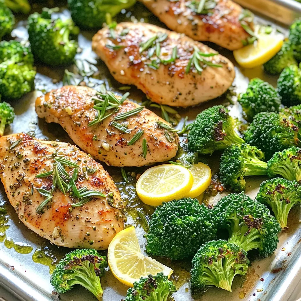 - 4 boneless, skinless chicken breasts - 1 pound broccoli florets - 4 cloves garlic, minced - 1 tablespoon fresh rosemary, finely chopped - 1 tablespoon fresh thyme, finely chopped The main stars of this dish are the chicken and broccoli. The chicken breasts give you protein, while the broccoli adds color and nutrients. Garlic and herbs bring great flavor to the mix. - 3 tablespoons olive oil - 1 teaspoon smoked paprika - 1/4 teaspoon red pepper flakes (optional) - Salt and pepper to taste - Zest of 1 lemon - 1 tablespoon lemon juice Using olive oil helps keep everything moist and tasty. The spices add warmth and depth. Lemon zest and juice brighten the dish, making it fresh and vibrant. You can skip the red pepper flakes if you prefer less heat. 1. First, preheat your oven to 400°F (200°C). This step is key for even cooking. 2. Next, prepare the marinade. In a small bowl, mix 2 tablespoons of olive oil, garlic, rosemary, thyme, smoked paprika, red pepper flakes, lemon zest, lemon juice, salt, and pepper. This mix adds a lot of flavor. - For effective marinating, make sure you coat the chicken well. Use a large bowl or a resealable bag. - Let the chicken marinate for at least 15 minutes. For more flavor, you can marinate it for up to 2 hours in the fridge. The longer it sits, the more the chicken absorbs the flavors. 1. While the chicken marinates, prepare the broccoli. In a separate bowl, toss the broccoli florets with the last tablespoon of olive oil, salt, and pepper. Coat them well. 2. Arrange the marinated chicken on one side of the baking sheet and the broccoli on the other side. Make sure they have space between them for even cooking. 3. Bake in the preheated oven for 25-30 minutes. Check that the chicken reaches an internal temperature of 165°F (75°C). The broccoli should be tender and slightly crisp. This process ensures you have juicy chicken and tasty broccoli in one dish. When making the marinade, you can change up the herbs. Try basil or parsley for a new twist. You can also add a dash of cumin for warmth. Use what you like to make it yours. To enhance flavor, let the chicken soak in the marinade for at least 15 minutes. If you have time, marinate it for up to 2 hours in the fridge. This helps the chicken absorb all the tasty goodness. Make sure every piece is well coated for the best flavor. Set your oven to 400°F (200°C). This high heat helps the chicken cook quickly and keeps it juicy. Line the baking sheet with parchment paper. This makes cleanup easy and helps the chicken and broccoli roast evenly. Space the chicken and broccoli apart on the sheet. This allows hot air to flow around them, cooking everything evenly. Check the chicken after 25 minutes. It should reach 165°F (75°C) for safe eating. The broccoli should be tender yet crisp. If you want a bit more color on the broccoli, broil it for a minute at the end. {{image_2}} You can mix things up with different veggies. Try adding bell peppers, carrots, or asparagus. These add color and flavor. For protein, you have choices! Instead of chicken, use turkey or firm tofu. Both options work well with the marinade. If you prefer seafood, shrimp is a tasty swap. Want to elevate your dish? Adding cheese can do the trick. Try parmesan or feta for a rich taste. Nuts like almonds or walnuts can add a nice crunch. For different spice profiles, think about changing the herbs. Use basil or oregano for a Mediterranean twist. If you like heat, add more red pepper flakes or cayenne pepper. This will give your dish a nice kick. To keep your Garlic Herb Chicken and broccoli fresh, follow these steps: - Refrigeration: Place leftovers in an airtight container. They will last in the fridge for 3-4 days. Make sure they cool down before sealing them. - Freezing: If you want to save for later, freeze them in a freezer-safe bag. Remove as much air as possible. They can stay good for up to 3 months. When you are ready to eat, thaw in the fridge overnight. You have two great options for reheating: - Microwave: This is fast and easy. Place your chicken and broccoli on a microwave-safe plate. Cover with a damp paper towel. Heat in short bursts, checking every minute. - Oven reheating: To keep it crispy, use the oven. Preheat to 350°F (175°C). Place the chicken and broccoli on a baking sheet. Heat for about 10-15 minutes until warmed through. Tips for retaining flavor and texture: - Add a splash of olive oil or a squeeze of lemon juice before reheating. This helps keep the flavors fresh. - Always check the chicken's temperature. It should be at least 165°F (75°C) to ensure it’s safe to eat. Garlic Herb Chicken and broccoli stay fresh for up to four days in the fridge. Store it in an airtight container to keep it tasty. When you reheat it, make sure to check that it is warm all the way through. This way, you can enjoy your meal over a few days without losing flavor. Yes, you can use frozen broccoli! Just note that frozen broccoli cooks faster than fresh. Add it to the pan during the last ten minutes of baking. This will help it stay bright and crisp. If you prefer, you can thaw it first. Just make sure to pat it dry to avoid excess water on your sheet pan. The chicken should reach an internal temperature of 165°F (75°C). Use a meat thermometer to check this. Insert it into the thickest part of the chicken breast. This ensures it is safe to eat and has cooked properly. Cooking it to this temperature keeps your dish safe and juicy! In this post, we covered how to make Garlic Herb Chicken and Broccoli. We discussed the main ingredients, including chicken, broccoli, garlic, and herbs. You learned how to prepare the marinade and tips for marinating. We also shared important cooking techniques for roasting. Explore variations to keep meals exciting, like ingredient swaps or flavor boosts. Remember, proper storage keeps leftovers fresh. Whether you're a beginner or a pro, this recipe is simple and tasty. Enjoy making this dish and share your results!