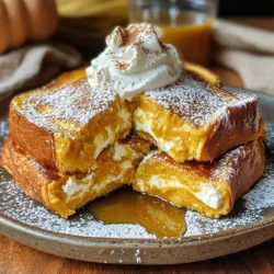 - 8 slices of thick bread (Brioche or Challah work well) - 1 cup cream cheese, softened - 1 cup pumpkin puree - 1/2 cup powdered sugar The main ingredients create the rich and creamy filling. The thick bread holds everything together. Brioche or Challah adds softness and flavor. Cream cheese brings that smooth texture. Pumpkin puree adds the fall flavor we love. Powdered sugar sweetens the mix just right. - 1 teaspoon vanilla extract - 1 teaspoon ground cinnamon - 1/2 teaspoon ground nutmeg Flavor enhancers make this dish sing! Vanilla extract gives it warmth. Ground cinnamon adds a cozy spice. Nutmeg adds depth to the pumpkin flavor. Each spoonful will taste like autumn. - 4 large eggs - 1/2 cup milk - 1 tablespoon maple syrup - Butter for cooking The egg mixture binds everything together. Eggs create a golden crust when cooked. Milk makes the mixture rich and smooth. Maple syrup adds a touch of sweetness. Butter helps to cook the French toast evenly. Each bite will be warm and delightful. To make the filling, grab a mixing bowl. Add 1 cup of softened cream cheese. Next, add 1 cup of pumpkin puree. Then, sprinkle in 1/2 cup of powdered sugar. Pour in 1 teaspoon of vanilla extract. Add 1 teaspoon of ground cinnamon and 1/2 teaspoon of ground nutmeg. Mix everything until it becomes smooth and creamy. This filling will give your French toast that rich, pumpkin cheesecake flavor. Now it’s time to assemble the sandwiches. Take one slice of thick bread, like Brioche or Challah. Spread a generous layer of the pumpkin cheesecake mixture on top. Place a second slice of bread on top to form a sandwich. Repeat this step until you have made four sandwiches. Make sure the filling is thick enough for a tasty bite! In a separate bowl, whisk together 4 large eggs, 1/2 cup of milk, and 1 tablespoon of maple syrup. This mixture will coat the bread. Heat a large skillet over medium heat. Add 1 tablespoon of butter and let it melt. Dip each sandwich into the egg mixture, ensuring both sides get coated. Place them in the hot skillet. Cook for about 3-5 minutes on each side. Look for a golden-brown color. Don’t forget to add more butter to keep them from sticking. Once cooked, let them cool for a minute before serving. Enjoy your delicious Pumpkin Cheesecake Stuffed French Toast! To get the best results, use medium heat. This helps the French toast cook evenly. Make sure to coat your skillet with butter. This prevents sticking and gives a nice golden color. Dip each sandwich well in the egg mixture. This ensures a rich, custardy texture. Flip the sandwiches gently to keep the filling inside. Cook for about 3-5 minutes on each side. You'll know they're ready when they look golden brown. For a beautiful presentation, serve the French toast warm. Top each slice with a dollop of whipped cream. A sprinkle of pumpkin pie spice adds a festive touch. You can also drizzle some maple syrup on top for extra sweetness. Fresh berries or sliced bananas make great sides. They add color and freshness to the plate. Want to spice things up? Add a pinch of ginger or allspice to the filling. These spices pair well with pumpkin. You can also mix in some chocolate chips for a sweet twist. If you prefer, swap the powdered sugar for brown sugar. This gives a deeper flavor. Lastly, consider using nutty bread like whole wheat for added texture. {{image_2}} You can switch up the bread for this recipe. Different breads give unique textures. For a fluffy bite, use Brioche. For a more dense option, go with Challah. If you want something a bit heartier, try sourdough or whole grain. Each bread brings its own flavor and feel. Experiment with what you like best! If you need gluten-free options, use gluten-free bread. There are many brands available that taste great. For a dairy-free choice, swap cream cheese with a dairy-free alternative. You can find these in most stores today. Use almond or coconut milk in the egg mixture, too. These changes let everyone enjoy this treat! Want to add a new twist? Try mixing in chocolate chips. They’ll melt and create a rich, sweet surprise. You can also play with spices. Add ginger or cloves for extra warmth. If you like nuts, toss in some chopped pecans or walnuts. These little changes will make your stuffed French toast even more exciting! To keep your pumpkin cheesecake stuffed French toast fresh, start by cooling it. Let it sit at room temperature for about 30 minutes. This helps avoid moisture buildup. Once cool, wrap each piece in plastic wrap or place them in an airtight container. Store in the fridge for up to three days. When you're ready to enjoy leftovers, reheat in a skillet over low heat. This method keeps the toast crisp. Cook each side for about 2-3 minutes until warmed through. You can also use a microwave, but it may make the toast soft. If you choose this, heat in 30-second intervals until warm. You can freeze the stuffed French toast for later meals. Place the cooled slices in a single layer on a baking sheet. Freeze for about an hour until firm. After that, wrap each slice tightly in plastic wrap and place them in a freezer bag. They will stay good for up to two months. To thaw, move them to the fridge overnight before reheating. You can use several great options if you don’t have cream cheese. Here are some ideas: - Mascarpone cheese: This has a similar creamy texture. - Greek yogurt: It adds a tangy flavor and is lower in fat. - Silken tofu: Blend it until smooth for a vegan option. - Cashew cream: Soak cashews and blend them with a little water for a rich texture. Each of these will give a different taste but can work well in this recipe. Yes, you can prepare this dish ahead of time! Here’s how: - Make the filling: You can mix the pumpkin cheesecake filling a day in advance. Store it in the fridge in an airtight container. - Assemble the sandwiches: You can also make the sandwiches and keep them in the fridge. Use parchment paper between them to prevent sticking. - Cooking: When you are ready to eat, just cook them in the skillet. Cook them straight from the fridge for best results. This will save you time when you want to enjoy this treat! Making this recipe vegan is quite simple. Here’s what to do: - Replace cream cheese: Use silken tofu or vegan cream cheese for the filling. - Egg substitute: Use a flax egg or chickpea flour mixed with water instead of eggs. One flax egg equals 1 tablespoon of ground flaxseed mixed with 2.5 tablespoons of water. - Milk swap: Use almond milk, soy milk, or any plant-based milk you prefer. With these swaps, you can enjoy a vegan version of this tasty dish! This post detailed how to make delicious pumpkin spice French toast. We covered the main ingredients like thick bread, cream cheese, and pumpkin puree. You learned to prepare the filling, assemble the sandwiches, and cook them perfectly. Our tips helped you achieve golden-brown results and offered serving ideas. We also explored variations, storage tips, and answered FAQs. Now, you can whip up this tasty dish, impressing friends and family. Enjoy the process and make it your own!