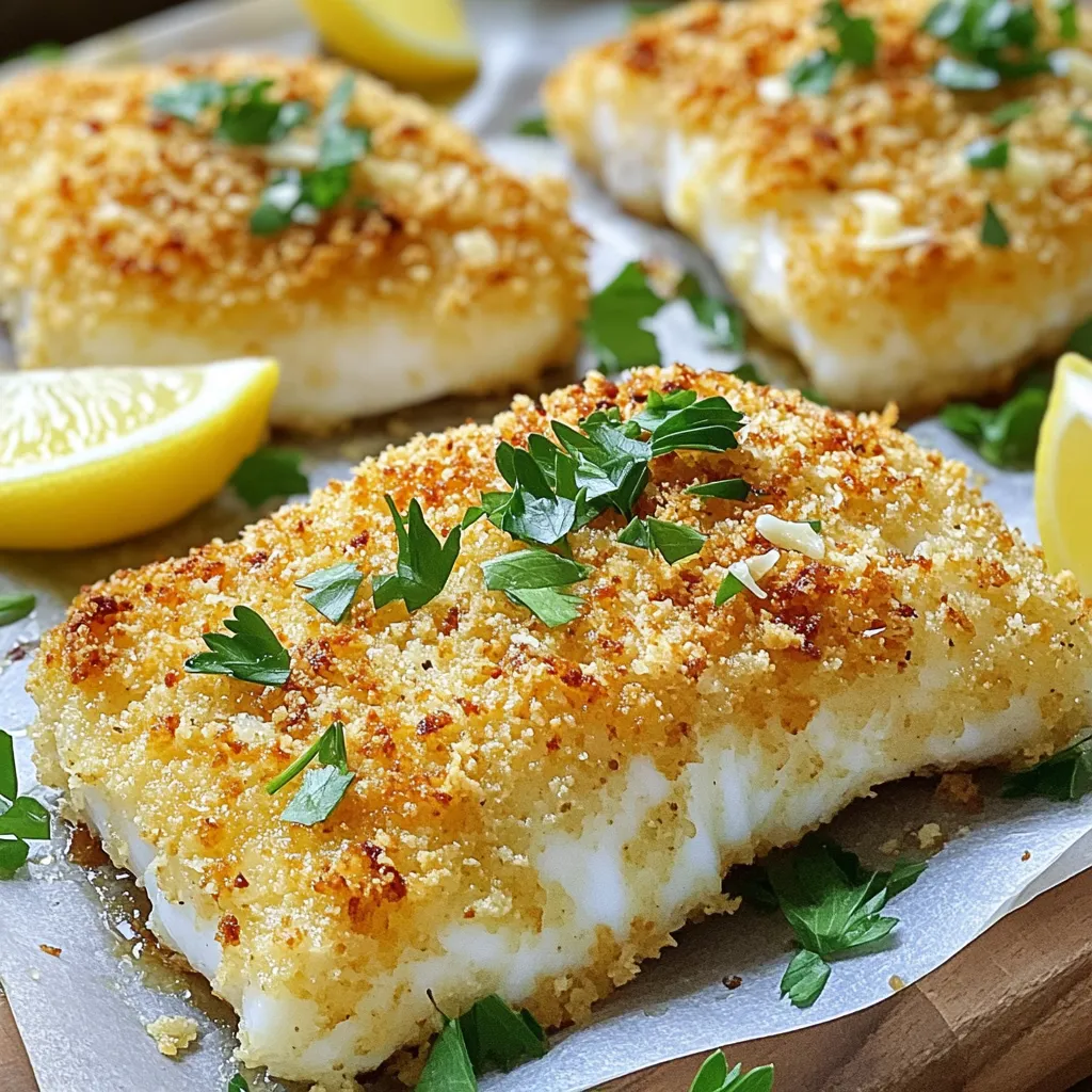 - 4 cod fillets (about 6 oz each) - 1 cup panko breadcrumbs - ½ cup grated Parmesan cheese - 2 tablespoons olive oil - 1 teaspoon garlic powder - 1 teaspoon onion powder - ½ teaspoon paprika - Salt and pepper to taste - Fresh parsley, chopped (for garnish) - Lemon wedges (for serving) To make Air Fryer Parmesan Crusted Cod, you need simple and fresh ingredients. Start with 4 cod fillets. They should weigh about 6 ounces each. Cod has a mild flavor and cooks perfectly in the air fryer. Next, grab 1 cup of panko breadcrumbs. Panko gives a nice crunch to the dish. You will also need ½ cup of grated Parmesan cheese. This cheese adds a rich, savory taste. You must use 2 tablespoons of olive oil. It helps the crumbs stick to the fish. Add 1 teaspoon of garlic powder and 1 teaspoon of onion powder for flavor. These spices give your cod a tasty kick. Don’t forget ½ teaspoon of paprika. It adds color and a hint of warmth. You will also need salt and pepper to taste. These basic seasonings bring out the best in your cod. Finally, get fresh parsley for garnish. It adds a pop of color and freshness. Serve lemon wedges on the side for a zesty touch. The lemon juice brightens the dish and balances the flavors. Gathering these ingredients makes cooking easy and fun. With everything ready, you can create a flavorful meal that impresses everyone at the table. To start, preheat your air fryer to 400°F (200°C). This step is key for a good cook. While it heats up, ensure you load the basket properly. Place the cod fillets in a single layer. Avoid overcrowding. This helps them cook evenly. Next, grab a large mixing bowl. Combine 1 cup of panko breadcrumbs, ½ cup of grated Parmesan cheese, 1 teaspoon of garlic powder, 1 teaspoon of onion powder, ½ teaspoon of paprika, and salt and pepper to taste. Mix these dry ingredients well. Then, drizzle 2 tablespoons of olive oil over the mixture. Stir again until the crumbs feel moist. Now, take your 4 cod fillets. Pat them dry using paper towels. This helps the coating stick better. Season both sides with salt and pepper. Don’t be shy with the seasoning. It adds great flavor to the fish. Take each cod fillet and press it firmly into the breadcrumb mixture. Ensure both sides are coated well. It’s important to press down so the crumbs stick. You want a nice, thick crust on each fillet. Place the coated fillets in the air fryer basket. Make sure they are in a single layer. Cook the cod for 10-12 minutes. Check for doneness by using a fork. The fish should flake easily when it’s ready. If you need to cook in batches, that’s okay. Enjoy the process! To get a great crust, pressing firmly is key. When you coat the cod fillets, apply even pressure. This helps the breadcrumbs stick well. If your fillets are thicker, adjust the cooking time. You may need to add a few extra minutes to ensure they cook through and stay moist. Want to boost the flavor? Try adding spices like cayenne pepper or Italian herbs. These can add a nice kick. You can also marinate the cod before breading. A simple mix of olive oil, lemon juice, and garlic can elevate the taste. Let it sit for 15-30 minutes for the best results. If you have more fillets than fit in the basket, cook in batches. Place the fillets in a single layer without overcrowding. This helps them cook evenly and get crispy. After cooking, set the first batch aside while the next cooks. This way, all your cod will be hot and ready to serve together. {{image_2}} You can change things up with different cheese on your cod. Try using mozzarella for a melt-in-your-mouth texture. Feta cheese gives a nice tangy kick. You can also mix in some grated cheddar for extra flavor. Spice things up with different seasonings too. A dash of cayenne adds heat. A sprinkle of Italian herbs can give your dish a fresh twist. Don't be afraid to get creative! If you can’t find cod, don’t worry. Other fish work well too. Try using tilapia or haddock for a similar taste. Salmon also works, but it has a richer flavor. Make sure the fish is thick enough. Thin fillets may cook too fast and dry out. Aim for fillets that are at least ¾ inch thick for the best results. If you need a gluten-free meal, swap panko for gluten-free breadcrumbs. You can find these at most stores. Almond flour is another great option if you want a low-carb choice. For a different coating, try using crushed cornflakes. They give a nice crunch and flavor. Just make sure to check the label to ensure it's gluten-free. To keep your leftover cod fresh, you must cool it properly. Let the cod cool down at room temperature for about 30 minutes. Avoid leaving it out for too long. This helps prevent bacteria growth. For storage, use airtight containers. Glass or plastic containers both work well. Make sure to seal them tightly. This keeps the fish moist and prevents odors. Store the cod in the fridge for up to three days. When you're ready to eat leftovers, reheating is key. I recommend using the air fryer again. Set it to 350°F (175°C). Place the cod in for about 5 minutes. This method helps keep it crispy. If you don’t have an air fryer, you can use the oven. Preheat it to 350°F (175°C) and place the cod on a baking sheet. Cover it loosely with foil to avoid drying it out. Check after 8 minutes to see if it’s warm. To maintain crispiness, avoid the microwave. It can make the crust soggy. Trust me, the air fryer is your best friend for reheating! You can check if the cod is done by looking for a few signs. First, the outside should be golden brown. Then, use a fork to test the fish. When it flakes easily, it is ready. The center should also be opaque, not translucent. If you see these signs, your cod is cooked perfectly. Yes, you can use frozen cod fillets. If you do, you need to make some changes. Frozen fillets take longer to cook. I recommend thawing them first for even cooking. Thaw the fish overnight in the fridge. If you cook them from frozen, add about 5-7 extra minutes to your cooking time. You can serve many side dishes with this cod. Some great options include: - Steamed broccoli - Roasted potatoes - Rice pilaf - Mixed green salad For sauces, try a lemon butter sauce or a tartar sauce. These pair well with the crispy cod. Enjoy mixing and matching your favorites! This blog post gave you a simple guide to create Parmesan crusted cod. We covered essential ingredients, step-by-step cooking instructions, helpful tips, and tasty variations. You learned how to store and reheat leftovers too. Try cooking this dish to impress your family and friends. It's fun, easy, and delicious. With practice, you’ll master it quickly. Enjoy your flavorful fish and share your success!