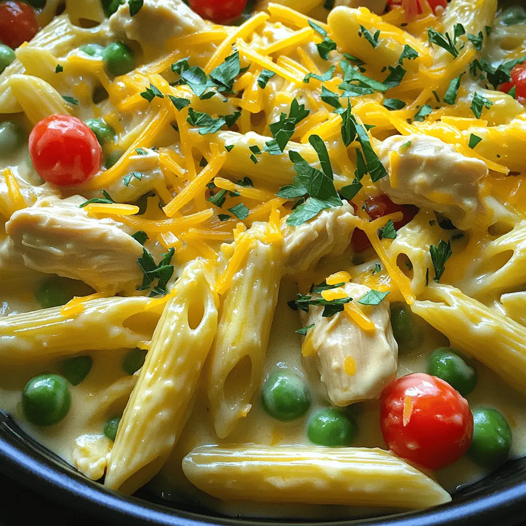 To make this One-Pot Creamy Ranch Chicken Pasta, you will need these ingredients: - 2 tablespoons olive oil - 1 pound chicken breast, diced - 3 cups penne pasta - 4 cups chicken broth - 1 cup heavy cream - 1 packet ranch seasoning mix - 1 cup cherry tomatoes, halved - 1 cup frozen peas - 1 cup shredded cheese (cheddar or mozzarella) - Salt and pepper to taste - Fresh parsley, chopped (for garnish) These items come together to create a tasty meal. You get protein, carbs, and veggies in every bite. If you're missing an ingredient, don't worry! Here are some easy swaps: - Use vegetable broth instead of chicken broth for a vegetarian option. - Swap the penne pasta for rotini or fusilli if you prefer. - Replace heavy cream with half-and-half for a lighter version. - Use Greek yogurt in place of cream for a tangy twist. - You can try different cheeses like gouda or pepper jack for unique flavors. These substitutions can help you use what you have on hand. For this recipe, you will need some basic cooking tools: - A large pot - A cutting board - A sharp knife - A stirring spoon - Measuring cups and spoons Having these items ready will make your cooking smooth and fun. Enjoy the process! To start, I heat 2 tablespoons of olive oil in a large pot over medium heat. Once the oil is hot, I add 1 pound of diced chicken breast. I season it with salt and pepper. I sauté the chicken for about 5-7 minutes. I wait until it's cooked through and lightly browned. This step adds flavor and texture to the dish. Next, I add 3 cups of penne pasta to the pot. Then, I pour in 4 cups of chicken broth and add a packet of ranch seasoning mix. I stir it all well to combine. Bringing this mixture to a simmer is key. I cover the pot and let it cook for 10-12 minutes. I stir occasionally to keep the pasta from sticking. The goal is for the pasta to be al dente. After the pasta is cooked, I reduce the heat to low. I stir in 1 cup of heavy cream, 1 cup of halved cherry tomatoes, and 1 cup of frozen peas. This step makes the dish creamy and colorful. I let it cook for an additional 5 minutes. Everything needs to heat through and blend well. Finally, I remove the pot from heat. I mix in 1 cup of shredded cheese until it melts. I taste and adjust seasoning with salt and pepper. This sauce is rich and comforting, making the dish truly special. When you cook chicken, start with even-sized pieces. This helps them cook at the same rate. Use a meat thermometer to check the chicken's doneness. It should reach 165°F. Avoid overcrowding the pot. This can trap steam and make your chicken soggy. Sauté in batches if needed. Let the chicken rest for a few minutes before cutting. This keeps it juicy. To get a creamy sauce, use heavy cream. It blends well with the ranch seasoning. Stir in the cream slowly over low heat. This helps it combine better. For extra creaminess, add more cheese. Cheddar or mozzarella both work well. You can also mix in a bit of pasta water. It helps the sauce cling to the pasta. This dish is great on its own, but you can add sides. A fresh salad pairs nicely. Try a simple green salad with a light vinaigrette. Garlic bread is a tasty option too. For drinks, serve with iced tea or sparkling water. If you want a fun twist, add a sprinkle of red pepper flakes for heat. {{image_2}} You can easily add veggies to this dish. Try bell peppers for crunch and color. Spinach works great too; just stir it in at the end. Zucchini adds a nice texture. Broccoli florets can also boost nutrition and flavor. The more veggies you add, the better your pasta becomes! If you want to switch proteins, you have options. Turkey or pork works well instead of chicken. Shrimp cooks fast and adds a nice taste. You can use tofu for a vegetarian version. Just make sure to adjust cooking times so everything cooks evenly. Change the flavor with spices. Add garlic powder for a tasty kick. A bit of lemon juice brightens the dish. For a spicy twist, mix in red pepper flakes. You can even swap ranch seasoning for Italian herbs for a fresh taste. Each choice makes the dish fun and unique! To store your leftovers, let the dish cool first. Then, transfer it to an airtight container. Make sure to seal it well. This helps keep the pasta fresh. You can store it in the fridge for up to three days. When you're ready to enjoy your leftovers, heat them gently. You can use a microwave or a pot on the stove. If using a microwave, cover the dish and heat in short bursts. Stir in between to ensure even heating. If using a pot, add a splash of chicken broth. This keeps the pasta from drying out. Heat on low until warmed through. If you want to freeze this dish, use a freezer-safe container. Cool the pasta completely before packing it. It can last in the freezer for up to three months. When you’re ready to eat, thaw it in the fridge overnight. Reheat it on the stove with a bit of broth for a creamy texture. To make this dish dairy-free, swap the heavy cream. Use coconut cream or almond milk instead. Both options add creaminess without dairy. For cheese, try a dairy-free cheese or skip it altogether. This keeps the dish tasty and creamy. Yes, you can use any pasta you like. Bowtie, fusilli, or even gluten-free pasta works well. Just adjust the cooking time based on the pasta shape. Make sure to check for doneness. The key is to have it al dente. If you lack ranch seasoning, you can make your own. Mix equal parts of dried dill, garlic powder, onion powder, and parsley. Add salt and pepper to taste. This homemade mix gives a similar flavor. You can also use Italian seasoning as a quick option. In this blog post, I covered the key ingredients, step-by-step cooking, and helpful tips for your dish. You learned how to prepare chicken, cook pasta, and make a creamy sauce. We also discussed variations and storage methods to keep your food fresh. Feel confident in trying new flavors and ingredients. Cooking is fun, and so is experimenting. Enjoy your meal and share it with others!