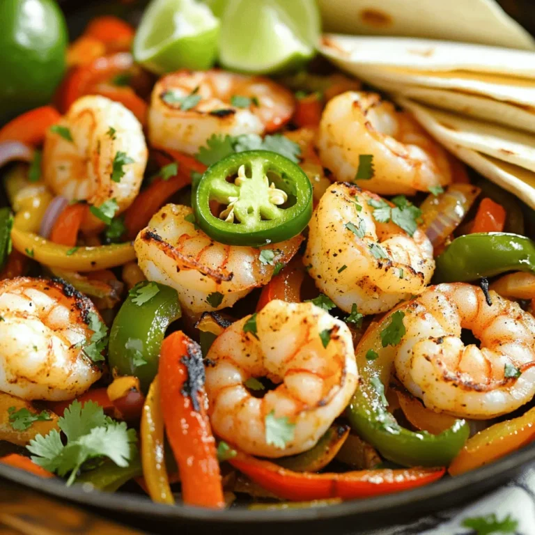 To make One Pan Jalapeño Lime Shrimp Fajitas, you will need: - 1 lb large shrimp, peeled and deveined - 2 tablespoons olive oil - 1 large red bell pepper, sliced - 1 large green bell pepper, sliced - 1 medium onion, sliced - 2 jalapeños, sliced (remove seeds for less heat) - 4 cloves garlic, minced - Juice of 2 limes - Zest of 1 lime - 1 teaspoon ground cumin - 1 teaspoon smoked paprika - Salt and pepper to taste To enhance your dish, consider adding: - Fresh cilantro, chopped - Corn or flour tortillas You can mix things up with different ingredients. Here are some ideas: - Swap the bell peppers for zucchini or mushrooms for a different taste. - Use shrimp alternatives like chicken or tofu for a different protein. - If you lack smoked paprika, regular paprika or chili powder works as a substitute. These options keep the dish fresh and exciting while catering to your taste or what you have on hand. Start by heating your skillet over medium-high heat. Add 1 tablespoon of olive oil. Let the oil get hot. This helps cook the shrimp and veggies well. Next, add sliced onions, red and green bell peppers, and jalapeños to the pan. Sprinkle some salt over them. Sauté for about 5 to 7 minutes. You want the veggies to soften and get a bit charred. Once done, take them out of the pan and set them aside. In the same pan, pour in the last tablespoon of olive oil. Then, add minced garlic. Cook for about 30 seconds. The garlic should smell great! Then, toss in the shrimp. Add cumin, smoked paprika, salt, and pepper. Cook the shrimp for about 3 to 4 minutes. They should turn pink and opaque. Once the shrimp are ready, put the cooked veggies back in the pan. Squeeze the juice of 2 limes over the mix. Don’t forget the lime zest! Toss everything together for another 1 to 2 minutes. This step is key to blending the flavors. Take the pan off the heat. Garnish with chopped cilantro. Serve warm with corn or flour tortillas on the side. Enjoy your One Pan Jalapeño Lime Shrimp Fajitas! To make great fajitas, use fresh ingredients. Fresh shrimp adds a nice taste. Choose ripe bell peppers for color and crunch. Slice them thinly for even cooking. Cook the veggies first until soft, then remove them. This keeps them from overcooking when you add the shrimp. Sauté the shrimp quickly. They cook fast, about 3-4 minutes. They should turn pink and opaque. Avoid crowding the pan. This helps them sear nicely. To enhance your fajitas, serve them with warm tortillas. You can use corn or flour. Top with fresh cilantro for brightness. Add a squeeze of lime to boost flavor. For extra heat, offer sliced jalapeños on the side. You can also serve with avocado slices or a dollop of sour cream. A side of rice or beans pairs well too. These sides add heartiness to your meal. To save time, prep your veggies ahead. Slice the onions and bell peppers the night before. Store them in the fridge for quick access. You can also peel and devein shrimp ahead of time. Store them in a sealed bag. For extra flavor, marinate the shrimp with lime juice and spices for 30 minutes. This makes cooking faster and adds taste. Having everything ready cuts down on cooking time. {{image_2}} You can control the heat in this dish. To make it spicy, keep the seeds in the jalapeños. If you prefer mild, remove the seeds and use fewer jalapeños. You can also adjust the seasoning. Use less cumin and smoked paprika for a gentler taste. This way, you can enjoy the flavors without too much spice. Shrimp is great, but you can change it up. Try chicken or beef instead. Just cut the meat into thin strips and cook it the same way. If you want a plant-based option, use firm tofu or tempeh. They soak up flavors well and add a nice texture. Each protein gives a new twist to the dish. Add extra veggies for more color and flavor. You can use zucchini, mushrooms, or corn. Just slice them thin and toss them in with the other veggies. They will cook quickly and add great taste. This makes your fajitas more colorful and fun. Plus, it boosts nutrition and keeps things interesting. To keep your One Pan Jalapeño Lime Shrimp Fajitas fresh, store leftovers in an airtight container. Let the dish cool down before sealing it. Place it in the fridge within two hours of cooking. This helps avoid bacteria growth and keeps the flavors intact. If you want to save some for later, freezing works well. First, let the fajitas cool completely. Then, pack them tightly in a freezer-safe bag or container. Remove as much air as possible before sealing. When you want to eat them, thaw in the fridge overnight. Reheat gently in a pan over medium heat until warmed through. In the fridge, your fajitas will stay fresh for about 3 days. For the freezer, they can last up to 3 months. After this time, they may lose flavor and texture. Always check for any signs of spoilage before eating. Yes, you can prepare One Pan Jalapeño Lime Shrimp Fajitas ahead of time. To meal prep, cook the shrimp and veggies, then store them in airtight containers. Keep the tortillas separate. When you’re ready to eat, warm the shrimp and veggies in a pan. This keeps the flavors fresh. You can also microwave them if you’re in a hurry. Just be careful not to overcook the shrimp during reheating. You have many options for sides. Here are some ideas: - Mexican rice - Black beans - Avocado slices - Fresh salsa - Grilled corn - A light salad with lime dressing These sides pair well and add more flavor to your meal. You can mix and match based on your taste. To check if shrimp is cooked, look for a few signs: - The shrimp should turn pink. - It should be opaque, not clear. - The texture should feel firm, not mushy. Cooking shrimp takes just a few minutes. Remove it from heat as soon as it’s done. This keeps it tender and juicy. This post covered everything you need to make One Pan Jalapeño Lime Shrimp Fajitas. We looked at key ingredients, tips for perfect cooking, and ways to add variety. Preparing this dish can be quick and easy, with options for different proteins and spice levels. Remember to store leftovers properly to enjoy them later. Get ready to impress friends and family with your tasty fajitas! Cooking should be fun, and with this guide, you’ll make it a breeze. Enjoy your flavorful journey!