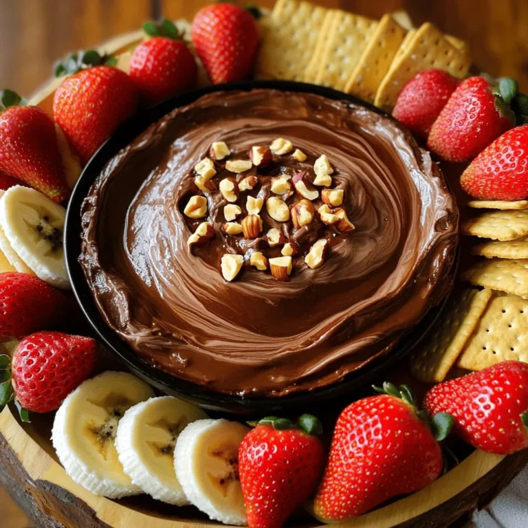 - 8 oz cream cheese, softened - 1/2 cup powdered sugar - 1/2 cup chocolate hazelnut spread (like Nutella) - 1/4 cup heavy cream - 1 teaspoon vanilla extract The base of this dip is cream cheese. It gives the dip a rich taste and helps it stay creamy. I use softened cream cheese so it mixes well. Next, I add powdered sugar for sweetness. You can adjust the amount to match your taste. The chocolate hazelnut spread is the star of the dip. It adds a deep, nutty flavor that pairs with the cream cheese. Heavy cream makes the dip smooth and fluffy. Finally, vanilla extract adds a lovely aroma. Each ingredient plays a key role in creating a delicious dip. - 1/2 cup finely chopped hazelnuts - Fresh fruit (strawberries, bananas) - Graham crackers For garnishes, finely chopped hazelnuts add a nice crunch. You can use fresh fruit like strawberries or bananas for dipping. They add freshness and balance the sweetness. Graham crackers are also great for dipping. They offer a sweet and crunchy base that enhances the dip's flavor. These extras make the dip even more fun to eat. You can mix and match based on your mood or the season. Start by mixing the cream cheese. Place 8 ounces of softened cream cheese in a mixing bowl. Use an electric mixer to beat it until it’s smooth and creamy. This step is key to a good dip. Next, add the powdered sugar. Gradually mix in 1/2 cup of powdered sugar. Keep mixing until it blends well with the cream cheese. This makes the dip sweet and fluffy. Now, it’s time to mix in the chocolate hazelnut spread and heavy cream. Add 1/2 cup of chocolate hazelnut spread and 1/4 cup of heavy cream to the bowl. Also, add 1 teaspoon of vanilla extract. Beat the ingredients together until the mixture is smooth and fluffy. This creates that rich flavor we love. After mixing, taste the dip. If you want it sweeter, add more powdered sugar. Mix it in well until you’re happy with the sweetness. To finish, transfer the dip to a serving bowl. Use a spatula to smooth the top. This makes it look nice for serving. If you like, garnish with finely chopped hazelnuts. Sprinkle about 1/2 cup on top for added texture and flavor. Now, your Chocolate Hazelnut Cheesecake Dip is ready to enjoy! To get the best texture for your dip, you need to beat the cream cheese well. Start with softened cream cheese. Use an electric mixer to beat it until it’s smooth. This step makes the dip creamy and easy to mix with other ingredients. If you find your dip too thick, you can add a little more heavy cream. This will help achieve the right consistency. Choosing the right chocolate hazelnut spread is key. I like to use Nutella, but any good quality spread works. The flavor shines through and adds richness. Use fresh ingredients for dipping too. Strawberries and bananas not only taste great but also look beautiful. You can also try graham crackers for a crunchy contrast. Pair your dip with fresh fruit or graham crackers. They balance the creamy dip. For presentation, use a nice bowl and smooth the top. Sprinkle some chopped hazelnuts on top for added texture. This simple step makes the dip more inviting. Enjoy sharing this delightful treat at your next gathering! {{image_2}} You can easily make this dip fit your needs. For a dairy-free option, use dairy-free cream cheese. This swap keeps the dip creamy and rich without the dairy. If you want a healthier dip, try substituting sweeteners. You can use honey, maple syrup, or a sugar alternative. These options can help cut down on sugar while keeping it tasty. To add a fun twist, try a hint of coffee or espresso. This flavor pairs well with chocolate. Just mix in a teaspoon or two when you blend the dip. For a little kick, consider incorporating liqueurs like Frangelico. This hazelnut liqueur can boost the nutty flavor. Just a splash will do! Your dip can shine with different dippers. Fresh fruit works great. Strawberries and bananas are perfect choices. You can also try apples or pears for variety. If you want something crunchier, graham crackers are classic. But don’t stop there! Try pretzels for a sweet and salty mix. For a savory contrast, pair it with cheese or crackers. This balance of flavors makes it even more fun to eat! You can keep Chocolate Hazelnut Cheesecake Dip in the fridge for up to five days. Store it in an airtight container to keep it fresh. This dip tastes best when served cold, so chilling it for about 30 minutes before serving helps the flavors blend nicely. To store, simply cover the dip tightly with plastic wrap or a lid. Avoid placing it near strong-smelling foods, as it can absorb those odors. If you notice any change in texture or smell, it’s best to toss it out. Yes, you can freeze Chocolate Hazelnut Cheesecake Dip! It stays well in the freezer for about two months. Just make sure to use a freezer-safe container to prevent freezer burn. When you’re ready to enjoy it again, move the dip to the fridge for about 12 hours to thaw. If you need it quicker, you can leave it at room temperature for an hour. After thawing, give it a good stir to restore its creamy texture. If it seems too thick, you can add a bit of heavy cream to loosen it up. What can I use instead of cream cheese? You can use dairy-free cream cheese for a vegan option. Silken tofu also works well. Both provide a creamy base but may alter the taste slightly. How can I make the dip less sweet? To reduce sweetness, cut back on the powdered sugar. You can also use unsweetened cocoa powder. This will give a nice chocolate flavor without adding more sugar. Can I make the dip ahead of time? Yes, you can make this dip a day in advance. Just cover it tightly and keep it in the fridge. This allows the flavors to blend nicely. What are the best dippers for this chocolate hazelnut dip? Fresh fruits like strawberries and bananas are great. Graham crackers also pair well. For a twist, use pretzels for a salty contrast. How many calories are in Chocolate Hazelnut Cheesecake Dip? Each serving has about 250 calories. This can vary based on your choice of dippers and portion size. Are there any healthier alternatives? You can swap powdered sugar for a sugar substitute. Greek yogurt can replace some cream cheese for added protein and fewer calories. You learned how to make a tasty Chocolate Hazelnut Cheesecake Dip. We covered each ingredient, from cream cheese to heavy cream. I shared tips for getting the best texture and flavor. We also explored variations and dietary options to fit your needs. Finally, I included storage tips to keep it fresh. This dip is simple and fun for any occasion. Enjoy creating and sharing it with loved ones!