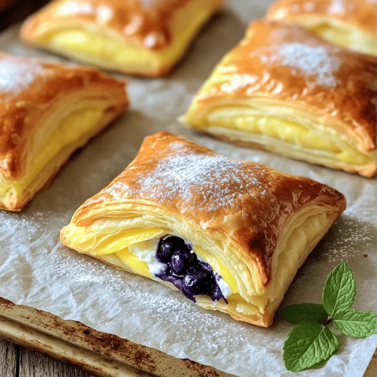 - 1 sheet of puff pastry, thawed - 8 oz cream cheese, softened - 1/2 cup powdered sugar - 1 tablespoon lemon zest - 1 tablespoon lemon juice - 1 cup fresh blueberries - 1 egg, beaten (for egg wash) - 1 teaspoon vanilla extract - 1 tablespoon cornstarch - Pinch of salt - Puff pastry: This flaky dough gives the danish its light and airy texture. It puffs up when baked, creating layers that are crisp and golden. - Cream cheese: Softened cream cheese adds creaminess and richness. It balances the sweet and tart flavors of the lemon and blueberries. - Powdered sugar: This sugar dissolves easily, making the filling smooth and sweet. It helps create a lovely texture in the cream cheese mixture. - Lemon zest and juice: These add bright, fresh flavors. The zest gives a stronger lemon taste, while the juice adds acidity. - Fresh blueberries: Juicy and sweet, they provide bursts of flavor. They also create a beautiful color contrast in the danish. - Egg wash: This beaten egg gives the pastry a shiny, golden finish when baked. It also helps the dough pieces stick together. - Cornstarch: This thickener helps the blueberry filling set as it bakes. It keeps the filling from being too runny. - Pinch of salt: Just a little salt balances the sweetness and enhances other flavors in the dish. Each serving of this Blueberry Lemon Cream Cheese Danish contains about: - Calories: 250 - Fat: 15g - Carbohydrates: 28g - Protein: 4g - Fiber: 1g - Sugar: 8g This danish is a delightful treat. It combines creaminess, sweetness, and a hint of tartness. Enjoy it fresh from the oven for a special breakfast or snack! 1. Preheat your oven to 375°F (190°C). This step is key for great baking. 2. Take your puff pastry out and thaw it. On a floured surface, roll it out. Aim for a rectangle about 1/8-inch thick. 3. Cut the rolled pastry into four equal squares. Each square will hold the filling. 4. In a bowl, mix the softened cream cheese, powdered sugar, vanilla, lemon zest, lemon juice, and a pinch of salt. Stir until it is smooth and creamy. 5. In a separate bowl, toss the fresh blueberries with cornstarch. Gently coat them to help thicken the filling. 6. Place a generous spoonful of the cream cheese mix in the center of each pastry square. Top it with a tablespoon of the blueberry mix. 7. Fold the corners of each square towards the center. Pinch the seams to keep the filling secure. You can leave a small opening for the filling to peek through. 8. Brush the tops with the beaten egg. This gives them a lovely golden color. 9. Bake for 20-25 minutes. Look for a puffed and golden brown finish. 10. After baking, remove them from the oven. Let them cool for a few minutes before serving. - Dust with extra powdered sugar for a sweet touch. - Garnish with a sprig of mint for a pop of color. - These danishes taste best warm or at room temperature. Enjoy! To get the best puff pastry, keep it cold. Start with a cold surface and tools. Thaw the pastry in the fridge, not on the counter. Roll it gently to keep layers intact. This helps the pastry puff up nicely in the oven. You want it about 1/8-inch thick for the best texture. One common mistake is overworking the dough. This can lead to tough pastry instead of flaky layers. Another mistake is skipping the egg wash. The egg wash gives your danish a beautiful golden color. Make sure to brush it on before baking. Lastly, don’t forget to use cornstarch with the blueberries. It thickens the filling and prevents a soggy bottom. For deeper flavor, use fresh lemon zest. It brightens the cream cheese mix and pairs well with blueberries. You can also add a pinch of cinnamon for warmth. Mixing in a bit of vanilla extract enhances the taste, too. For texture, try not to overcrowd the filling. Leave space for the pastry to puff. Lastly, let the danishes cool slightly before serving. This helps the filling set and improves the overall taste. {{image_2}} You can change some ingredients to fit your taste. Try using Greek yogurt in place of cream cheese. It will give a tangy twist and a lighter texture. If you need a dairy-free option, use vegan cream cheese. For sweetness, you can swap powdered sugar with maple syrup or honey. Each substitute will give your danish a unique flavor. While blueberries shine in this recipe, other fruits work well too. Try fresh raspberries for a tart kick. Strawberries offer a sweet, juicy bite. If you want a tropical twist, use diced mango or pineapple. You can even mix fruits, like blueberries and strawberries, for a colorful treat! Seasonal flavors can elevate your danish. In spring, add fresh strawberries and mint for a refreshing taste. Summer brings ripe peaches, which add a sweet touch. In fall, use spiced apples or pears with cinnamon. Winter calls for cranberry and orange for a festive vibe. Play with flavors and enjoy the seasons in every bite! Store your leftover Blueberry Lemon Cream Cheese Danish in an airtight container. Make sure they are completely cool before sealing. This helps keep the crust crisp and the filling fresh. You can keep them in the fridge for up to three days. If you want them to last longer, freezing is a great option. To reheat the danish, preheat your oven to 350°F (175°C). Place the danish on a baking sheet. Heat them for about 10-15 minutes. This will help restore their crispy texture. You can also use a microwave if you’re in a hurry. Just heat them for 20-30 seconds, but know that the crust may become soft. If you want to freeze the danish, wrap each one tightly in plastic wrap. Then, place them in a freezer-safe bag or container. They can freeze well for up to three months. When you’re ready to enjoy, thaw them overnight in the fridge. Then, reheat them in the oven for the best results. Yes, you can prepare the filling ahead of time. Mix the cream cheese, sugar, lemon zest, and blueberries. Store it in the fridge for up to two days. When you’re ready, assemble and bake the danish. This saves time and helps you enjoy fresh danish without stress. If you need a cream cheese substitute, try mascarpone cheese. It has a similar texture and taste. Greek yogurt is another option, but it may change the flavor a bit. For a dairy-free option, use cashew cream. Blend soaked cashews until smooth for that creamy consistency. Your danish is done when it looks golden brown and puffy. The filling should bubble slightly, indicating it’s hot inside. Use a toothpick to check the pastry. If it comes out clean, the danish is ready. Let it cool slightly before serving for the best taste. In this post, I covered key ingredients and their benefits, giving you a solid base. I walked you through each step to make delicious pastry, from prep to baking. I also shared tips to avoid mistakes and ensure great flavor. Finally, we explored variations and storage to keep your pastries fresh. Remember, with practice, you can create amazing treats that impress everyone. Enjoy the process and keep experimenting in your kitchen!
