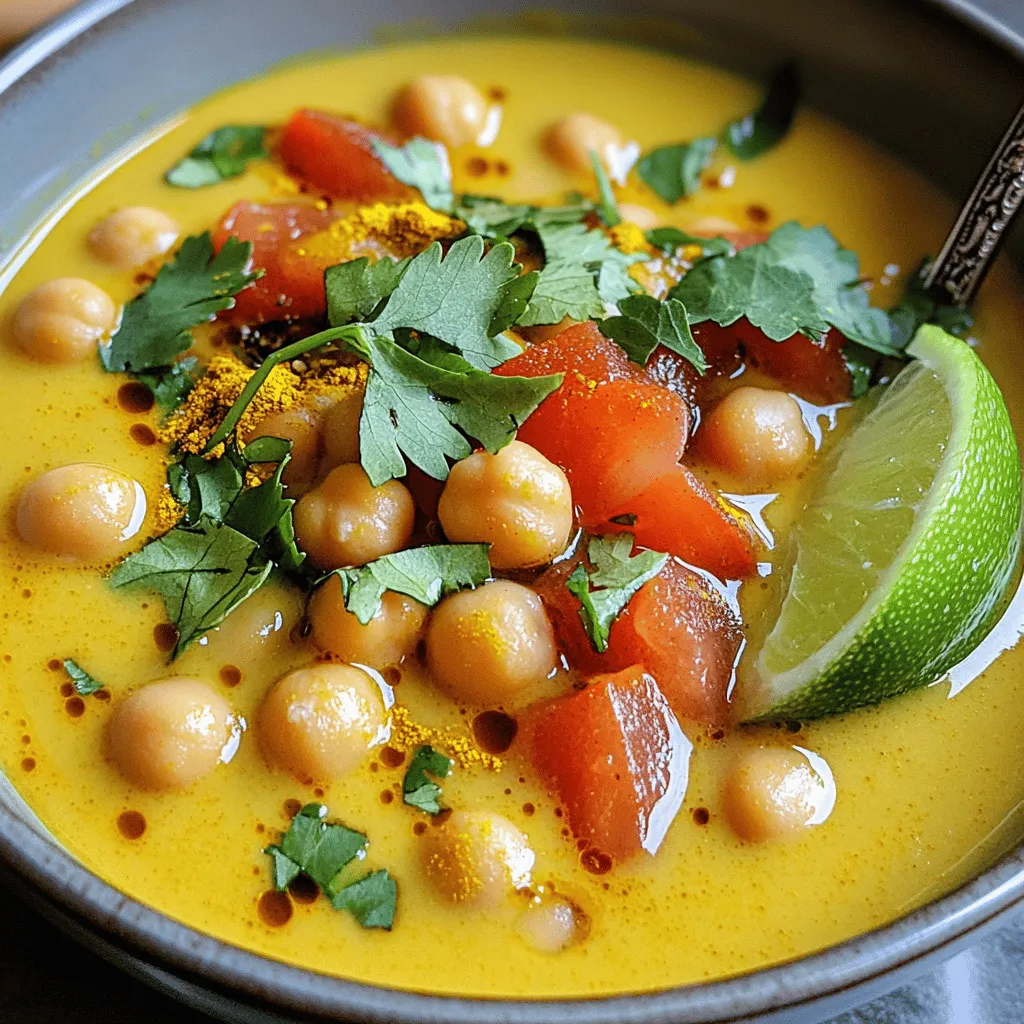 To make this soup, you need a few key ingredients. They work together to create a rich and tasty dish. Here’s what you will need: - 1 can (15 oz) chickpeas, drained and rinsed - 1 can (14 oz) coconut milk - 1 tablespoon olive oil - 1 medium onion, diced - 3 cloves garlic, minced - 1-inch piece ginger, grated - 1 can (14 oz) diced tomatoes - 2 cups vegetable broth - 1 teaspoon ground cumin - 1 teaspoon turmeric powder - ½ teaspoon chili powder (adjust for heat preference) - Salt and pepper to taste - Fresh cilantro, for garnish - Juice of 1 lime These ingredients bring warmth and flavor to the soup. The coconut milk adds creaminess, while the spices give it a lovely kick. You might already have some of these staples in your pantry. Here are the common ones you'll need: - Olive oil - Ground cumin - Turmeric powder - Chili powder - Salt and pepper These items are great to keep on hand. They can enhance many dishes beyond this soup. To make your soup even better, you can add some garnishes or variations. Here are some ideas: - Fresh cilantro - Lime wedges - Avocado slices - Crushed red pepper for extra heat You can also try adding different proteins, like chicken or shrimp, for a heartier meal. Feel free to mix and match to find your favorite version! Start by heating olive oil in a large pot over medium heat. Once hot, add the diced onion. Cook it for about five minutes until it turns soft and clear. This step builds a nice base for your soup. Next, toss in the minced garlic and grated ginger. Stir them for two minutes. You want to release their lovely smells. Now it's time to add the spices. Add ground cumin, turmeric powder, and chili powder. Mix well to coat the onions. This helps the spices bloom and fills your kitchen with wonderful aromas. After the spices are well mixed, pour in the diced tomatoes along with their juice. Then add the drained chickpeas and vegetable broth. Stir everything together and bring the mix to a gentle simmer. Let it cook for about ten minutes. This allows the flavors to blend nicely. Once the soup simmers, it’s time for the coconut milk. Stir it in, and season with salt and pepper to taste. Let it cook for an additional five minutes. This adds a rich, creamy texture to your soup. Now, it’s blending time. Use an immersion blender to puree the soup to your desired smoothness. If you prefer a chunkier texture, blend just a portion in a standard blender. After blending, squeeze the juice of one lime into the soup. This adds a bright flavor that balances the creaminess. Stir well and taste. Adjust the seasoning if needed. Serve your soup hot and garnish with fresh cilantro for a pop of color and flavor. Enjoy! To boost the taste of your soup, use fresh spices. Ground spices lose flavor over time. Always check the freshness of your spices before adding them. Adding lime juice at the end brightens the dish. Fresh cilantro adds a nice touch too. If you like heat, adjust the chili powder. Start with less, then taste and add more if needed. This way, you control the spice level. For a creamy texture, use full-fat coconut milk. It adds richness and depth. If you want a chunkier soup, blend only part of the soup. This keeps some chickpeas whole for texture. Using an immersion blender lets you control the smoothness easily. If you like a thinner soup, add more vegetable broth. Keep adjusting until you find your perfect consistency. When cooking with coconut milk, stir well to avoid separation. Heat it gently; high heat can cause it to break. Add coconut milk toward the end of cooking. This keeps its flavor bright and fresh. If your soup looks too oily, stir in some broth to balance it. Coconut milk can solidify in the fridge, so warm it up before using. Always taste as you go to ensure balanced flavors. {{image_2}} This soup is already vegan and gluten-free! The chickpeas and coconut milk make it rich and creamy without any animal products or gluten. If you want to change things up, use vegetable broth made from scratch. This can boost the flavor even more. You can also add more veggies like spinach or sweet potatoes for extra nutrients. If you like spice, add more chili powder or fresh chili peppers. You can also use crushed red pepper flakes. Start with a small amount, then taste. You can always add more heat! Another fun idea is to use jalapeños. Just sauté them with the onions at the start. They give a nice kick to the soup. Want to mix in some protein? You can add tofu, tempeh, or even cooked lentils. Just cube the tofu and sauté it with the onions. If you want to add meat, shredded chicken or shrimp works well. Make sure to cook the meat separately, then stir it in at the end. This keeps the flavors fresh and tasty. Each of these variations can make your creamy coconut chickpea soup unique and delicious. Enjoy trying different twists! After you make this creamy coconut chickpea soup, let it cool first. Once cool, pour it into an airtight container. Make sure to seal it well. Store it in the fridge for up to four days. This way, you can enjoy your soup later without losing any flavor. If you want to keep your soup for longer, freezing is a great option. Use freezer-safe containers or bags. Fill them, but leave some space at the top. This allows the soup to expand as it freezes. You can store it in the freezer for up to three months. Just remember to label your containers with the date. When you're ready to eat the soup, pull it from the fridge or freezer. If frozen, let it thaw in the fridge overnight. For reheating, pour the soup into a pot. Heat it over medium-low heat, stirring often. This keeps the soup smooth and prevents sticking. Add a splash of water or broth if it seems too thick. Enjoy it warm, and feel free to add fresh cilantro or lime juice before serving! Yes, you can use fresh chickpeas. Start by soaking them overnight. After soaking, boil them until tender. This will take about an hour. Canned chickpeas save time, but fresh ones add a nice texture. If you use fresh chickpeas, adjust the cooking time in the recipe. If you don’t have coconut milk, use almond milk or cashew cream. These will change the flavor but keep the soup creamy. You can also try soy milk, but it may not be as rich. For a thicker option, blend soaked cashews with water. To make the soup spicier, add more chili powder or fresh chili peppers. You can also include cayenne pepper for extra heat. If you want a milder soup, reduce the chili powder. You can add a bit of sugar to help balance the heat. In this blog post, we explored how to make creamy coconut chickpea soup. We discussed key ingredients, step-by-step instructions, helpful tips, variations, storage info, and answered common questions. Each part helps you craft this tasty soup with ease. Now, you can enjoy its rich flavors and creamy texture while making it your own. Try experimenting with spices and add-ins to discover your favorite twist. Enjoy your cooking adventure!