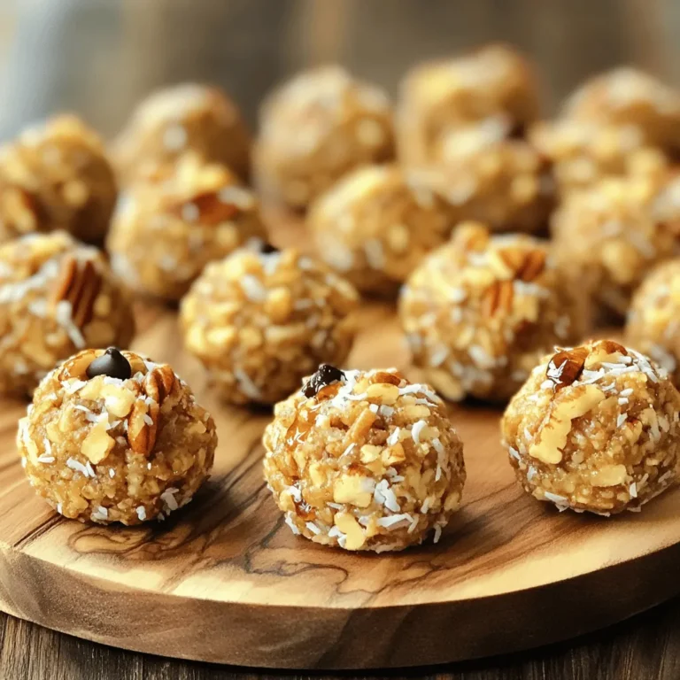 To make No-Bake Maple Pecan Energy Bites, gather these ingredients: - 1 cup rolled oats - 1/2 cup pecans, finely chopped - 1/2 cup almond butter (or peanut butter) - 1/3 cup pure maple syrup - 1/4 cup honey (or agave syrup for a vegan option) - 1/2 cup unsweetened shredded coconut - 1/4 teaspoon salt - 1 teaspoon vanilla extract - Optional: 1/4 cup mini dark chocolate chips These ingredients work together to create a tasty, healthy snack. The oats provide fiber, while the pecans add crunch and good fats. Almond butter gives a creamy texture, and maple syrup adds natural sweetness. You can customize your energy bites with these optional add-ins: - Dried fruit (like cranberries or raisins) - Seeds (such as chia or flaxseed) - Spices (like cinnamon or nutmeg) Adding these can enhance flavor and nutrition. Feel free to mix and match based on your taste! These energy bites are not just tasty but also nutritious. Here's a rough estimate per bite: - Calories: 100 - Protein: 3g - Fat: 5g - Carbohydrates: 10g - Fiber: 1g This snack provides energy without added sugars. It's perfect for a quick bite before or after workouts. Start by gathering all your ingredients. You will need rolled oats, finely chopped pecans, almond butter, maple syrup, honey, shredded coconut, salt, and vanilla extract. If you want, add mini dark chocolate chips for some extra sweetness. In a large mixing bowl, combine the rolled oats and chopped pecans. Make sure they mix well. This step helps create a solid base for your energy bites. Next, grab another bowl. In this bowl, whisk together the almond butter, maple syrup, honey, salt, and vanilla extract. Mix until it is smooth and creamy. This wet mixture adds flavor and binds everything together. Now, pour this wet mixture into the bowl with the oats and pecans. Add the shredded coconut and chocolate chips if you chose to include them. Mix everything well until all the dry ingredients are coated. This ensures each bite has great flavor. Once the mixture is combined, it’s time to form the energy bites. Use your hands to shape the mix into small balls about one inch wide. Place each ball on a lined baking sheet or plate. After forming all the bites, put them in the fridge for at least 30 minutes. This helps them firm up. Once they are set, you can store them in an airtight container. Keep them in the fridge, and they will last for about a week. To get the best texture for your energy bites, use rolled oats. They give a nice chew. If you want a softer bite, add more almond butter. Mix well to ensure every oat is coated. After mixing, let the mixture chill for a bit. This helps it firm up nicely. You can swap almond butter for peanut butter if you prefer. For a nut-free option, try sunflower seed butter. Honey can be replaced with agave syrup for a vegan treat. If you want to add a crunch, use walnuts instead of pecans. These bites are great for any time. Serve them as a quick snack or a healthy dessert. You can place them on a fancy plate for a gathering. For added flair, sprinkle extra coconut or chopped pecans on top. They also work well in lunch boxes or as post-workout fuel. {{image_2}} You can mix flavors to make your energy bites unique. Try adding dried fruits like cranberries or apricots. You can also add nuts such as walnuts or almonds. For a sweet kick, use cinnamon or a dash of nutmeg. If you love chocolate, mini dark chocolate chips are a great addition. Each flavor creates a new experience! If you need to adjust for diet, it's easy to swap ingredients. Use almond butter for nut allergies or peanut butter for a classic taste. To make it vegan, replace honey with agave syrup. You can also skip the chocolate chips or use dairy-free ones. These changes keep your energy bites tasty and safe for everyone. Using seasonal ingredients can make your bites extra special. In fall, add pumpkin spice or some pumpkin puree for a cozy touch. In summer, include fresh berries or coconut for a tropical flair. You can even mix in a bit of citrus zest in spring for a refreshing taste. Seasonal swaps keep your snacks fresh and fun! After you make the No-Bake Maple Pecan Energy Bites, place them in an airtight container. This will keep them fresh. Store the container in the refrigerator. Chilling helps them hold their shape. The bites need at least 30 minutes in the fridge to firm up after rolling. You can freeze these energy bites for later. Place them in a single layer on a baking sheet. Put the sheet in the freezer for about an hour. Once they are firm, transfer the bites to a freezer bag. They will stay good for up to three months. Just thaw them in the fridge before eating. In the refrigerator, these energy bites last for one week. If you freeze them, they stay fresh for three months. This makes them a great snack to have on hand. You can enjoy them anytime you want a quick pick-me-up. No-Bake Maple Pecan Energy Bites last about one week in the fridge. To keep them fresh, store them in an airtight container. The cold helps hold their shape and keeps flavors strong. After a week, they may lose some taste and texture. Yes, you can make these energy bites vegan! Simply swap honey for agave syrup. This change makes the recipe fully plant-based. Use almond butter or peanut butter for a creamy base. The rest of the ingredients are already vegan-friendly. These energy bites offer many health benefits. They contain rolled oats, which provide fiber for digestion. Pecans add healthy fats and protein, helping you feel full. Almond butter gives you energy and nutrients. Maple syrup adds natural sweetness without refined sugar. The shredded coconut offers antioxidants, boosting your immune system. Overall, these bites are a great snack! We explored how to make tasty No-Bake Maple Pecan Energy Bites. You learned about choosing ingredients and optional add-ins. The step-by-step guide showed how to mix and form the bites. Tips helped you perfect the texture and suggested variations for flavor. Lastly, we covered storage and answered common questions. These bites are a fun, healthy snack. Enjoy making them your own!