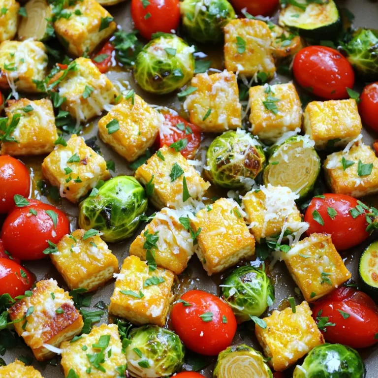 - 1 block (14 oz) firm tofu, drained and pressed - 2 cups Brussels sprouts, halved - 1 red bell pepper, chopped - 1 cup cherry tomatoes, halved - 1 medium zucchini, sliced - 4 tablespoons olive oil - 4 tablespoons grated Parmesan cheese - 4 cloves garlic, minced - 1 teaspoon dried oregano - 1 teaspoon paprika - Salt and pepper to taste - Fresh parsley, chopped When I prepare this dish, I love using firm tofu. It absorbs flavors well and gives a great texture. Brussels sprouts add a nice crunch, while red bell pepper brings sweetness. Cherry tomatoes burst with juice, and zucchini adds a tender bite. For seasoning, I lean on olive oil, garlic, and dried oregano for depth. Paprika gives a bit of warmth, while salt and pepper tie everything together. The grated Parmesan cheese melts beautifully, creating a savory layer. To finish, I sprinkle fresh parsley on top. It adds color and a fresh taste. This combination of ingredients creates a delightful harmony that you will love. First, preheat your oven to 400°F (200°C). Line a large sheet pan with parchment paper. This helps keep the food from sticking and makes cleanup easy. Next, take your block of firm tofu. Drain the water and press it to remove excess moisture. This step is key for crispy tofu. Cut the pressed tofu into 1-inch cubes and place them in a large mixing bowl. Now, it's time to add flavor. Pour 2 tablespoons of olive oil over the tofu. Add minced garlic, dried oregano, paprika, salt, and pepper. Toss everything well so the tofu gets coated. In the same bowl, add halved Brussels sprouts, chopped red bell pepper, halved cherry tomatoes, and sliced zucchini. Drizzle the remaining 2 tablespoons of olive oil over these veggies. Season them with salt and pepper too. Toss again to coat all the veggies in oil and seasonings. Spread the tofu and veggie mix evenly on the prepared sheet pan. Make sure they are in a single layer. This helps them roast evenly. Now, sprinkle grated Parmesan cheese over the top of everything. Place the sheet pan in the preheated oven and roast for 25 to 30 minutes. Toss the mix halfway through for even cooking. Once done, the tofu should be golden and crispy, while the veggies are tender and caramelized. Remove the pan from the oven and let it cool for a few minutes. Garnish with chopped parsley before serving. How to achieve crispy tofu To get that perfect crispy tofu, start with firm tofu. Drain and press it well to remove excess moisture. I often place a heavy object on top for about 30 minutes. This step is key. After pressing, cut the tofu into 1-inch cubes. Toss them in olive oil, garlic, and spices. Spread the cubes on the sheet pan in a single layer. Roast them at 400°F (200°C) until golden brown. This ensures even cooking and crispiness. Best methods for pressing tofu Pressing tofu is simple but vital. Wrap the tofu block in a clean kitchen towel. Place it on a plate and add weight on top. A cast-iron skillet or a few cans work great. Let it sit for at least 30 minutes. This process helps squeeze out water, making the tofu firmer. Drier tofu absorbs flavors better and cooks crispier. Recommendations for seasonal vegetables Using seasonal veggies can elevate your dish. Try Brussels sprouts, bell peppers, and zucchini in spring. In summer, add eggplant or corn for a fresh twist. Fall brings butternut squash and kale, while winter offers hearty root vegetables like carrots and sweet potatoes. These choices not only taste great but also support local farmers. Substituting ingredients based on availability Don’t stress if you can’t find a veggie. You can easily swap out ingredients. If you lack Brussels sprouts, try broccoli or green beans. If you can’t find zucchini, use yellow squash instead. The key is to keep the flavors balanced. Just remember to adjust cooking times for different veggies. Adding spices or herbs for extra flavor Enhance your dish by mixing in spices or herbs. Try adding crushed red pepper for heat. Fresh herbs like basil or thyme can brighten the flavor. You can also experiment with smoked paprika for a deeper taste. Just a pinch can change the whole dish. Techniques for achieving a caramelized finish To get that nice caramelized finish, make sure the veggies are not crowded on the pan. Spacing allows the heat to circulate, which helps with browning. Another trick is to toss the veggies halfway through roasting. This ensures even cooking and promotes that lovely caramelization. {{image_2}} You can switch tofu for tempeh or chickpeas. Tempeh adds a nutty taste and is rich in protein. It absorbs flavors well and cooks nicely. Chickpeas offer a great crunch and are also high in protein. Both options make the dish hearty and delicious. If you want a vegan option, try using vegan cheese. Look for brands that melt well. They can give you a creamy texture without dairy. You can also experiment with different cheeses. Feta or goat cheese can add a tangy flavor. Cheddar or mozzarella can provide a nice richness. To spice things up, add chili flakes for heat. This will give your dish a nice kick. For a Mediterranean twist, try adding Italian herbs like basil or thyme. If you prefer Asian flavors, add soy sauce or sesame oil. These options allow you to customize the dish to your taste. Store your leftovers in an airtight container. This keeps the dish fresh. Place it in the fridge within two hours of cooking. If stored properly, the leftovers will last for about 3 to 5 days. Yes, you can freeze the cooked dish. Make sure it cools down before freezing. Use a freezer-safe container to keep it airtight. When ready to eat, thaw it in the fridge overnight. Reheat in an oven or microwave until hot. For quick assembly, pre-chop all veggies ahead of time. Store them in separate containers in the fridge. Cut the tofu into cubes and keep it in a separate container. For meal prep convenience, pack individual servings in airtight containers. This makes it easy to grab and go! Yes, you can easily make this dish vegan. Just replace the Parmesan cheese with a vegan cheese option. Nutritional yeast is a great substitute for a cheesy flavor. It adds a nice umami touch without dairy. You can also add more spices or herbs to enhance the taste. This dish pairs well with many sides. Here are some fun ideas: - Quinoa or brown rice for a filling meal - A fresh green salad for crunch - Garlic bread for a tasty side - A creamy avocado dip to add richness Cooking times can vary between ovens. If you use a convection oven, check your dish around 20 minutes. Convection ovens cook faster. For conventional ovens, stick to the full 25-30 minutes. Always check for that golden color on the tofu and tender veggies. Tossing halfway through helps ensure even cooking. This blog post covered a tasty roasted vegetable and tofu dish. We explored key ingredients, important seasoning, and methods for preparation. You learned how to achieve crispy tofu and add extra flavor. I shared variations with different proteins and cheeses, as well as storage tips for leftovers. Incorporating these ideas makes cooking fun and easy. You can create your own tasty meals at home. Enjoy trying out new flavors and techniques! Happy cooking!