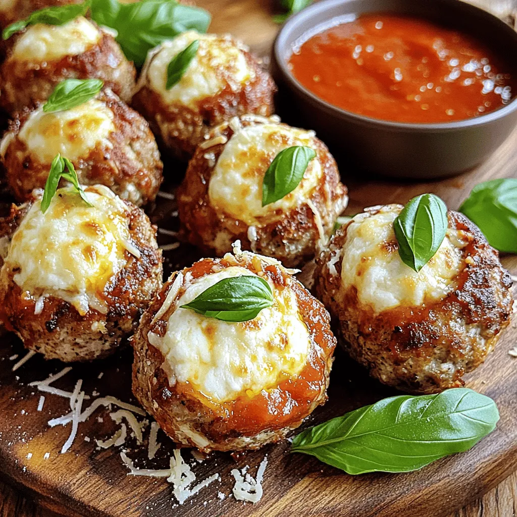 To make Air Fryer Mozzarella Stuffed Chicken Meatballs, gather the following ingredients: - 1 lb ground chicken - 1 cup breadcrumbs - 1/2 cup grated Parmesan cheese - 1 teaspoon garlic powder - 1 teaspoon Italian seasoning - 1/2 teaspoon salt - 1/2 teaspoon black pepper - 1 cup shredded mozzarella cheese - 1 egg, beaten - 1 tablespoon olive oil - Fresh basil leaves for garnish (optional) You can swap some ingredients if you need to. Here are a few ideas: - Use turkey instead of ground chicken for a leaner option. - Replace breadcrumbs with crushed cornflakes or gluten-free bread for a gluten-free choice. - Try different cheeses like cheddar or provolone for a unique flavor twist. - If you lack Parmesan, grated Pecorino Romano works well too. Garnishes can make your dish look great. Consider adding: - Fresh basil leaves for a pop of color and flavor. - Extra grated Parmesan on top for added richness. - A drizzle of marinara sauce for a tasty dip. - Crushed red pepper flakes for a hint of heat. These simple additions can elevate your meal! To start, grab a large mixing bowl. Add 1 pound of ground chicken, 1 cup of breadcrumbs, and ½ cup of grated Parmesan cheese. Next, sprinkle in 1 teaspoon of garlic powder, 1 teaspoon of Italian seasoning, ½ teaspoon of salt, and ½ teaspoon of black pepper. Finally, crack an egg and beat it before adding it to the bowl. Mix everything together with your hands or a spoon until it forms a smooth mixture. Now, let’s form the meatballs. First, preheat your air fryer to 380°F (190°C). Prepare a small bowl of water. Wet your hands to avoid stickiness. Take about 2 tablespoons of the chicken mixture and flatten it in your palm. Place 1 tablespoon of shredded mozzarella cheese in the center of the flattened chicken. Carefully mold the chicken around the cheese to form a ball. Repeat this process until you’ve used all the mixture. Once your meatballs are ready, lightly brush or spray them with olive oil. This helps them get crispy. Place the meatballs in the air fryer basket in a single layer. Make sure they do not touch each other. Air fry the meatballs for 12 to 15 minutes. They should turn golden brown and reach an internal temperature of 165°F (74°C). After cooking, carefully remove them from the fryer. Let them rest for a few minutes. They will be very hot! If you like, garnish with fresh basil leaves for a nice touch before serving. To keep the cheese inside the meatball, make sure to seal it well. After you flatten the chicken mixture, place the cheese in the center. Gently fold the edges over the cheese. Pinch the seams tightly to prevent any leaks. A little extra effort here pays off with gooey, melted cheese inside. Use a meat thermometer to check the meatballs. They should reach an internal temperature of 165°F (74°C). This ensures they are fully cooked and safe to eat. If you want a crispier outside, spray a little olive oil before cooking. This will help achieve that golden-brown finish we all love. Preheat your air fryer to 380°F (190°C). This helps the meatballs cook evenly. Do not overcrowd the basket; give them space to cook well. Cook in batches if needed. Turn the meatballs halfway through cooking for even browning. Let them rest for a few minutes after cooking. This helps the cheese settle and keeps it melty inside. {{image_2}} You can change the cheese in your meatballs for new flavors. Try using cheddar, gouda, or provolone. Each cheese brings a different taste. You can mix cheeses too! For a spicy kick, add pepper jack cheese. This adds a fun twist to your dish. The seasoning in this recipe is key. But feel free to get creative! Instead of Italian seasoning, try taco seasoning for a bold taste. You can also use smoked paprika for a smoky flavor. If you love heat, add red pepper flakes. Adjust the salt and pepper based on the seasoning you use. Adding veggies or herbs can boost nutrition and flavor. Finely chop spinach or zucchini and mix them in. This adds moisture and makes the meatballs healthier. You can also add fresh herbs like parsley or cilantro for a fresh taste. These small changes can make a big impact on your meatballs! After making your air fryer mozzarella stuffed chicken meatballs, you'll likely have some leftovers. To store them, let the meatballs cool down first. Place them in an airtight container. They can last in the fridge for up to three days. Make sure to separate layers with parchment paper to keep them from sticking together. When you’re ready to enjoy your leftovers, reheating is easy. Preheat your air fryer to 350°F (175°C). Place the meatballs in the air fryer basket in a single layer. Heat them for about 5 to 7 minutes. This keeps them crispy and warm. You can also use a microwave if you're in a hurry, but the air fryer gives better results. If you want to save some meatballs for later, freezing is a great option. First, let the cooked meatballs cool completely. Then, arrange them in a single layer on a baking sheet. Freeze them for about an hour. Once frozen, transfer them to a freezer bag or container. They can stay frozen for up to three months. To reheat, cook them straight from the freezer in your air fryer. Yes, you can! Ground turkey or pork works well too. Each type brings its own flavor. Ground beef is another option, but it may be fattier. Choose what you like best. Just keep the cooking time similar, so they cook evenly. I recommend a basket-style air fryer for this recipe. They are easy to use and clean. Look for one with adjustable temperature settings and good capacity. A model with at least 3.5 quarts can cook these meatballs well. Brands like Ninja and Philips are popular choices. To make gluten-free meatballs, swap regular breadcrumbs for gluten-free ones. You can also use crushed rice crackers or almond flour. Just ensure that all other ingredients are gluten-free. Double-check labels on seasonings and cheese to avoid hidden gluten. Enjoy without worry! You learned about making tasty meatballs in this article. We covered key ingredients, step-by-step directions, and tips for success. You can swap ingredients and try fun variations. Follow storage tips to keep your leftovers fresh. For any questions, I provided helpful answers. Now you can cook delicious meatballs with ease. Enjoy your meals, share them with friends, and experiment with flavors. Happy cooking!