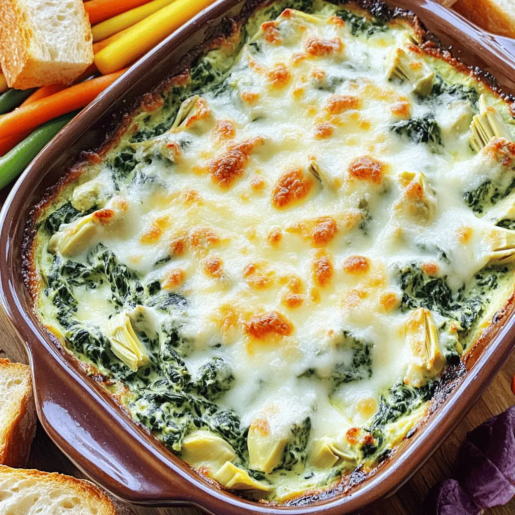 - 1 cup fresh spinach, chopped - 1 cup artichoke hearts, drained and chopped - 1 cup cream cheese, softened - 1/2 cup sour cream - 1/2 cup mayonnaise - 1 cup shredded mozzarella cheese - 1/2 cup grated Parmesan cheese - 2 cloves garlic, minced - 1/2 teaspoon onion powder - 1/4 teaspoon red pepper flakes (optional) - Salt and pepper to taste To make a great creamy spinach artichoke dip, you need fresh ingredients. Start with one cup of fresh spinach. This adds color and nutrition. Next, grab one cup of artichoke hearts. They should be drained and chopped to blend well. You will need one cup of cream cheese, softened to mix easily. Use half a cup each of sour cream and mayonnaise to make it creamy and rich. For that cheesy goodness, get one cup of shredded mozzarella cheese and half a cup of grated Parmesan cheese. For flavor, add two cloves of minced garlic and half a teaspoon of onion powder. If you like heat, include a quarter teaspoon of red pepper flakes. Finally, use salt and pepper to taste. These ingredients come together to create a delicious dip that is hard to resist. Prepare to impress your friends and family with this tasty treat! - Preheat your oven to 350°F (175°C). - Grease your baking dish with a little oil or butter. - In a mixing bowl, combine 1 cup of softened cream cheese, 1/2 cup of sour cream, and 1/2 cup of mayonnaise. Mix until smooth. - Add 2 minced garlic cloves, 1/2 teaspoon onion powder, and 1/4 teaspoon red pepper flakes (if you want some heat). Stir well. - Stir in 1 cup of chopped fresh spinach and 1 cup of drained, chopped artichokes. Mix until everything is even. - Fold in 1 cup of shredded mozzarella and 1/2 cup of grated Parmesan cheese. Season with salt and pepper to taste. - Transfer the mixture into the greased baking dish. Spread it out evenly and smooth the top. - If you reserved some mozzarella, sprinkle it on top for a cheesy finish. - Bake in your preheated oven for about 25-30 minutes. Look for a bubbly and golden top. - Once done, take it out and let it cool for a few minutes. Now, it's ready to serve! To get the best texture, make sure to mix your ingredients well. When you bake the dip, it should be creamy and bubbly. The cheese needs to melt, and the top should get a nice golden color. Avoid overbaking, as this can dry out the dip. Check it after 25 minutes. If it looks bubbly and the top is golden, it's ready! For the best experience, serve your dip with crunchy items. Toasted baguette slices, tortilla chips, or fresh veggie sticks work great. These pair well with the creamy dip. For a fun twist, try using a hollowed-out bread bowl. This adds flair and makes it easy to enjoy. You can also sprinkle some fresh parsley or extra Parmesan on top for color. {{image_2}} For a vegan version of this dip, you can swap out dairy ingredients. Use cashew cream or silken tofu instead of cream cheese. For sour cream, try coconut yogurt or a store-bought vegan sour cream. Instead of mayonnaise, blend soaked cashews or use a vegan mayo. These changes keep the flavor creamy and rich without dairy. If you love heat, add jalapeños or hot sauce. Diced fresh jalapeños mixed in can give a nice kick. You can also drizzle hot sauce into the mix or serve it on the side. Adjust the amount based on your spice tolerance. This twist adds excitement and depth to the classic dip. To enhance the flavor, consider different cheeses. Swap mozzarella for gouda or pepper jack for a smoky taste. You can also add cream cheese with herbs for extra flavor. Mixing in some cheddar gives it a sharp bite. Don’t be afraid to experiment; cheese is a great way to make this dip your own! To keep your creamy spinach artichoke dip fresh, store it in the fridge. Use an airtight container to prevent moisture loss. The dip will stay good for about 3 to 5 days. When you want to reheat the dip, take it out of the fridge. Place it in an oven-safe dish. Cover it with foil to keep it from drying out. Heat at 350°F (175°C) for about 15 to 20 minutes. Stir it halfway through to keep it creamy. You can also microwave it in a bowl. Heat it in short bursts, stirring in between. You can freeze creamy spinach artichoke dip for later use. First, let the dip cool completely. Then, transfer it to a freezer-safe container. Make sure to leave some space at the top, as the dip will expand when frozen. Label the container with the date. The dip can last up to 2 months in the freezer. When you’re ready to eat it, thaw it in the fridge overnight. After thawing, reheat it as mentioned above. You may need to add a bit of sour cream or cream cheese to restore its creamy texture. Yes, you can make this dip ahead of time. Prepare the dip up to the baking step. Store it in the fridge for up to two days. When you are ready to bake, just take it out and let it sit for 15 minutes at room temperature. Then, bake as directed. This saves time for your party or gathering. If you want to switch it up, use other greens. Kale or Swiss chard work well. You can also try arugula for a peppery taste. Just make sure to chop them finely. Each green brings a new flavor and texture to the dip. Yes, there are gluten-free options for serving. Use gluten-free bread or chips. Rice crackers are another great option. You can even serve the dip with fresh veggie sticks. These choices let everyone enjoy the dip without worry. This blog post shared a simple and tasty spinach artichoke dip recipe. You learned about fresh ingredients, step-by-step mixing, baking, and serving tips. Remember, variations like vegan or spicy options keep it fun. Proper storage can help you enjoy leftovers later. Whether it’s game day or a party, this dip will please your guests. It’s easy to make and worth the effort. Dive in, share your creations, and enjoy every bite!
