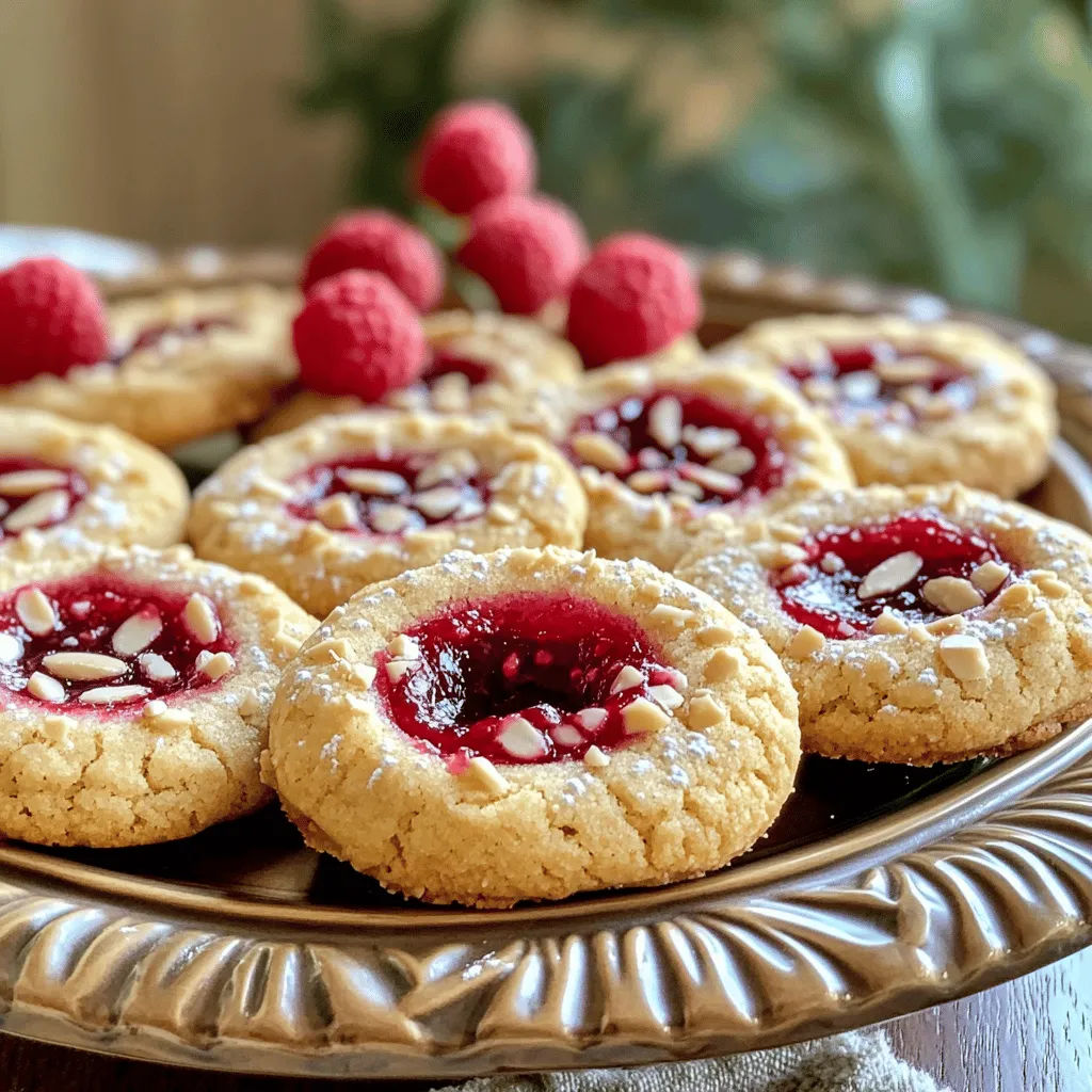 To make Raspberry Almond Thumbprint Cookies, gather these ingredients: - 1 cup unsalted butter, softened - 1/2 cup granulated sugar - 1/2 cup brown sugar, packed - 1 teaspoon vanilla extract - 1 teaspoon almond extract - 2 1/4 cups all-purpose flour - 1 teaspoon baking powder - 1/4 teaspoon salt - 1/2 cup finely chopped almonds (plus extra for garnish) - 1/2 cup raspberry jam (or your favorite fruit jam) You can easily swap ingredients if needed: - Instead of unsalted butter, use coconut oil for a dairy-free option. - If you lack brown sugar, use an equal amount of granulated sugar mixed with molasses. - No almond extract? Vanilla extract works just fine. - For a gluten-free version, use a 1:1 gluten-free flour blend. These ingredients not only make the cookies tasty but also add some benefits: - Butter adds richness and moisture, making the cookies soft. - Sugar provides sweetness and helps create that nice, chewy texture. - Almonds offer healthy fats and protein, plus a lovely crunch. - Raspberry jam gives a burst of fruity flavor and natural sweetness. Using fresh or high-quality ingredients makes a big difference. They enhance the taste and texture of your cookies. Enjoy experimenting with these simple yet delightful ingredients! Start by preheating your oven to 350°F (175°C). This step warms your oven for even baking. Line a baking sheet with parchment paper. This keeps the cookies from sticking. In a large bowl, cream together 1 cup of softened butter, 1/2 cup granulated sugar, and 1/2 cup brown sugar. Mix until the blend is smooth and fluffy. Then, add 1 teaspoon of vanilla extract and 1 teaspoon of almond extract. Beat this until combined. In a separate bowl, whisk together 2 1/4 cups of all-purpose flour, 1 teaspoon of baking powder, and 1/4 teaspoon of salt. Gradually add this dry mix to the wet ingredients. Stir until just combined. Now, fold in 1/2 cup of finely chopped almonds. This adds great texture and flavor. Next, scoop about 1 tablespoon of dough. Roll it into a ball and place it on the prepared baking sheet. Space each ball about 2 inches apart. Bake in the preheated oven for 12-15 minutes. Look for lightly golden edges to know when they are done. To make the thumbprint, use your thumb or the back of a spoon. Press it gently into the center of each cookie ball. This creates a small well for the jam. Spoon about 1 teaspoon of raspberry jam into each indentation. The jam gives sweetness and lovely flavor. Once the cookies are done baking, remove them from the oven. Let them cool on the baking sheet for a couple of minutes. This helps them set before moving. After that, transfer the cookies to a wire rack. Let them cool completely. For a pretty finish, sprinkle some finely chopped almonds on top. You can also add a light dusting of powdered sugar for a sweet touch. Enjoy your delicious raspberry almond thumbprint cookies! To get the perfect texture, use softened butter. Cold butter makes dough hard. Cream the butter and sugars well. This adds air and makes cookies fluffy. Avoid over-mixing after adding flour. Mix just until combined to keep them tender. Also, let the cookies cool on a wire rack. This helps them set perfectly. One common mistake is not measuring ingredients correctly. Too much flour can make cookies dry. Always spoon flour into a cup and level it off. Another mistake is skipping the resting time. Letting the dough sit helps flavors blend. Lastly, don’t rush the baking. Keep an eye on the cookies, and take them out when edges are golden. To make your cookies look great, use a nice platter. Dust them lightly with powdered sugar for a sweet touch. You can add fresh raspberries next to the cookies. This adds color and flavor. For an extra crunch, sprinkle more finely chopped almonds on top. These simple ideas make your cookies stand out! {{image_2}} You can change the jam for different flavors. Try using strawberry or apricot jam. You can even use lemon curd for a zesty twist. Each filling adds its own taste. This way, you can enjoy new flavors each time you bake. If you need to make these cookies nut-free, skip the almonds. You can use sunflower seeds instead. They give a nice crunch without nuts. This option works well for kids with nut allergies. Just make sure to check all your ingredients for hidden nuts. To make these cookies gluten-free, swap the all-purpose flour with a gluten-free blend. Look for mixes that contain xanthan gum for better texture. The cookies will still taste great. They will be soft and chewy, just like the original. Enjoy these cookies with friends who are gluten-sensitive! To keep your Raspberry Almond Thumbprint Cookies fresh, store them in an airtight container. Line the bottom with parchment paper. This helps absorb moisture and keeps the cookies crisp. Place a piece of wax paper between layers if stacking. Avoid direct sunlight and heat, as these can make cookies stale. Freezing these cookies is easy. First, let them cool completely. Then, place them on a baking sheet in a single layer. Freeze for about an hour until firm. Next, transfer them to a freezer-safe bag or container. Label with the date. You can freeze them for up to three months. To enjoy, thaw at room temperature or warm them in the oven. When stored properly, these cookies last about one week at room temperature. In the fridge, they can last up to two weeks. Remember, the fresher, the better. Enjoy them soon for the best taste and texture! Yes, you can use other nuts! Walnuts, pecans, or hazelnuts work well. Each nut adds its unique flavor and crunch. Just chop them finely for best results. If you have nut allergies, you can skip the nuts altogether. The cookies will still taste great without them. You have many options for jam! Any fruit jam will work. Try strawberry, apricot, or blueberry for a fun twist. You can also use fruit preserves for a chunkier texture. If you want a healthier option, try using fresh fruit puree mixed with a little honey. Look for the edges of the cookies. They should be lightly golden. The centers may seem soft, but that's okay. They will firm up as they cool. If the edges are dark brown, they may be overbaked. Trust your senses; the smell will also guide you! This post covered key ingredients, baking steps, and tips for success. I shared ideas for variations and storage methods. Remember, you can adjust ingredients to match your taste. Pay attention to baking time for perfect cookies. With these tips, you’ll bake cookies everyone loves. Enjoy each step of your baking journey!
