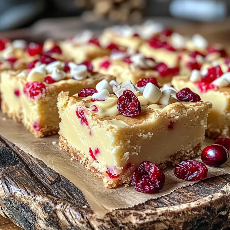 To make white chocolate cranberry blondies, you will need: - 1 cup unsalted butter, melted - 1 cup brown sugar, packed - 1/2 cup granulated sugar - 2 large eggs - 2 teaspoons vanilla extract - 2 cups all-purpose flour - 1/2 teaspoon baking powder - 1/4 teaspoon salt - 1 cup white chocolate chips - 1 cup dried cranberries These ingredients create a sweet and rich base for your blondies. The blend of white chocolate and cranberries adds a nice balance of flavors. You can easily customize these blondies. Here are some ideas: - Nuts like walnuts or pecans for extra crunch. - A pinch of cinnamon for a warm spice note. - Fresh orange zest for a citrus touch. - Different types of chocolate chips, such as dark or milk chocolate. Feel free to mix and match based on your taste. Each option can add a unique twist to the blondies. If you need to make any swaps, here are some easy substitutions: - Use coconut oil instead of butter for a dairy-free option. - Replace white sugar with coconut sugar for a richer flavor. - Substitute almond flour for all-purpose flour to make it gluten-free. - Swap dried cranberries with raisins or chopped dried cherries. These alternatives keep the blondies delicious while accommodating dietary needs or preferences. Enjoy experimenting! First, you need to prep your baking pan. Take a 9x13 inch pan and grease it well. You can also line it with parchment paper. This helps the blondies come out easily after baking. Next, grab a large bowl. Pour in the melted unsalted butter. Add the packed brown sugar and granulated sugar. Whisk them together until smooth. Then, crack in the two large eggs, one at a time. Mix well after each egg. Finally, add in the vanilla extract and stir until it blends nicely. Now, get a separate bowl. In this bowl, whisk together the all-purpose flour, baking powder, and salt. Slowly add these dry ingredients to the wet mixture. Stir gently until everything is just combined. Be careful not to over-mix; a few lumps are okay. It’s time to add the fun stuff! Fold in the white chocolate chips and dried cranberries. Make sure they spread evenly through the batter. Pour the batter into the prepared pan. Use a spatula to spread it out evenly. Bake in your preheated oven for 25 to 30 minutes. The edges should look golden. A toothpick inserted in the center should come out slightly moist but clean. Let them cool in the pan for about 10 minutes. Then, transfer them to a wire rack. Wait until they cool completely before cutting into squares. Enjoy your sweet treat! To make the best blondies, start with room temperature eggs. They mix better. I recommend using a kitchen scale for precise measurements. This helps ensure each bite is perfect. Don't overmix the batter. Mix until just combined to keep them soft. If your blondies come out dry, you might have overbaked them. Check them at 25 minutes. A toothpick should come out slightly moist. If they are too gooey, bake for a few more minutes. The edges should be golden while the center remains soft. Using high-quality white chocolate makes a big difference. It adds creaminess and sweetness. For extra flavor, try adding a pinch of cinnamon or nutmeg. These spices bring warmth to your blondies. Also, let them cool completely before cutting. This helps them set and enhances the taste. {{image_2}} You can make these blondies gluten-free. Just swap the all-purpose flour for a gluten-free blend. This blend works well because it mimics regular flour. You want a blend with a good balance of starches and flours. It helps the blondies keep their chewy texture. Make sure to check the package for any extra binding agents needed. Adding nuts can bring extra flavor and crunch. Walnuts or pecans are great choices. You can also mix in dark or milk chocolate chips for a twist. If you like a rich taste, dark chocolate works well with cranberries. Just replace half the white chocolate with your choice of chocolate. This gives you a fun new flavor in each bite. For the holidays, you can add spices like cinnamon or nutmeg. These spices add warmth and make the blondies feel festive. You can also use dried fruits like cherries or apricots for a seasonal spin. For a holiday look, sprinkle some colored sugar on top before baking. This adds a pop of color and makes them fun to share at parties! To keep your blondies fresh, store them in an airtight container. Place parchment paper between layers if stacking them. This helps prevent them from sticking together. Keep the container at room temperature for up to three days. If you need them to last longer, refrigerate them for up to a week. You can freeze blondies for later enjoyment. Cut them into squares before freezing. Wrap each square in plastic wrap, then place them in a freezer bag. They will stay fresh for up to three months. When you’re ready to eat, take a square out and let it thaw at room temperature. You can also warm it in the microwave for about 10 seconds. These blondies taste best within a few days of baking. After that, they may dry out. For the best flavor, serve them warm or at room temperature. You can sprinkle some extra white chocolate or cranberries on top for a nice touch. Enjoy them with a glass of milk or a cup of tea for a perfect treat. Yes, you can use milk chocolate. It will give a different taste. Milk chocolate adds a creamy and rich flavor, but it lacks the sweetness of white chocolate. If you prefer, try half white and half milk chocolate for a mix. Check the edges for a golden color. The center should look set but soft. Use a toothpick to test; it should come out slightly moist but clean. If it comes out wet with batter, bake a little longer. These blondies taste great with vanilla ice cream. Serve them warm with a scoop on top. You can also pair them with whipped cream or a drizzle of chocolate sauce. Fresh berries add a nice touch too. Yes, you can make these blondies a day or two ahead. Store them in an airtight container at room temperature. If you want to keep them longer, freeze them for up to three months. Just thaw before serving. In this post, I covered the essentials for making delicious blondies. We discussed key ingredients and options for customization. I shared step-by-step instructions, tips for perfecting your blondies, and fun variations to try. I also provided storage info to keep them fresh and answered common questions. Now, it’s time to get baking! Enjoy creating your own tasty treats and sharing them with friends.