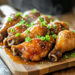 For this dish, you will need: - 8 chicken drumsticks These drumsticks give a juicy and tender bite. They soak up the sauce well, making every bite full of flavor. The sauce is the star! Gather these items: - 1/2 cup honey - 1/4 cup soy sauce (or tamari for gluten-free) - 4 garlic cloves, minced - 1 tablespoon cornstarch - 2 tablespoons water - 1 teaspoon ground ginger - 1 tablespoon sesame oil - Salt and pepper to taste Mixing honey with soy sauce creates a sweet and salty taste. Garlic and ginger add depth. Cornstarch helps thicken the sauce later. To finish, you’ll want: - Green onions, sliced (for garnish) - Sesame seeds (for garnish) These garnishes make the dish pop! They add a fresh taste and a nice crunch. You can sprinkle them right before serving. First, take 8 chicken drumsticks. Pat them dry with a paper towel. This helps the skin get crispy. Next, season the drumsticks with salt and pepper. Make sure to coat all sides evenly. This will enhance the flavor as they cook. In a mixing bowl, combine 1/2 cup honey and 1/4 cup soy sauce. Add 4 minced garlic cloves and 1 teaspoon ground ginger. Pour in 1 tablespoon of sesame oil. Whisk all these ingredients together until they blend well. This sauce will give the chicken a sweet and savory taste. Place the seasoned drumsticks in your slow cooker. Pour the honey garlic sauce over the chicken. Ensure each drumstick gets a good coat of sauce. Cover the slow cooker and cook on low for 6-8 hours. If you’re in a hurry, you can cook on high for 3-4 hours. The chicken should be tender and fully cooked. About 30 minutes before serving, mix 1 tablespoon cornstarch with 2 tablespoons water in a small bowl. Stir this slurry into the slow cooker to thicken the sauce. Cover again and let it finish cooking. When done, serve the drumsticks on a platter. Drizzle with thickened sauce and enjoy! To get tender chicken, start with fresh drumsticks. Pat them dry with a towel. This helps the skin get crispy. Season the chicken well with salt and pepper. The salt draws out moisture and enhances flavor. Then, cook the chicken low and slow. This method keeps the meat juicy and soft. If you’re short on time, you can cook on high for a faster meal. Just make sure to check for doneness. To thicken your sauce, use cornstarch. Mix one tablespoon of cornstarch with two tablespoons of water. This creates a slurry. Add this to the slow cooker about 30 minutes before serving. Stir it in well. The sauce will thicken nicely as it cooks. If you want it even thicker, add a bit more cornstarch. Just remember to mix it with water first. Presentation makes your dish look amazing. Arrange the chicken drumsticks on a platter. Drizzle some of the thick sauce over the top. This adds shine and flavor. Sprinkle sliced green onions and sesame seeds for color. They add a nice crunch too. Serve with steamed rice or grilled veggies for a full meal. This makes your plate pop and impresses your guests! {{image_2}} You can easily make this dish gluten-free. Use tamari instead of soy sauce. This simple swap keeps the flavor while avoiding gluten. Always check labels on sauces to ensure they are gluten-free. Chicken drumsticks are great, but you can try other meats. Thighs or wings work well, too. You can even use pork or tofu for a tasty twist. Adjust the cooking time for different proteins. Thighs may need a bit longer, while wings could cook faster. Want to add more flavor? Try adding a splash of rice vinegar for tang. You can also include sriracha for heat. For a citrus note, add orange juice or zest. Fresh herbs like cilantro or basil can brighten the dish. Mix and match to create your perfect honey garlic chicken! After cooking the honey garlic chicken drumsticks, let them cool. Place the drumsticks in an airtight container. They stay fresh in the fridge for up to four days. Always label the container with the date. This way, you know when to eat them. To freeze the drumsticks, let them cool completely. Then, wrap each drumstick in plastic wrap. Place them in a freezer-safe bag or container. They can last for up to three months in the freezer. When you’re ready to eat, thaw them in the fridge overnight. To reheat the chicken, you can use the oven or microwave. For the oven, preheat it to 350°F (175°C). Place the drumsticks on a baking sheet and heat for 15-20 minutes. For the microwave, heat them on medium power for 1-2 minutes. Always check that the internal temperature reaches 165°F (75°C) before serving. This keeps your meal safe and tasty. Yes, you can use other cuts of chicken. Thighs or breasts work well, too. Just keep in mind that different cuts may need different cooking times. Drumsticks stay juicy and tender in the slow cooker, but thighs will be nice as well. If you use breasts, watch them closely. They can dry out faster than thighs or drumsticks. You can store leftovers in the fridge for up to four days. Make sure to keep the chicken in an airtight container. If you want to keep it longer, freeze it. In the freezer, it can last up to three months. Just thaw it in the fridge before reheating. These drumsticks are great with steamed rice or grilled veggies. You can also pair them with a fresh salad or quinoa. The sweet and savory flavors go well with many sides. Consider adding some crunchy green beans or a light cucumber salad for a nice contrast. This blog post covered how to make delicious honey garlic chicken drumsticks. We discussed key ingredients, including chicken and sauce elements. I shared the step-by-step process for preparing, cooking, and enhancing your dish. Helpful tips were included for tender chicken and sauce thickening. We explored variations like gluten-free options and discussed storage methods. Enjoy cooking these tasty drumsticks. They’re sure to impress your family and friends!