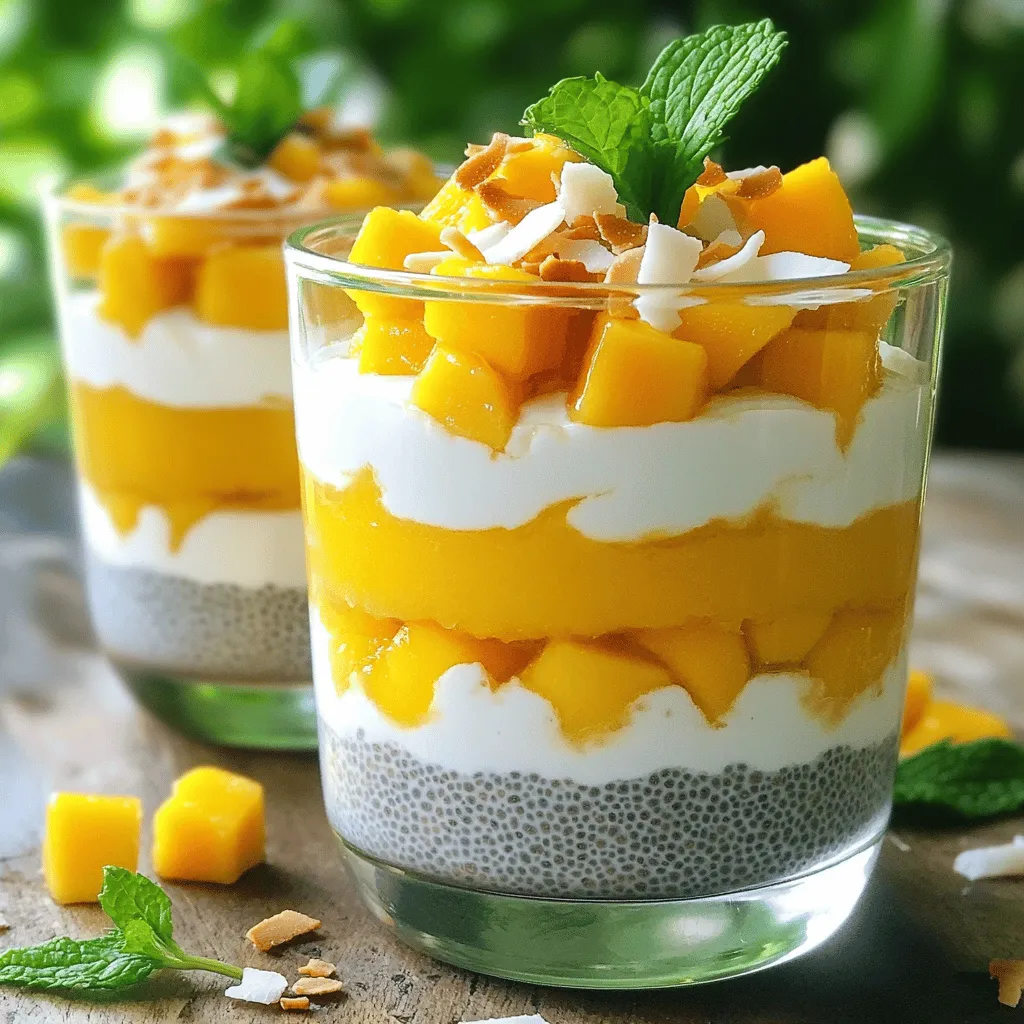 For this tasty mango coconut chia pudding, you will need: - 1 cup coconut milk (canned or carton) - 1/2 cup almond milk (or any milk of your choice) - 1/4 cup chia seeds - 1 tablespoon maple syrup (or honey) - 1 ripe mango, diced - 1/2 teaspoon vanilla extract - A pinch of sea salt - Toasted coconut flakes (for garnish) - Fresh mint leaves (for garnish) You can switch out some ingredients if needed. Use oat milk instead of almond milk. If you don’t have maple syrup, honey works well. You can also skip the sweetener if you prefer a less sweet pudding. Want a different fruit? Try bananas or berries instead of mango. Chia seeds pack a punch of nutrition. They are high in fiber, which helps digestion. They also have omega-3 fatty acids, great for heart health. Coconut milk is rich in healthy fats that give you energy. It also adds a creamy texture. Mango is full of vitamins A and C, which support your immune system. Almond milk is low in calories and can be a good source of calcium. The combination makes this pudding not just tasty, but healthy too! To make mango coconut chia pudding, start by gathering your ingredients. You will need: - 1 cup coconut milk (canned or carton) - 1/2 cup almond milk (or any milk of your choice) - 1/4 cup chia seeds - 1 tablespoon maple syrup (or honey) - 1 ripe mango, diced - 1/2 teaspoon vanilla extract - A pinch of sea salt - Toasted coconut flakes (for garnish) - Fresh mint leaves (for garnish) In a medium bowl, mix the coconut milk, almond milk, maple syrup, vanilla extract, and sea salt. Whisk it until smooth. Next, slowly add the chia seeds. Stir well to avoid clumps. Cover the bowl with plastic wrap or a lid. Refrigerate the bowl for at least 4 hours or overnight. The chia seeds will absorb the liquid and thicken the mixture. This time is key for a creamy pudding. If you leave it overnight, the texture will be even better. Once the pudding is set, stir it gently to break up any clumps. This ensures a smooth consistency. If you want a thicker pudding, add more chia seeds before refrigerating. For a fun presentation, layer the pudding in small glasses or bowls. Add a layer of diced mango between the pudding layers. Top with more mango and sprinkle toasted coconut flakes on top. This adds great flavor and crunch. Finish it off with fresh mint leaves for a pop of color. Serve chilled for a refreshing treat! To get your mango coconut chia pudding just right, start with the liquids. I recommend using a mix of coconut milk and almond milk. This blend gives a nice creamy base. Use 1 cup of coconut milk and 1/2 cup of almond milk. When you add the chia seeds, do it slowly. Stir them in as you go. This helps prevent clumps. After mixing, cover the bowl and chill it for at least 4 hours. If you can, let it sit overnight. This time lets the seeds soak up the liquid and thicken. A good stir before serving breaks up any clumps that may form. For extra flavor, try adding toppings and mix-ins. Diced mango adds sweetness and color. Toasted coconut flakes give a crunchy contrast. A touch of vanilla extract adds depth. You can also sprinkle a pinch of sea salt to balance the sweetness. If you like a sweeter pudding, add more maple syrup or honey. Don’t forget fresh mint leaves for a fresh taste and pretty look. A few common mistakes can ruin your pudding. First, don’t skip whisking the milk and chia seeds together. This step is key to preventing lumps. Second, avoid using too much chia. Stick to 1/4 cup for the right thickness. Lastly, don't forget to chill the pudding. Chilling is essential for it to set properly. If you rush, you might end up with a runny mix. Follow these tips, and your pudding will be a hit! {{image_2}} You can mix it up with other fruits. Some great choices include berries, kiwi, or banana. These fruits add different flavors and colors. You can also try using a blend of fruits for a fun twist. For example, add diced strawberries or blueberries for a burst of color. This recipe is already dairy-free. Use coconut milk and almond milk for a creamy base. If you want more options, try oat milk or cashew milk. Both will work well in this recipe. They keep it rich and tasty without any animal products. You can change the sweetness to fit your taste. Use less maple syrup for a less sweet pudding. You can also try using agave syrup or stevia. Each option gives a different flavor. Taste as you go to find your perfect level of sweetness. To keep your mango coconut chia pudding fresh, place it in an airtight container. Make sure the lid fits snugly. This helps to prevent any smells in your fridge. If you have layers of mango on top, cover them gently to avoid bruising. You can enjoy your pudding for up to five days in the fridge. After that, the texture may change. Always check for any signs of spoilage, like an off smell or mold. When stored properly, the taste and flavor stay great for several days. You can freeze this pudding, but it may change in texture. To freeze, pour it into ice cube trays or small containers. Leave a little space at the top as it expands. When you want to eat it, let it thaw in the fridge overnight. Stir well before serving to bring back its creamy texture. Chia seeds are tiny black seeds from the Salvia hispanica plant. They are rich in fiber, protein, and omega-3 fatty acids. Eating chia seeds can help with digestion. They also keep you feeling full longer. This makes them great for weight management. Plus, they are gluten-free and can be added to many dishes. Yes, you can use different types of milk. Almond milk is a great choice. You can also try oat milk, soy milk, or cashew milk. Each type of milk adds its own flavor. Just make sure to pick a milk you enjoy. Chia pudding needs at least four hours to set. For best results, leave it overnight. The chia seeds will swell and absorb the liquid. This creates the creamy pudding texture you want. Absolutely! You can skip the sweetener. The ripe mango adds natural sweetness. You can also use ripe bananas. If you want, try adding extra fruit for flavor. Adjust it to your taste! This blog post covered the key ingredients for your mango coconut chia pudding. We discussed how to prepare it and shared tips for the best results. You learned about flavor enhancements, variations, and how to store leftovers. Chia seeds are great for your health, and you can even tweak this recipe to fit your needs. Overall, this pudding is easy to make and delicious to enjoy. Give it a try and delight in the creamy, tasty goodness!
