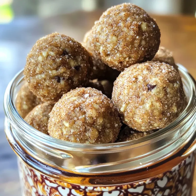 To make No-Bake Snickerdoodle Energy Bites, gather these simple ingredients: - 1 cup rolled oats - 1/2 cup almond butter (or any nut butter) - 1/4 cup honey (or maple syrup for a vegan option) - 1/2 cup almond flour - 2 teaspoons cinnamon - 1/2 teaspoon vanilla extract - 1/4 teaspoon salt - 1/4 cup chocolate chips (optional) - Extra cinnamon sugar for rolling (optional) These ingredients give the bites their great taste and texture. The oats provide fiber, while almond butter adds healthy fats. Honey or maple syrup sweetens the mix naturally. Almond flour gives a nutty flavor, and cinnamon adds that classic snickerdoodle taste. If you want a hint of chocolate, add the chips. Lastly, rolling the bites in cinnamon sugar makes for a fun finish! - Mix the dry ingredients in a large bowl. Start with 1 cup of rolled oats, 1/2 cup of almond flour, 2 teaspoons of cinnamon, and 1/4 teaspoon of salt. This mix gives your bites a great base. - Combine wet ingredients for flavor and texture. Add 1/2 cup of almond butter and 1/4 cup of honey or maple syrup. The almond butter binds everything. Honey adds sweetness. - Adjust consistency if needed. If the mixture feels too dry, add a splash of water or more honey. It should hold together well when you squeeze it. - Use your hands to form small balls. Each ball should be about 1 inch in diameter. This size is perfect for snacking. - If you like, roll the balls in cinnamon sugar. Mix 2 tablespoons of sugar with 1 teaspoon of cinnamon for this step. It adds a nice touch! - Refrigerate the energy bites for at least 30 minutes. This helps them firm up. After chilling, they are ready to enjoy! To get the right texture, start with the right moisture. If your mix feels dry, add a splash of water or a bit more honey. This helps the bites stick together. On the other hand, if it feels too wet, add a little more almond flour. Aim for a mixture that holds when you squeeze it in your hand. You can boost flavor by adding different mix-ins. Try adding chopped nuts, seeds, or dried fruits. They add crunch and taste. For a twist, use spices like nutmeg or ginger. Each spice changes the flavor, making it fun to try new things. For a great look, serve your energy bites in a pretty jar or on a colorful plate. You can sprinkle extra cinnamon sugar on top for a nice touch. It makes them look fancy and inviting. Storing them in decorative containers also keeps them fresh and ready to grab. {{image_2}} To make these energy bites vegan, swap the honey for maple syrup. This keeps the sweetness but fits a vegan diet. You can use any nut butter, but almond butter works best. Just ensure your nut butter is free from added sugars or oils. For a gluten-free version, use gluten-free rolled oats and almond flour. These ingredients provide the same texture and taste without gluten. Always check the packaging to ensure they are certified gluten-free, especially for oats, as cross-contamination can happen. Feel free to get creative with flavors! You can try different nut butters like peanut or cashew. Each nut butter brings a unique taste. Adding spices like nutmeg or cloves can also enhance the flavor. Just a pinch can make a big difference. You can even mix in dried fruits or seeds for added texture and nutrition. Store your energy bites in the fridge. This keeps them fresh and tasty. Use an airtight container to prevent moisture. If you want to keep them longer, freeze them. Just place them in a freezer-safe bag. They can last for a while this way. In the fridge, these energy bites last about one week. If you freeze them, they can stay good for up to three months. Always check for any signs of spoilage before eating. If they smell off, it's best to throw them away. You don’t need to reheat these bites. They taste great cold. You can serve them as is or roll them in extra cinnamon sugar for a sweet touch. Add them to a snack platter or a decorative jar for fun. Enjoy them on busy days or after workouts for a quick energy boost. To make no-bake Snickerdoodle energy bites, gather your ingredients first. You will need rolled oats, almond butter, honey, almond flour, cinnamon, vanilla extract, and salt. If you like, add chocolate chips. 1. In a big bowl, mix the rolled oats, almond butter, honey, almond flour, cinnamon, vanilla, and salt. 2. Use a spatula or your hands to blend it well. If it's too dry, add water or more honey. 3. If you want chocolate chips, fold them in until even. 4. Roll the mixture into small balls, about one inch wide. 5. If you like, roll the balls in cinnamon sugar. 6. Place them on a plate and refrigerate for at least 30 minutes. This recipe takes about 10 minutes to prep and 30 minutes to chill. Yes, energy bites are healthy! They pack a lot of goodness in a small bite. Here’s why: - Rolled oats give you fiber and help with digestion. - Almond butter adds protein and healthy fats. - Honey or maple syrup provides natural sweetness and energy. - Almond flour is low in carbs and rich in nutrients. - Cinnamon can help regulate blood sugar levels. These bites are a great snack. They give you energy without added sugars or junk. Absolutely! You can change up the recipe to fit your taste. Here are some ideas: - Nut butter: Swap almond butter for peanut butter or cashew butter. - Sweeteners: Use agave syrup instead of honey for a different flavor. - Add-ins: Toss in chia seeds, flaxseeds, or dried fruit for extra nutrition. - Spices: Try nutmeg or pumpkin spice for a twist. Feel free to get creative! You now have a complete guide to making energy bites. We covered the key ingredients, preparation steps, tips for perfect consistency, and many delicious variations. These bites are easy to customize and store, making them a perfect snack. You can enjoy them at home or on the go. With these steps, you can create a tasty treat that's healthy and fun to make. Try the recipe and discover your favorite flavors!