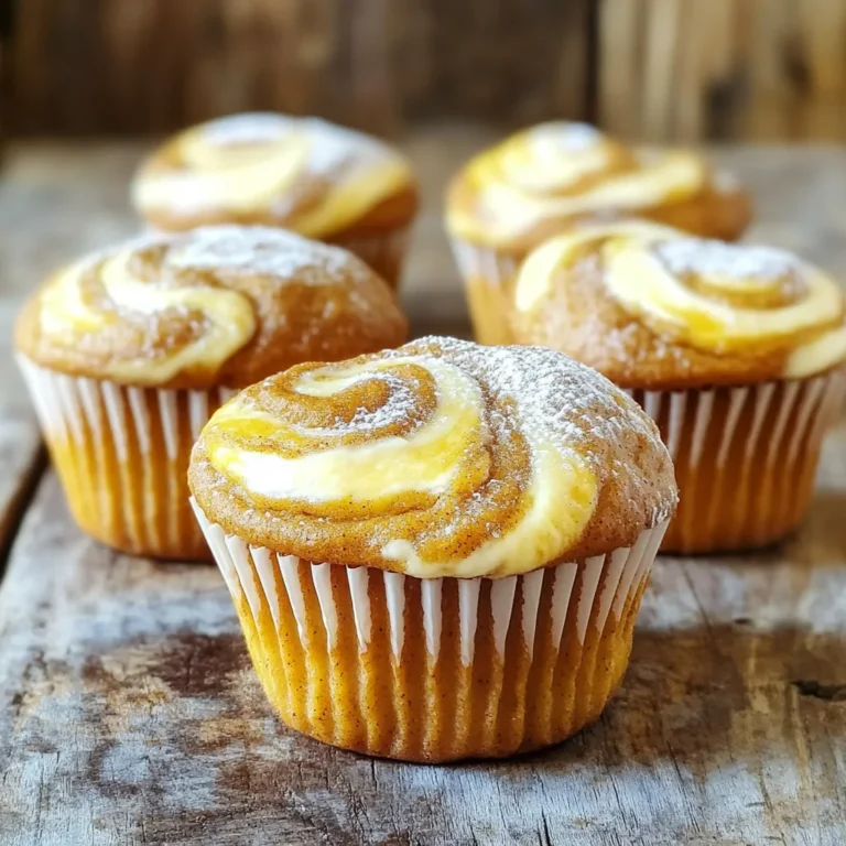 To make these delightful pumpkin cheesecake swirl muffins, gather the following ingredients: - 2 cups all-purpose flour - 1 ½ teaspoons baking powder - 1 teaspoon baking soda - ½ teaspoon salt - 1 teaspoon ground cinnamon - ½ teaspoon ground nutmeg - ½ teaspoon ground ginger - 1 cup pumpkin puree - 1 cup granulated sugar - ½ cup brown sugar, packed - ½ cup vegetable oil - 2 large eggs - 1 teaspoon vanilla extract - 8 oz cream cheese, softened - 1/3 cup powdered sugar - 1 egg yolk - 1 teaspoon vanilla extract You can switch some ingredients if needed. Here are some ideas: - Use whole wheat flour instead of all-purpose flour for extra fiber. - Replace granulated sugar with coconut sugar for a lower-glycemic option. - Swap vegetable oil with melted coconut oil for a hint of flavor. - Use Greek yogurt instead of cream cheese for a lighter twist. - Replace eggs with flaxseed meal mixed with water for a vegan option. Choosing the best ingredients makes a big difference. Here are some tips: - Go for fresh pumpkin puree. It adds a rich flavor. - Check spices for freshness. Old spices lose their taste. - Use high-quality cream cheese. It gives a smooth texture to the swirl. - Look for organic eggs. They often have better flavor and nutrition. - Select unbleached flour. It is less processed and tastes better. First, preheat your oven to 350°F (175°C). While the oven heats, line a muffin tin with paper liners. You can also lightly grease the tin. This step helps the muffins come out easily after baking. In a medium bowl, whisk together the dry ingredients. Combine 2 cups of all-purpose flour, 1 ½ teaspoons of baking powder, 1 teaspoon of baking soda, ½ teaspoon of salt, and spices: 1 teaspoon of ground cinnamon, ½ teaspoon of ground nutmeg, and ½ teaspoon of ground ginger. Set this bowl aside. In a large mixing bowl, mix your wet ingredients. Combine 1 cup of pumpkin puree, 1 cup of granulated sugar, ½ cup of brown sugar, ½ cup of vegetable oil, 2 large eggs, and 1 teaspoon of vanilla extract. Stir until the mixture is smooth and well blended. Gradually add your dry mixture to the pumpkin mixture. Stir gently until just combined. Be careful not to overmix. This helps keep the muffins light and fluffy. In a separate bowl, prepare the cheesecake swirl. Beat together 8 oz of softened cream cheese, ⅓ cup of powdered sugar, 1 egg yolk, and 1 teaspoon of vanilla extract. Mix until smooth and creamy. Now, it's time to fill the muffin tins. Spoon a heaping tablespoon of the pumpkin batter into each muffin cup. Then add a tablespoon of the cheesecake mixture on top. Use a toothpick to gently swirl the cheesecake into the pumpkin batter. Place the muffin tin in the preheated oven. Bake for 18-20 minutes. Check for doneness by inserting a toothpick into the center of a muffin; it should come out clean. After baking, let the muffins cool in the tin for 5 minutes. Then, transfer them to a wire rack to cool completely before serving. To make your muffins soft and fluffy, use fresh ingredients. Always check your baking powder and baking soda; old ones can make muffins dense. When mixing, stir just until combined. Overmixing makes the muffins tough. Let the batter rest for a few minutes before scooping. This helps the gluten relax. Watch your oven temperature. An oven that’s too hot can burn the tops. Use an oven thermometer for accuracy. Fill each muffin cup only two-thirds full to avoid overflow. If you forget to preheat, your muffins may not rise well. Always preheat for the best results. Use a sturdy muffin tin to ensure even baking. Silicone spatulas help mix without damaging the bowl. A whisk is perfect for blending dry ingredients. Invest in a good set of measuring cups and spoons. They help you get accurate measurements every time. A toothpick is crucial for testing doneness. {{image_2}} You can easily make these muffins gluten-free. Use a gluten-free flour blend instead of all-purpose flour. Many blends work well, but look for one that includes xanthan gum for better texture. Follow the same steps in the recipe. You will still enjoy the same great flavor! To create a vegan version, swap the eggs and cream cheese. Use flaxseed meal mixed with water as an egg replacement. For each egg, use 1 tablespoon of flaxseed meal and 2.5 tablespoons of water. Let it sit for a few minutes to thicken. For cream cheese, use a plant-based cream cheese. This will keep your muffins creamy while being dairy-free. You can change the flavor of these muffins easily. Here are some fun ideas: - Chocolate Chips: Add ½ cup of chocolate chips to the pumpkin batter. This will give a rich chocolate flavor that pairs well with pumpkin. - Nuts: Stir in ½ cup of chopped nuts, like walnuts or pecans, for extra crunch. Nuts add a delicious depth to the muffins. Feel free to mix and match these variations to create your perfect pumpkin cheesecake swirl muffin! To keep your pumpkin cheesecake swirl muffins fresh, store them in an airtight container. Place parchment paper between layers to prevent sticking. You can keep them at room temperature for up to three days. If you want to keep them longer, consider freezing. To freeze your muffins, let them cool completely first. Wrap each muffin tightly in plastic wrap, then place them in a freezer-safe bag. This method helps to lock in moisture. They can last up to three months in the freezer without losing flavor. To enjoy the muffins warm, preheat your oven to 350°F (175°C). Unwrap the muffins and place them on a baking sheet. Heat for about 10 minutes until warm. You can also use the microwave. Heat for 15-20 seconds for a quick treat. Enjoy your muffins fresh! Yes, you can use canned pumpkin puree. It saves time and gives great flavor. Just make sure it’s 100% pumpkin with no added spices or sugars. Check the muffins after 18 minutes of baking. Insert a toothpick into the center. If it comes out clean, they are done. If it has batter on it, bake for a few more minutes. You can use Greek yogurt or mascarpone cheese as a cream cheese substitute. These options still keep that creamy texture and taste. Absolutely! Just fill the mini muffin tins with less batter. Bake them for about 10-12 minutes. Keep an eye on them to avoid overbaking. These muffins last about 3 days at room temperature. Keep them in an airtight container to stay fresh. Yes, feel free to double the recipe. Just make sure you have enough muffin tins or bake in batches. Enjoy sharing these delightful muffins! You now have all the tools to make delicious pumpkin cheesecake swirl muffins. We covered the key ingredients, step-by-step instructions, and tips for perfect muffins. You learned about gluten-free and vegan options, plus storage tips for freshness. Remember, baking is all about practice and fun. Try different flavors or share with friends. Enjoy your baking journey!