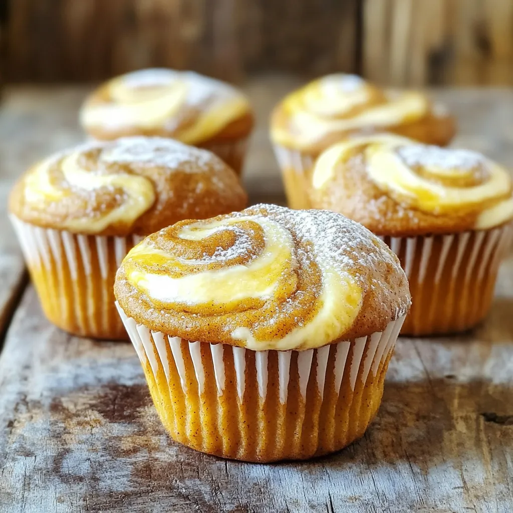 To make these delightful pumpkin cheesecake swirl muffins, gather the following ingredients: - 2 cups all-purpose flour - 1 ½ teaspoons baking powder - 1 teaspoon baking soda - ½ teaspoon salt - 1 teaspoon ground cinnamon - ½ teaspoon ground nutmeg - ½ teaspoon ground ginger - 1 cup pumpkin puree - 1 cup granulated sugar - ½ cup brown sugar, packed - ½ cup vegetable oil - 2 large eggs - 1 teaspoon vanilla extract - 8 oz cream cheese, softened - 1/3 cup powdered sugar - 1 egg yolk - 1 teaspoon vanilla extract You can switch some ingredients if needed. Here are some ideas: - Use whole wheat flour instead of all-purpose flour for extra fiber. - Replace granulated sugar with coconut sugar for a lower-glycemic option. - Swap vegetable oil with melted coconut oil for a hint of flavor. - Use Greek yogurt instead of cream cheese for a lighter twist. - Replace eggs with flaxseed meal mixed with water for a vegan option. Choosing the best ingredients makes a big difference. Here are some tips: - Go for fresh pumpkin puree. It adds a rich flavor. - Check spices for freshness. Old spices lose their taste. - Use high-quality cream cheese. It gives a smooth texture to the swirl. - Look for organic eggs. They often have better flavor and nutrition. - Select unbleached flour. It is less processed and tastes better. First, preheat your oven to 350°F (175°C). While the oven heats, line a muffin tin with paper liners. You can also lightly grease the tin. This step helps the muffins come out easily after baking. In a medium bowl, whisk together the dry ingredients. Combine 2 cups of all-purpose flour, 1 ½ teaspoons of baking powder, 1 teaspoon of baking soda, ½ teaspoon of salt, and spices: 1 teaspoon of ground cinnamon, ½ teaspoon of ground nutmeg, and ½ teaspoon of ground ginger. Set this bowl aside. In a large mixing bowl, mix your wet ingredients. Combine 1 cup of pumpkin puree, 1 cup of granulated sugar, ½ cup of brown sugar, ½ cup of vegetable oil, 2 large eggs, and 1 teaspoon of vanilla extract. Stir until the mixture is smooth and well blended. Gradually add your dry mixture to the pumpkin mixture. Stir gently until just combined. Be careful not to overmix. This helps keep the muffins light and fluffy. In a separate bowl, prepare the cheesecake swirl. Beat together 8 oz of softened cream cheese, ⅓ cup of powdered sugar, 1 egg yolk, and 1 teaspoon of vanilla extract. Mix until smooth and creamy. Now, it's time to fill the muffin tins. Spoon a heaping tablespoon of the pumpkin batter into each muffin cup. Then add a tablespoon of the cheesecake mixture on top. Use a toothpick to gently swirl the cheesecake into the pumpkin batter. Place the muffin tin in the preheated oven. Bake for 18-20 minutes. Check for doneness by inserting a toothpick into the center of a muffin; it should come out clean. After baking, let the muffins cool in the tin for 5 minutes. Then, transfer them to a wire rack to cool completely before serving. To make your muffins soft and fluffy, use fresh ingredients. Always check your baking powder and baking soda; old ones can make muffins dense. When mixing, stir just until combined. Overmixing makes the muffins tough. Let the batter rest for a few minutes before scooping. This helps the gluten relax. Watch your oven temperature. An oven that’s too hot can burn the tops. Use an oven thermometer for accuracy. Fill each muffin cup only two-thirds full to avoid overflow. If you forget to preheat, your muffins may not rise well. Always preheat for the best results. Use a sturdy muffin tin to ensure even baking. Silicone spatulas help mix without damaging the bowl. A whisk is perfect for blending dry ingredients. Invest in a good set of measuring cups and spoons. They help you get accurate measurements every time. A toothpick is crucial for testing doneness. {{image_2}} You can easily make these muffins gluten-free. Use a gluten-free flour blend instead of all-purpose flour. Many blends work well, but look for one that includes xanthan gum for better texture. Follow the same steps in the recipe. You will still enjoy the same great flavor! To create a vegan version, swap the eggs and cream cheese. Use flaxseed meal mixed with water as an egg replacement. For each egg, use 1 tablespoon of flaxseed meal and 2.5 tablespoons of water. Let it sit for a few minutes to thicken. For cream cheese, use a plant-based cream cheese. This will keep your muffins creamy while being dairy-free. You can change the flavor of these muffins easily. Here are some fun ideas: - Chocolate Chips: Add ½ cup of chocolate chips to the pumpkin batter. This will give a rich chocolate flavor that pairs well with pumpkin. - Nuts: Stir in ½ cup of chopped nuts, like walnuts or pecans, for extra crunch. Nuts add a delicious depth to the muffins. Feel free to mix and match these variations to create your perfect pumpkin cheesecake swirl muffin! To keep your pumpkin cheesecake swirl muffins fresh, store them in an airtight container. Place parchment paper between layers to prevent sticking. You can keep them at room temperature for up to three days. If you want to keep them longer, consider freezing. To freeze your muffins, let them cool completely first. Wrap each muffin tightly in plastic wrap, then place them in a freezer-safe bag. This method helps to lock in moisture. They can last up to three months in the freezer without losing flavor. To enjoy the muffins warm, preheat your oven to 350°F (175°C). Unwrap the muffins and place them on a baking sheet. Heat for about 10 minutes until warm. You can also use the microwave. Heat for 15-20 seconds for a quick treat. Enjoy your muffins fresh! Yes, you can use canned pumpkin puree. It saves time and gives great flavor. Just make sure it’s 100% pumpkin with no added spices or sugars. Check the muffins after 18 minutes of baking. Insert a toothpick into the center. If it comes out clean, they are done. If it has batter on it, bake for a few more minutes. You can use Greek yogurt or mascarpone cheese as a cream cheese substitute. These options still keep that creamy texture and taste. Absolutely! Just fill the mini muffin tins with less batter. Bake them for about 10-12 minutes. Keep an eye on them to avoid overbaking. These muffins last about 3 days at room temperature. Keep them in an airtight container to stay fresh. Yes, feel free to double the recipe. Just make sure you have enough muffin tins or bake in batches. Enjoy sharing these delightful muffins! You now have all the tools to make delicious pumpkin cheesecake swirl muffins. We covered the key ingredients, step-by-step instructions, and tips for perfect muffins. You learned about gluten-free and vegan options, plus storage tips for freshness. Remember, baking is all about practice and fun. Try different flavors or share with friends. Enjoy your baking journey!