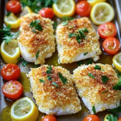 To make Sheet Pan Parmesan Crusted Tilapia, gather these ingredients: - 4 tilapia fillets - 1 cup panko breadcrumbs - ½ cup grated Parmesan cheese - 2 tablespoons fresh parsley, chopped - 1 teaspoon garlic powder - 1 teaspoon onion powder - ½ teaspoon paprika - ½ teaspoon salt - ¼ teaspoon black pepper - ¼ cup mayonnaise - 1 tablespoon lemon juice - 1 cup cherry tomatoes, halved - 1 lemon, sliced - Olive oil for drizzling Each ingredient plays a key role. The tilapia fillets are soft and mild, making them perfect for this dish. The panko breadcrumbs create a crunchy topping. Parmesan cheese adds a rich flavor. Fresh parsley brightens the dish. The spices, like garlic powder and paprika, bring warmth and depth. Mayonnaise and lemon juice keep the fish moist and flavorful. Cherry tomatoes add a burst of sweetness. Lemon slices add zest and visual appeal. Drizzling olive oil enhances everything. This mix of flavors and textures makes a simple and tasty meal. It's easy to find all these items in your local store. Let's get cooking! - Preheat the oven: Start by setting your oven to 400°F (200°C). This step is key for a nice crust. - Prepare the sheet pan: Line a large sheet pan with parchment paper. This makes cleanup easy and keeps the fish from sticking. - Mix the dry ingredients: In a bowl, combine the panko breadcrumbs, grated Parmesan cheese, chopped parsley, garlic powder, onion powder, paprika, salt, and black pepper. Stir well until everything is mixed. - Apply the mayonnaise mixture: In a separate bowl, mix mayonnaise and lemon juice. Spread this mixture over each tilapia fillet on the pan. - Coat with breadcrumb mixture: Press the breadcrumb mix firmly onto the mayonnaise-covered fillets. Make sure each piece is well-coated for a crunchy crust. - Arrange tomatoes and lemon: Place halved cherry tomatoes and lemon slices around the tilapia. This adds color and flavor. Drizzle everything lightly with olive oil. - Bake time and temperature: Place the pan in the oven and bake for 12-15 minutes. The fish should be opaque, and the crust should be golden brown. - Checking for doneness: Use a fork to check if the tilapia flakes easily. This means it’s ready to eat. - Letting it rest: Once cooked, remove the pan from the oven. Let the tilapia rest for a couple of minutes. This helps the flavors settle. To get that golden crust, ensure even coverage. After spreading the mayonnaise, use a spoon or a spatula. Make sure the breadcrumbs stick well. Press down gently so they stay in place while baking. You can adjust flavors by adding your favorite herbs. For a twist, try dill or basil. A pinch of cayenne pepper adds heat without overpowering the dish. Experiment until you find what you love. Plating is key for a great meal. Serve the tilapia on a large platter. Garnish with fresh parsley for color. Add lemon wedges on the side for a zesty touch. For accompaniments, think simple. A side salad with mixed greens works well. Roasted veggies are another great option. They add color and flavor to your meal. If you're watching calories, swap mayonnaise for Greek yogurt. It adds creaminess without the extra fat. You can also reduce the cheese by half for fewer calories. Serving sizes matter too. This recipe serves four, making it perfect for a family. If you have leftovers, store them properly to enjoy later. {{image_2}} You can change up the herbs in this recipe. Try using basil or dill for a fresh twist. You can also mix in some oregano for a Mediterranean flavor. Each green herb adds its own taste and scent. For cheese, if you want a different taste, you can swap Parmesan. Try mozzarella for a milder flavor or feta for a tangy kick. Each cheese brings its own fun to the dish. You can make this dish in an air fryer too. Preheat your air fryer to 375°F (190°C). Place the coated tilapia in the basket. Cook for about 10-12 minutes, or until the fish is flaky. The air fryer gives a nice crisp crust quickly. Grilling is another great option. Heat your grill to medium. Place the tilapia in a grill basket to avoid sticking. Cook for about 5-6 minutes per side. This adds a smoky flavor that is fantastic. If you can't find tilapia, you can use other fish. Cod or haddock work well and have a mild taste. Both fish cook nicely and take on flavors well. For a gluten-free version, choose gluten-free breadcrumbs. Many brands offer good options now. They will still give you that crunchy texture you want. This way, everyone can enjoy this tasty meal. To keep your tilapia fresh, cool it down quickly. Place it on a plate and let it sit at room temperature for no more than two hours. After cooling, wrap each fillet in plastic wrap. You can also use a shallow, airtight container. This keeps the fish moist and prevents odors from other foods. When it comes to reheating, you have two main options: the microwave or the oven. The microwave is fast but may make the crust soggy. For a crispy crust, use the oven. Preheat it to 350°F (175°C). Place the tilapia on a baking sheet and heat for about 10 minutes. This will help keep that crunchy topping intact. If you want to freeze tilapia, wrap each fillet tightly in plastic wrap. Then, place them in a freezer bag. Remove as much air as possible. For best results, eat it within three months. When you're ready to cook, thaw the fish in the fridge overnight. This keeps the texture nice and firm. Never thaw at room temperature, as it can lead to bacteria growth. Can I use frozen tilapia? Yes, you can use frozen tilapia. Just thaw it first. Place the fillets in the fridge overnight or run them under cold water. This helps them cook evenly. How can I adjust the spice level? To spice things up, add more paprika or a pinch of cayenne pepper. For less heat, skip the paprika. You can also add herbs like basil or oregano for flavor without heat. Can I make this recipe ahead of time? You can prep the dish ahead. Mix the breadcrumbs and mayo, then coat the tilapia. Cover it and store in the fridge for a few hours. Bake it when you're ready. What sides pair well with this dish? Serve it with a fresh salad or steamed veggies. Rice or quinoa also make great sides. For a light touch, try a lemon or garlic butter sauce. How do I know when tilapia is fully cooked? Tilapia is done when it turns opaque and flakes easily with a fork. It should reach an internal temperature of 145°F (63°C). Use a food thermometer for best results. What to do if the crust isn't crispy? If the crust isn't crispy, try broiling it for the last few minutes. Keep an eye on it to avoid burning. You can also add a bit more olive oil before baking. How to fix dry tilapia? If your tilapia turns out dry, use a sauce to add moisture. A lemon butter sauce or tartar sauce works well. Next time, be sure not to overbake it. This blog post detailed a delicious baked tilapia recipe. You learned about the needed ingredients, like panko and Parmesan cheese. The step-by-step instructions help you prepare, assemble, and bake the dish right. Key tips ensure a perfect crust and great serving ideas. Don't forget variations to keep it interesting. Finally, I covered how to store leftovers and answer common questions. Now, you can enjoy this meal any time and impress others with your cooking skills!