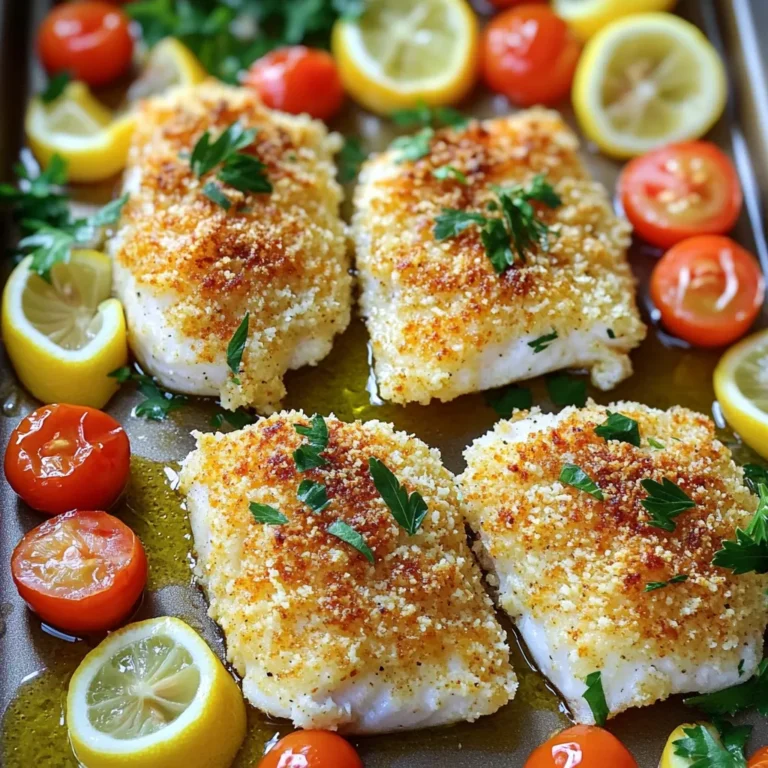To make Sheet Pan Parmesan Crusted Tilapia, gather these ingredients: - 4 tilapia fillets - 1 cup panko breadcrumbs - ½ cup grated Parmesan cheese - 2 tablespoons fresh parsley, chopped - 1 teaspoon garlic powder - 1 teaspoon onion powder - ½ teaspoon paprika - ½ teaspoon salt - ¼ teaspoon black pepper - ¼ cup mayonnaise - 1 tablespoon lemon juice - 1 cup cherry tomatoes, halved - 1 lemon, sliced - Olive oil for drizzling Each ingredient plays a key role. The tilapia fillets are soft and mild, making them perfect for this dish. The panko breadcrumbs create a crunchy topping. Parmesan cheese adds a rich flavor. Fresh parsley brightens the dish. The spices, like garlic powder and paprika, bring warmth and depth. Mayonnaise and lemon juice keep the fish moist and flavorful. Cherry tomatoes add a burst of sweetness. Lemon slices add zest and visual appeal. Drizzling olive oil enhances everything. This mix of flavors and textures makes a simple and tasty meal. It's easy to find all these items in your local store. Let's get cooking! - Preheat the oven: Start by setting your oven to 400°F (200°C). This step is key for a nice crust. - Prepare the sheet pan: Line a large sheet pan with parchment paper. This makes cleanup easy and keeps the fish from sticking. - Mix the dry ingredients: In a bowl, combine the panko breadcrumbs, grated Parmesan cheese, chopped parsley, garlic powder, onion powder, paprika, salt, and black pepper. Stir well until everything is mixed. - Apply the mayonnaise mixture: In a separate bowl, mix mayonnaise and lemon juice. Spread this mixture over each tilapia fillet on the pan. - Coat with breadcrumb mixture: Press the breadcrumb mix firmly onto the mayonnaise-covered fillets. Make sure each piece is well-coated for a crunchy crust. - Arrange tomatoes and lemon: Place halved cherry tomatoes and lemon slices around the tilapia. This adds color and flavor. Drizzle everything lightly with olive oil. - Bake time and temperature: Place the pan in the oven and bake for 12-15 minutes. The fish should be opaque, and the crust should be golden brown. - Checking for doneness: Use a fork to check if the tilapia flakes easily. This means it’s ready to eat. - Letting it rest: Once cooked, remove the pan from the oven. Let the tilapia rest for a couple of minutes. This helps the flavors settle. To get that golden crust, ensure even coverage. After spreading the mayonnaise, use a spoon or a spatula. Make sure the breadcrumbs stick well. Press down gently so they stay in place while baking. You can adjust flavors by adding your favorite herbs. For a twist, try dill or basil. A pinch of cayenne pepper adds heat without overpowering the dish. Experiment until you find what you love. Plating is key for a great meal. Serve the tilapia on a large platter. Garnish with fresh parsley for color. Add lemon wedges on the side for a zesty touch. For accompaniments, think simple. A side salad with mixed greens works well. Roasted veggies are another great option. They add color and flavor to your meal. If you're watching calories, swap mayonnaise for Greek yogurt. It adds creaminess without the extra fat. You can also reduce the cheese by half for fewer calories. Serving sizes matter too. This recipe serves four, making it perfect for a family. If you have leftovers, store them properly to enjoy later. {{image_2}} You can change up the herbs in this recipe. Try using basil or dill for a fresh twist. You can also mix in some oregano for a Mediterranean flavor. Each green herb adds its own taste and scent. For cheese, if you want a different taste, you can swap Parmesan. Try mozzarella for a milder flavor or feta for a tangy kick. Each cheese brings its own fun to the dish. You can make this dish in an air fryer too. Preheat your air fryer to 375°F (190°C). Place the coated tilapia in the basket. Cook for about 10-12 minutes, or until the fish is flaky. The air fryer gives a nice crisp crust quickly. Grilling is another great option. Heat your grill to medium. Place the tilapia in a grill basket to avoid sticking. Cook for about 5-6 minutes per side. This adds a smoky flavor that is fantastic. If you can't find tilapia, you can use other fish. Cod or haddock work well and have a mild taste. Both fish cook nicely and take on flavors well. For a gluten-free version, choose gluten-free breadcrumbs. Many brands offer good options now. They will still give you that crunchy texture you want. This way, everyone can enjoy this tasty meal. To keep your tilapia fresh, cool it down quickly. Place it on a plate and let it sit at room temperature for no more than two hours. After cooling, wrap each fillet in plastic wrap. You can also use a shallow, airtight container. This keeps the fish moist and prevents odors from other foods. When it comes to reheating, you have two main options: the microwave or the oven. The microwave is fast but may make the crust soggy. For a crispy crust, use the oven. Preheat it to 350°F (175°C). Place the tilapia on a baking sheet and heat for about 10 minutes. This will help keep that crunchy topping intact. If you want to freeze tilapia, wrap each fillet tightly in plastic wrap. Then, place them in a freezer bag. Remove as much air as possible. For best results, eat it within three months. When you're ready to cook, thaw the fish in the fridge overnight. This keeps the texture nice and firm. Never thaw at room temperature, as it can lead to bacteria growth. Can I use frozen tilapia? Yes, you can use frozen tilapia. Just thaw it first. Place the fillets in the fridge overnight or run them under cold water. This helps them cook evenly. How can I adjust the spice level? To spice things up, add more paprika or a pinch of cayenne pepper. For less heat, skip the paprika. You can also add herbs like basil or oregano for flavor without heat. Can I make this recipe ahead of time? You can prep the dish ahead. Mix the breadcrumbs and mayo, then coat the tilapia. Cover it and store in the fridge for a few hours. Bake it when you're ready. What sides pair well with this dish? Serve it with a fresh salad or steamed veggies. Rice or quinoa also make great sides. For a light touch, try a lemon or garlic butter sauce. How do I know when tilapia is fully cooked? Tilapia is done when it turns opaque and flakes easily with a fork. It should reach an internal temperature of 145°F (63°C). Use a food thermometer for best results. What to do if the crust isn't crispy? If the crust isn't crispy, try broiling it for the last few minutes. Keep an eye on it to avoid burning. You can also add a bit more olive oil before baking. How to fix dry tilapia? If your tilapia turns out dry, use a sauce to add moisture. A lemon butter sauce or tartar sauce works well. Next time, be sure not to overbake it. This blog post detailed a delicious baked tilapia recipe. You learned about the needed ingredients, like panko and Parmesan cheese. The step-by-step instructions help you prepare, assemble, and bake the dish right. Key tips ensure a perfect crust and great serving ideas. Don't forget variations to keep it interesting. Finally, I covered how to store leftovers and answer common questions. Now, you can enjoy this meal any time and impress others with your cooking skills!