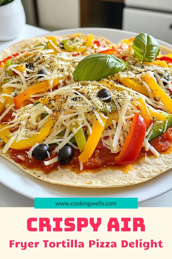 Create a delicious Air Fryer Crispy Tortilla Pizza in just 15 minutes! This easy recipe uses flour tortillas, marinara sauce, and melting mozzarella, topped with vibrant bell peppers and olives for a flavorful twist. Perfect for a quick lunch or dinner, this pizza is both satisfying and fun to make. Dive into this tasty treat and impress your family tonight! Click to explore the full recipe! #TortillaPizza #AirFryerRecipes #EasyCooking #PizzaNight