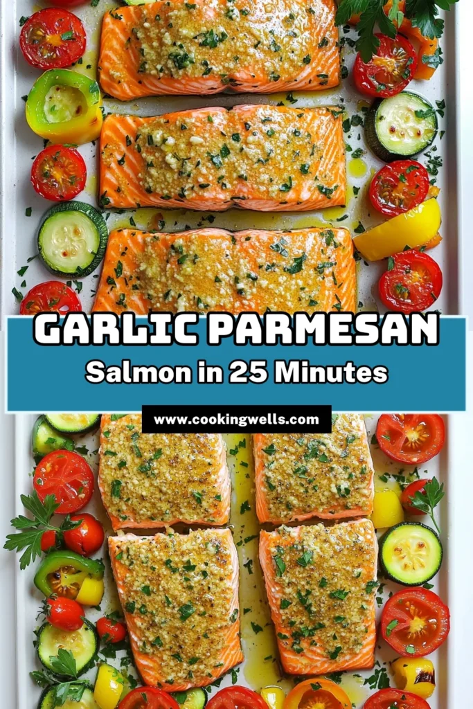 Try this easy Sheet Pan Garlic Parmesan Salmon recipe for a delicious dinner that's ready in just 25 minutes! With tender salmon fillets coated in a savory garlic Parmesan blend and colorful veggies like zucchini and cherry tomatoes, it's a meal that’s both healthy and flavorful. Don't miss out on this simple weeknight dish—click to explore the full recipe and enjoy a tasty, hassle-free cooking experience! #SheetPanDinner #HealthyRecipes #SalmonRecipes #EasyCooking