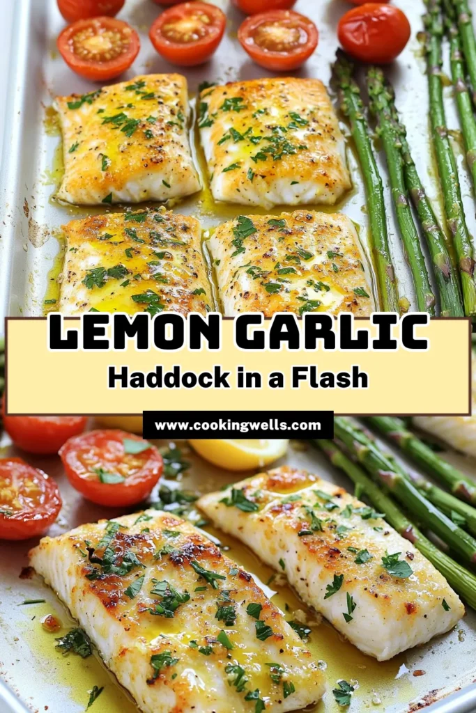 Savor the flavors of the sea with this delicious Sheet-Pan Lemon Garlic Haddock recipe! This easy one-pan meal combines flaky haddock fillets with vibrant cherry tomatoes and crisp asparagus, all infused with a zesty lemon garlic sauce. Ready in just 25 minutes, it's perfect for a weeknight dinner. Click through for the full recipe and make your taste buds dance! #HaddockRecipes #SheetPanDinner #HealthyEating #QuickRecipes