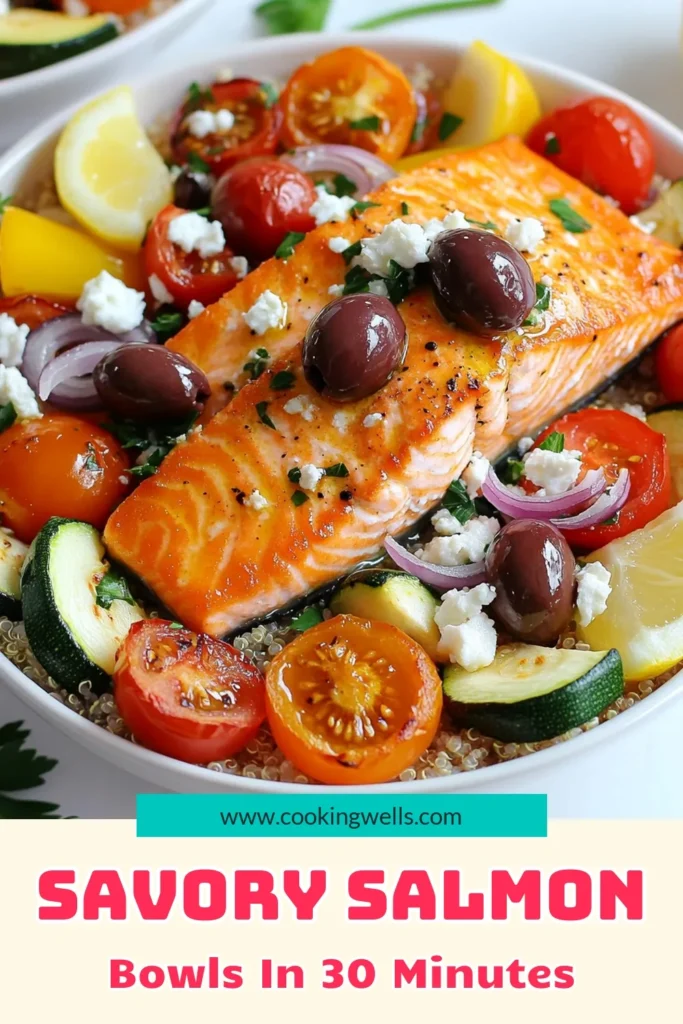 Dive into Mediterranean bliss with these delicious Salmon Bowls! Featuring roasted salmon fillets paired with vibrant veggies, quinoa, and a sprinkle of feta, this recipe is both healthy and mouthwatering. Perfect for a quick weeknight dinner, these bowls are bursting with flavor. Ready to tantalize your taste buds? Click through for the full recipe and start your culinary adventure today! #SalmonBowls #MediterraneanDiet #HealthyEating #QuickRecipes