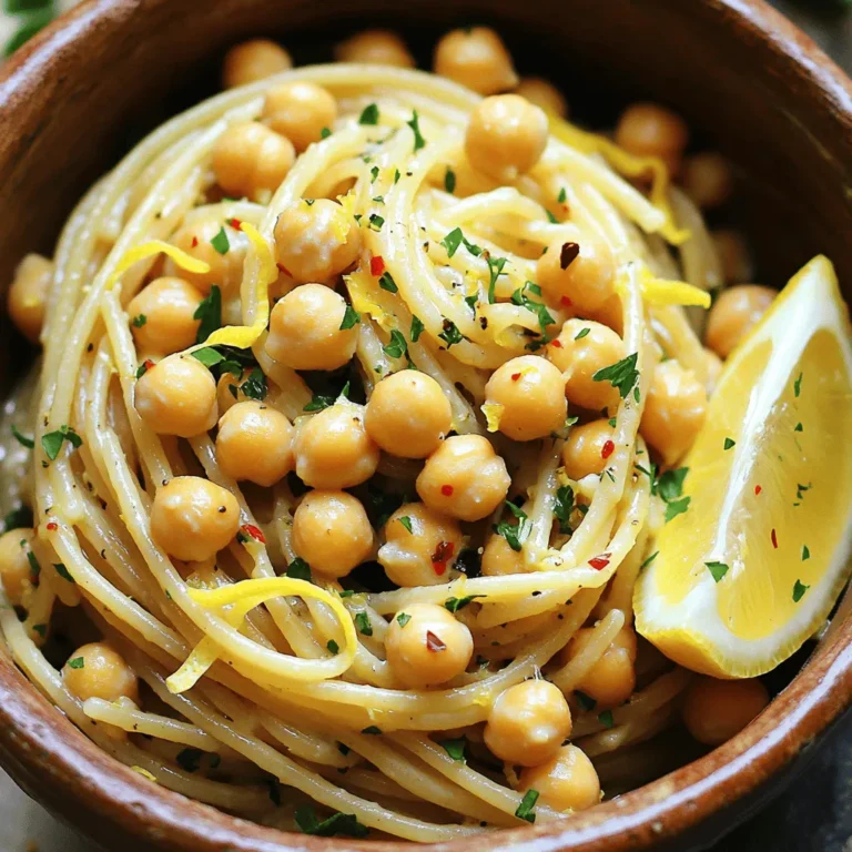 To make Lemon Garlic Chickpea Pasta, gather these key ingredients: - 8 oz whole wheat pasta (spaghetti or linguine) - 1 can (15 oz) chickpeas, rinsed and drained - 4 cloves garlic, minced - 1 lemon (juice and zest) - 3 tablespoons olive oil - 1 teaspoon red pepper flakes (adjust to taste) - Salt and pepper, to taste - Fresh parsley, chopped (for garnish) Each ingredient adds its own flavor and nutrition. Whole wheat pasta gives you fiber. Chickpeas bring protein and heartiness. Garlic adds a sharp taste, while lemon brightens the dish. You can elevate your dish with these optional ingredients: - Grated Parmesan cheese This cheese adds a creamy, salty touch. You can also serve with a lemon wedge for extra zest. Fresh herbs like basil or thyme can enhance the flavor too. If you need substitutes, here are some ideas: - Use gluten-free pasta instead of whole wheat. - Swap chickpeas for white beans if desired. - Try shallots or leeks instead of garlic for a different taste. - Use lemon juice from a bottle if fresh lemon is not available. These swaps can help fit your dietary needs or what you have on hand. Remember, cooking is all about creativity! First, bring a large pot of salted water to a boil. Add 8 ounces of whole wheat pasta. You can use spaghetti or linguine. Cook the pasta according to the package instructions until it is al dente. This should take about 8 to 10 minutes. After cooking, reserve ½ cup of the pasta water. Then, drain the pasta and set it aside. Next, heat 3 tablespoons of olive oil in a large skillet over medium heat. Once the oil is hot, add 4 minced garlic cloves and 1 teaspoon of red pepper flakes. Sauté them for about 1 minute. You want the garlic to smell great but not burn. Burning garlic will ruin the dish's flavor. After that, add 1 can of rinsed and drained chickpeas. Sauté them for another 2 to 3 minutes. This warms them up and lets them soak in the garlic oil. Now it’s time to combine everything. Toss the drained pasta into the skillet with the chickpeas and garlic. Mix them well to combine. Then, add the juice and zest of 1 lemon. Pour in the reserved pasta water too. Toss everything together again. Let it cook for an additional 1 to 2 minutes. This allows the sauce to coat the pasta. Season it with salt and pepper to taste. To serve, remove the skillet from heat. Garnish with chopped fresh parsley. If you like, sprinkle some grated Parmesan cheese on top. For a fun touch, serve the pasta in bowls. Drizzle some extra olive oil on top and add a sprinkle of lemon zest. You can also add a lemon wedge on the side for color and freshness. Enjoy your meal! Cook your pasta just right. Follow the package instructions for al dente. This means the pasta should be firm, but not hard. Start checking the pasta a minute early. Drain it, but save some pasta water. This water helps the sauce stick later. Use fresh herbs for bright taste. Chopped parsley adds color and flavor. Red pepper flakes give a kick. You can add more or less to fit your taste. A squeeze of lemon juice adds freshness. Zest the lemon too for extra zing. Make your dish look great. Serve in white bowls to show off the colors. Drizzle with olive oil for shine. A sprinkle of lemon zest adds brightness. Place a lemon wedge on the side for a pop of color. This makes your meal inviting and fun. {{image_2}} You can boost the nutrition of your Lemon Garlic Chickpea Pasta by adding veggies. Try spinach, cherry tomatoes, or bell peppers. These veggies add color and taste. Just sauté them with the garlic and chickpeas for a few minutes. They will get tender and soak in all the flavors. You can mix and match based on what you like or have on hand. If you want a gluten-free choice, use gluten-free pasta. There are many great options, like chickpea or rice pasta. These work well with the lemon and garlic. You can also make this dish vegan by skipping the Parmesan cheese. Instead, add nutritional yeast for a cheesy flavor that is plant-based. You don’t have to stick to just spaghetti or linguine. Try penne, rotini, or fettuccine for a fun twist. Each pasta shape holds the sauce differently, giving you a new taste. Just remember to adjust the cooking time based on the pasta type you choose. Enjoy experimenting with flavors and textures! To store your Lemon Garlic Chickpea Pasta, let it cool. Use an airtight container. This helps keep it fresh. You can store it in the fridge for up to 3 days. Make sure to label the container with the date. When you're ready to enjoy your leftovers, reheat them gently. Use a skillet over low heat. Add a splash of water or olive oil to prevent sticking. Stir often until heated through. You can also microwave it in a safe dish. Heat in 30-second bursts, stirring in between. You can freeze Lemon Garlic Chickpea Pasta for later. Place it in a freezer-safe container. Make sure to leave some space for expansion. It can last up to 3 months in the freezer. To reheat, let it thaw overnight in the fridge. Then, follow the reheating instructions above. This makes meal prep easy and quick! This dish takes just 15 minutes from start to finish. You can cook the pasta while you sauté the garlic and chickpeas. It’s quick and perfect for busy days. Yes, this recipe is already vegan! It uses chickpeas, pasta, and olive oil, which are all plant-based. Just skip the Parmesan cheese if you want to keep it vegan. You can serve this pasta with a simple green salad or garlic bread. Add a side of roasted veggies for extra flavor and nutrition. To boost protein, add more chickpeas or toss in some cooked lentils. You can also mix in grilled chicken or shrimp if you prefer animal protein. Absolutely! Canned chickpeas save time and work just as well. Just rinse and drain them before cooking. They add great flavor and texture to your pasta. This blog post covered a simple and tasty dish: Lemon Garlic Chickpea Pasta. We explored main ingredients, cooking steps, and tips to enhance flavor. Plus, we shared storage info and answered common questions. Incorporating these ideas will make your dish shine. Enjoy experimenting with different ingredients and serving options. This recipe is easy, healthy, and fun. You can impress anyone with your cooking skills. Keep it fresh and enjoy every bite!