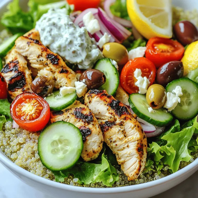 - 2 chicken breasts, boneless and skinless - 2 tablespoons olive oil - 3 cloves garlic, minced - 1 cup cooked quinoa or brown rice - 1 cucumber, diced - 1 cup cherry tomatoes, halved - 1 red onion, thinly sliced - 1 cup romaine lettuce, chopped - 1/2 cup crumbled feta cheese - 1/4 cup Kalamata olives, pitted and sliced - Tzatziki sauce (store-bought or homemade) For a filling meal, I like to use chicken breasts. They are easy to cook and very tasty. I prefer cooked quinoa for its nutty flavor and great texture. You can also use brown rice if you like. Adding fresh veggies like cucumber, tomatoes, and lettuce makes the bowl bright and colorful. - 1 tablespoon dried oregano - 1 teaspoon paprika - 1 teaspoon cumin - Salt and pepper to taste The spices are key to creating flavor. I use dried oregano for that classic Greek taste. Paprika adds a nice color and a bit of warmth. Cumin brings an earthy note. Salt and pepper enhance the overall taste. Mix these with olive oil and minced garlic to create a tasty marinade for the chicken. - Crumbled feta cheese - Sliced Kalamata olives - Tzatziki sauce For a true Greek experience, I love topping my bowls with crumbled feta. Its tangy flavor pairs well with the chicken and veggies. Kalamata olives add a nice briny touch. Lastly, tzatziki sauce gives a creamy, cool finish that ties everything together. Don’t forget to serve your bowl in a vibrant dish for that extra pop! To start, gather your ingredients. In a bowl, mix olive oil, minced garlic, dried oregano, paprika, cumin, salt, and pepper. Stir well to create a tasty marinade. Next, add the chicken breasts to this mix. Make sure every piece is coated well. Cover the bowl and let it sit in the fridge for at least 30 minutes. For the best flavor, you can marinate it for up to 2 hours. When you finish marinating, preheat your grill or grill pan over medium-high heat. Take the chicken out of the marinade and place it on the grill. Cook each piece for about 6 to 7 minutes on each side. You want the chicken to reach a safe internal temperature of 165°F (75°C). After cooking, let the chicken rest for a few minutes. Then, slice it into strips. Now, it’s time to build your bowls. Start with a base of cooked quinoa or brown rice. This gives your meal a great texture. Next, add the sliced chicken. You can pile on diced cucumber, halved cherry tomatoes, thinly sliced red onion, and chopped romaine lettuce. To finish, sprinkle crumbled feta cheese and sliced Kalamata olives on top. These add a nice salty flavor. Drizzle tzatziki sauce over everything or serve it on the side. Serve your bowls in bright, colorful dishes to show off the fresh ingredients. For an extra touch, add a lemon wedge on the side. This not only looks nice but gives a fresh burst of flavor too. To grill chicken well, use a good marinade. The mix of olive oil, garlic, and spices adds great taste. I recommend marinating the chicken for at least 30 minutes. For deeper flavor, let it sit for up to 2 hours. Always preheat your grill before adding the chicken. Cook each side for about 6 to 7 minutes. Check the internal temperature; it should reach 165°F (75°C). Let the chicken rest before slicing. This keeps it juicy. Meal prep makes cooking easier during the week. Start by marinating your chicken ahead of time. You can cook the chicken and store it in the fridge for up to four days. Prepare your grains, like quinoa or brown rice, in advance. Keep fresh veggies like cucumber and tomatoes chopped and ready to go. Store everything in separate containers to keep flavors fresh. This way, you can quickly assemble your bowls when hunger hits. Fresh ingredients make a big difference in taste. Use ripe cherry tomatoes and crisp cucumbers for crunch. Fresh romaine lettuce adds a nice texture to your bowl. For the best flavor, buy feta cheese that is freshly crumbled. Kalamata olives give a salty kick that complements the dish. Don’t forget the tzatziki sauce; it ties all the flavors together. Adding a squeeze of lemon at the end brightens everything up. {{image_2}} You can switch the chicken with beef or tofu. For beef, use thin slices of flank steak. Marinate it like the chicken. Grill it until it’s juicy. Tofu is a great option too. Use firm tofu and press it first. Cut it into cubes and marinate. Grill or sauté until golden brown. If you want a vegetarian meal, consider using chickpeas or lentils. Chickpeas add protein and texture. Roast them with spices for a crunchy treat. You can also use lentils for a softer bite. Cook them until tender and mix them with herbs for extra flavor. Try different grains for a unique twist. Couscous cooks quickly and is light. It adds a fluffy base to your bowl. Farro, on the other hand, is chewy and hearty. It gives a nutty flavor. Both options work well with the Greek flavors. Choose what you like best for your gyro bowl! Store your Greek Chicken Gyro Bowls in airtight containers. This keeps the flavors fresh. Let the bowls cool to room temperature before sealing. Place them in the fridge right away. Consume within 3 to 5 days for the best taste. Keep toppings, like cucumbers and lettuce, separate for crunch. To freeze, use freezer-safe containers. Separate the chicken from the grains and veggies. This helps keep the texture nice. When you are ready to eat, thaw the bowls overnight in the fridge. Reheat in the microwave or on the stovetop. Aim for a heat of 165°F (75°C) before serving. - Chicken: 1-2 days in the fridge, up to 6 months in the freezer. - Quinoa or brown rice: 4-6 days in the fridge, up to 1 year in the freezer. - Fresh veggies (cucumbers, tomatoes, lettuce): 3-5 days in the fridge. - Feta cheese: 5-7 days once opened. - Tzatziki sauce: 1-2 weeks in the fridge, depending on the recipe. Understanding how to store your ingredients helps keep your meals tasty and safe. Greek Chicken Gyro Bowls come from Greece. They are inspired by gyros, a popular street food. Gyros typically feature meat cooked on a vertical rotisserie. In this bowl, we use grilled chicken instead. This dish mixes flavors from Greece, like oregano and tzatziki sauce. It offers a balance of protein, grains, and vegetables. You can enjoy the same taste in a healthy, easy-to-make bowl. Yes, you can easily make tzatziki sauce at home! To do this, use fresh yogurt, cucumber, garlic, and dill. Combine one cup of yogurt with one diced cucumber. Add two minced garlic cloves and one tablespoon of chopped dill. Mix all the ingredients well and season with salt. Let it chill in the fridge for a bit. This sauce adds a fresh, tangy flavor that pairs well with the chicken. If you don’t have quinoa or brown rice, several great options exist. You can use couscous for a quick and fluffy base. Farro is another tasty choice with a chewy texture. If you're looking for a gluten-free option, try cauliflower rice. It’s low in carbs and adds a nice crunch. Each of these substitutes will still give you a great meal. You learned about the key ingredients for Greek Chicken Gyro Bowls, from spices to toppings. I shared steps for marinating chicken, cooking it, and assembling delicious bowls. You now have tips to grill chicken perfectly and best practices for meal prep. With these variations, you can explore different proteins and grain bases while enjoying fresh flavors. Lastly, I covered how to store and reheat leftovers to keep meals fresh. Enjoy making these bowls your own!