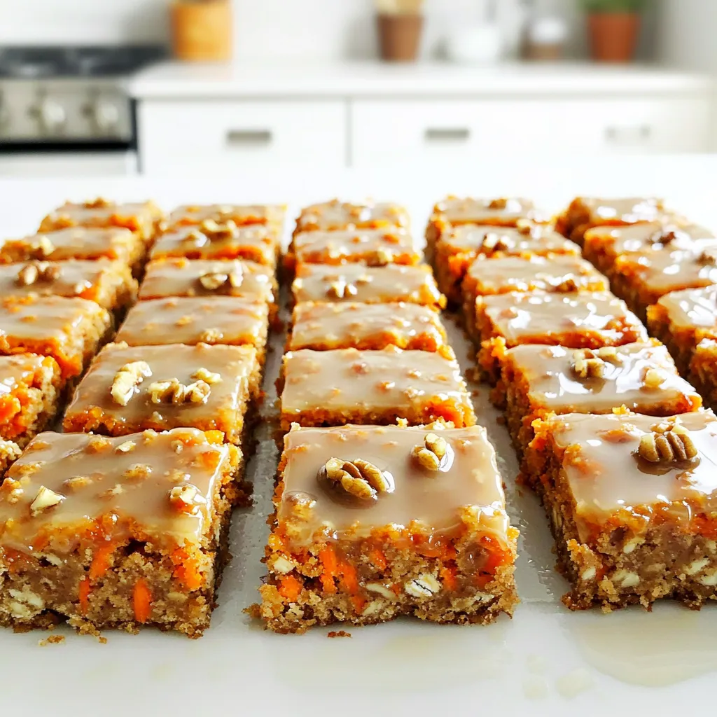 - 2 cups grated carrots - 1 cup all-purpose flour - 1 cup rolled oats - 1/2 cup brown sugar - 1/2 cup maple syrup - 1/3 cup vegetable oil - 2 large eggs To make these Maple Glazed Carrot Cake Bars, you need fresh grated carrots. Use about four medium carrots for two cups. The oats bring a nice texture, while brown sugar adds sweetness. Maple syrup not only sweetens but also gives that rich flavor. Vegetable oil keeps the bars moist, and eggs help bind everything. - 1/2 cup chopped walnuts or pecans - Spices: cinnamon, ginger, nutmeg You can add nuts for crunch. Walnuts or pecans work well. A mix of spices like cinnamon, ginger, and nutmeg adds warmth. These spices create a cozy flavor that enhances the sweetness. - 1 cup powdered sugar - 3 tablespoons maple syrup - 1-2 teaspoons milk The glaze is simple. Use powdered sugar as the base and mix in maple syrup. Add milk to reach your desired thickness. This glaze makes the bars shine and taste even better. - Preheat oven to 350°F (175°C). - Prepare the baking dish with parchment paper. Start by preheating your oven. This step is key to getting those bars just right. While the oven heats, take an 8x8 inch baking dish and line it with parchment paper. Leave some paper hanging over the edges. This makes it easy to lift the bars out later. - Combine grated carrots, oats, and nuts. - Whisk together dry and wet ingredients. In a large bowl, mix the grated carrots, oats, and nuts if you want that extra crunch. In another bowl, whisk the dry ingredients. This includes flour, brown sugar, baking powder, baking soda, cinnamon, ginger, nutmeg, and salt. Make sure everything blends well. Now, in a separate bowl, beat the eggs and mix in the maple syrup and vegetable oil until smooth. Next, combine the wet ingredients with the dry ones. Stir gently until just mixed. You do not want to overmix. Then, fold in the carrots and nuts. This ensures every bite is full of flavor. - Pour batter into prepared dish. - Bake for 25-30 minutes. Now, pour the batter into your prepared dish. Spread it evenly with a spatula. Bake in the preheated oven for 25 to 30 minutes. Check for doneness by inserting a toothpick into the center. If it comes out clean, your bars are ready! Let them cool in the pan for about 10 minutes. Then, lift them out using the parchment paper. Allow them to cool fully on a wire rack before glazing. - How to know when the bars are done You can check if the bars are done by inserting a toothpick. If it comes out clean, they are ready. This usually takes about 25-30 minutes. - Importance of not overmixing When you mix the batter, do it just until you see no dry flour. Overmixing can make the bars tough. You want them soft and moist. - Achieving the perfect glaze consistency The glaze should be smooth and pourable. Mix powdered sugar, maple syrup, and milk until it flows easily. If it’s too thick, add more milk, a little at a time. - Tips for drizzling glaze Use a spoon or a squeeze bottle to drizzle the glaze. Start from the center and move outwards for a nice look. You can even let it drip down the sides. - Serving suggestions for an appealing display Serve the bars on a rustic wooden platter. This adds charm. Place them in neat rows for a clean visual. - Garnishing techniques with walnuts and maple syrup Sprinkle some chopped walnuts on top for crunch. A light drizzle of extra maple syrup adds shine and sweetness. This will make your bars look even more tempting. {{image_2}} You can mix up the flavor of your maple glazed carrot cake bars. One way is by adding chocolate chips or dried fruit. Chocolate chips bring a rich taste and a fun surprise in each bite. Dried fruit, like raisins or cranberries, adds a chewy texture and a sweet burst. You can also switch up the spices. Try using cardamom for a warm twist or allspice for a cozy flavor. Each spice brings its own charm, so feel free to experiment! If you need gluten-free options, use gluten-free flour instead of all-purpose flour. Many brands offer good choices that work well in baking. You can also replace oats with gluten-free oats to keep the texture right. For vegan adaptations, swap the eggs with flax eggs. Mix one tablespoon of flaxseed meal with three tablespoons of water. Let it sit for five minutes to thicken. Use a plant-based oil in place of vegetable oil and maple syrup can be a great sweetener. Maple glazed carrot cake bars are great on their own, but you can make them even better. Pair them with a scoop of ice cream for a fun dessert. The cold creaminess balances the sweet, warm bars. You can also enjoy these bars as a breakfast treat. They are not too sweet and fill you up. Add a drizzle of maple syrup or a dollop of whipped cream for a special touch. Enjoy them with your morning coffee or tea! To keep your leftover maple glazed carrot cake bars fresh, store them in the fridge. Place the bars in an airtight container. This method keeps them moist and tasty for days. If you want to store them longer, freezing is a great option. Wrap each bar in plastic wrap, then place them in a freezer-safe bag. They can last up to three months in the freezer. When you’re ready to enjoy your bars again, reheating is key. The best way is to use the oven. Preheat it to 350°F (175°C). Place the bars on a baking sheet and heat for about 10 minutes. This helps keep them soft and warm. If you're in a hurry, the microwave works too. Heat them for 15-20 seconds. However, this method can make them a bit chewy. At room temperature, the bars last about three days. Keep them in a cool, dry place. After that, check for signs of spoilage. Look for a dry texture or an off smell. If you see any mold, it’s best to toss them out. Enjoy your maple glazed carrot cake bars fresh for the best taste! Can I use store-bought carrot cake mix? Yes, you can use store-bought carrot cake mix. Just follow the package instructions. Then, add the maple glaze for a sweet touch. This option saves time and still tastes great. How do I substitute maple syrup? You can replace maple syrup with honey or agave syrup. Both options add sweetness. If you use honey, it might change the flavor slightly. Adjust the amount as needed. What can I add to make them more moist? To make the bars more moist, add applesauce or crushed pineapple. Both options work well. They add moisture without changing the flavor too much. You can also use more grated carrots. Overview of calories per serving Each bar has about 150 calories. This is based on cutting the recipe into 16 bars. It makes a delicious treat without too many calories. Breakdown of key nutrients - Carbohydrates: 22 grams - Protein: 3 grams - Fat: 6 grams - Fiber: 2 grams These nutrients help keep you full and satisfied after eating. What others say about their experience Many people love these bars! They say the flavor is amazing and the glaze is a nice touch. Some enjoy them as a snack or dessert. Tips shared by readers for perfecting the recipe Readers suggest not overmixing the batter. This keeps the bars light and fluffy. Others recommend using fresh spices for the best taste. In this blog post, we explored a delicious recipe for maple-glazed carrot cake bars. You learned about key ingredients like carrots, oats, and optional add-ins for extra flavor. I shared clear steps for preparation, mixing, and baking. Helpful tips ensured your baking gets great results. We also looked at variations, storage options, and FAQs for your needs. I hope these insights inspire you to bake these tasty bars and enjoy every bite!