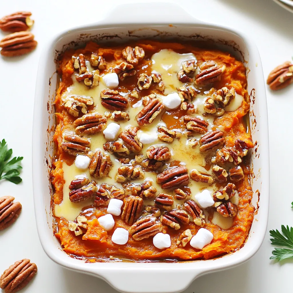 To make this Maple Pecan Sweet Potato Casserole, you will need: - 4 medium sweet potatoes, peeled and cubed - 1/2 cup maple syrup - 1/4 cup unsalted butter, melted - 1/2 teaspoon cinnamon - 1/4 teaspoon nutmeg - 1/4 teaspoon salt - 1/2 cup milk (or plant-based milk) - 1 teaspoon vanilla extract - 1 cup pecans, chopped - 1/2 cup brown sugar - 1/2 cup mini marshmallows (optional) Each ingredient plays a key role. Sweet potatoes offer a creamy base. Maple syrup adds sweetness and a hint of flavor. Butter helps with richness. The spices give warmth. Milk makes everything smooth. Lastly, pecans and marshmallows provide a lovely crunch and sweetness on top. You can easily adapt this recipe for different diets: - Dairy-Free: Use plant-based milk instead of regular milk. Replace butter with coconut oil or a dairy-free spread. - Nut-Free: Omit the pecans or use seeds like sunflower seeds for a different crunch. - Gluten-Free: This recipe is naturally gluten-free. Just ensure all ingredients are labeled gluten-free. These swaps let everyone enjoy this dish without worry. When it comes to ingredients, quality matters. Here are some brands I trust: - Maple Syrup: Look for brands like Grade A Pure Maple Syrup from Vermont. It has a rich flavor. - Pecans: I recommend buying from brands like Fisher or Planters. They offer fresh, high-quality nuts. Using good ingredients makes a big difference in taste. Choose wisely! Start by peeling and cubing four medium sweet potatoes. Place them in a large pot and cover them with water. Bring the water to a boil over medium-high heat. Cook the sweet potatoes for about 15 minutes, or until they are fork-tender. Drain the potatoes and let them cool for a few minutes. This step ensures they mash easily. In a mixing bowl, mash the cooked sweet potatoes until they are smooth. Then, add in 1/2 cup of maple syrup, 1/4 cup of melted unsalted butter, 1/2 teaspoon of cinnamon, 1/4 teaspoon of nutmeg, and 1/4 teaspoon of salt. Pour in 1/2 cup of milk, or your choice of plant-based milk, and 1 teaspoon of vanilla extract. Mix all the ingredients together until everything is creamy and well combined. This will be the base for your casserole. In a separate bowl, combine 1 cup of chopped pecans with 1/2 cup of brown sugar. Pour in 1/4 cup of melted butter and stir until the pecans are coated. This topping adds a nice crunch and sweetness to your dish. If you want, you can also include 1/2 cup of mini marshmallows for an extra sweet touch. Preheat your oven to 375°F (190°C). Pour the sweet potato mixture into a greased 9x13-inch baking dish. Spread it out evenly. Next, sprinkle the pecan mixture over the sweet potato layer. If you chose to use mini marshmallows, scatter them on top now. Bake the casserole for about 25-30 minutes, or until it is bubbly and the topping is golden brown. After baking, let it rest for a few minutes before serving. Serve warm, garnished with whole pecans for a lovely look. To make creamy sweet potatoes, start with fresh, medium sweet potatoes. Peel and cube them evenly. Boil the sweet potatoes in water until they are fork-tender, about 15 minutes. This helps them cook evenly. After boiling, drain and let them cool slightly. Mash them until smooth in a bowl. Add maple syrup, melted butter, cinnamon, nutmeg, salt, milk, and vanilla extract. Mix until everything is well combined. This method ensures a rich and creamy texture. For a crunchy topping, use fresh pecans. Chop them roughly for great texture. Mix the chopped pecans with brown sugar and melted butter in a bowl. This mix adds sweetness and crunch. Spread the pecan mixture evenly on top of the sweet potato layer. If you like, sprinkle mini marshmallows on top for extra sweetness and a nice look. Bake until the topping is golden brown and bubbly, usually around 25-30 minutes. This creates a perfect, crispy layer. Serve your casserole warm right from the oven. I love adding whole pecans on top for a nice touch. For color, sprinkle some chopped parsley around the dish. This adds freshness and taste. Pair the casserole with roasted meats like turkey or ham. It also goes well with a simple green salad. You can even serve it as a sweet side for breakfast. It’s tasty any time of day! {{image_2}} You can easily make this casserole vegan and dairy-free. Instead of milk, use plant-based milk like almond or oat milk. Replace butter with coconut oil or vegan butter. For a creamy texture, add a bit more maple syrup to the sweet potato mix. This keeps the dish rich and sweet. These swaps allow everyone to enjoy this tasty treat. Mixing in different nuts or fruits can add fun flavors. You could try walnuts or pecans for crunch. If you want a fruity twist, add dried cranberries or chopped apples. Both fruits pair nicely with sweet potatoes. This will change the dish while still keeping it delicious. Don't be afraid to experiment with your favorite flavors. You can switch up the sweeteners for a unique taste. If you want less sugar, use agave syrup or honey instead of maple syrup. For a spicy kick, try adding ginger or allspice. These will enhance the flavor while keeping the dish sweet. Feel free to play with spices to find your perfect mix. Store any leftover Maple Pecan Sweet Potato Casserole in an airtight container. Place it in your fridge. It should stay fresh for about three to four days. Make sure to cool it to room temperature before sealing it up. This helps keep the texture nice. To reheat, you can use the oven or microwave. If you use the oven, set it to 350°F (175°C). Place the casserole in an oven-safe dish. Cover it with foil to keep it moist. Heat for about 15-20 minutes or until warm. If using a microwave, place a serving on a plate. Heat for 1-2 minutes, checking every 30 seconds to avoid overcooking. You can freeze the casserole for longer storage. First, let it cool completely. Then, wrap it tightly in plastic wrap and foil. This helps prevent freezer burn. It can stay in the freezer for up to three months. To defrost, move it to the fridge overnight before reheating. Enjoy your delicious dish later! Yes, you can use other potatoes, but sweet potatoes shine in this dish. They add a rich flavor and creamy texture. If you try regular potatoes, the taste will change. Yukon Golds can work well too, but they will not be as sweet. This casserole is easy to make gluten-free! Just use gluten-free breadcrumbs for the topping if you want a crunchy texture. All the other ingredients, like sweet potatoes and maple syrup, are naturally gluten-free. A 9x13-inch baking dish is perfect for this casserole. This size allows the sweet potato mix to bake evenly. If you use a smaller dish, the casserole may overflow. A larger dish will spread the mixture too thin. Yes, you can make this casserole ahead of time! Prepare it up to the baking step and cover it tightly. Store it in the fridge for one to two days. When ready to bake, just add a few extra minutes to the cooking time. This article covered making a delicious sweet potato casserole. We talked about ingredients, including swaps for diets, and brands to trust. You learned how to make the base and create the perfect pecan topping. We shared tips for a creamy texture and tasty variations. Storage advice and common questions helped round out the topic. I hope you feel ready to try this recipe. Enjoy making it your own!