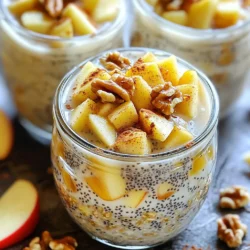 - 1 cup rolled oats - 1 cup almond milk (or any preferred milk) - 1 medium apple, diced (preferably a sweet variety like Fuji or Honeycrisp) These ingredients are the heart of your cozy apple cinnamon overnight oats. Rolled oats give the dish a hearty base. Almond milk adds creaminess and flavor. Sweet apples bring a delightful crunch and taste. - 1 tablespoon chia seeds - 1 tablespoon maple syrup (adjust based on sweetness preference) - 1 teaspoon ground cinnamon Chia seeds boost nutrition and help thicken the oats. Maple syrup adds natural sweetness. Ground cinnamon gives that warm, cozy flavor we all love. - 1/2 teaspoon vanilla extract - A pinch of salt - Optional toppings: chopped nuts (like walnuts or pecans), additional apple slices, and a drizzle of honey Vanilla extract enhances the aroma and flavor. A pinch of salt brightens all the tastes. Toppings like nuts and extra apple slices add texture and flavor. You can even drizzle honey for extra sweetness if you like. 1. Mixing the base ingredients: Start by taking a mixing bowl. Add 1 cup of rolled oats and 1 cup of almond milk into the bowl. Then, sprinkle in 1 tablespoon of chia seeds. Stir well until everything combines nicely. 2. Adding flavor components: Next, chop a medium apple into small pieces. I like to use sweet apples like Fuji or Honeycrisp. Toss the diced apple into the bowl. Now, add 1 tablespoon of maple syrup, 1 teaspoon of ground cinnamon, and 1/2 teaspoon of vanilla extract. Add a pinch of salt to enhance the taste. Mix everything until you see a uniform blend. 3. Transferring to containers: Grab some mason jars or airtight containers. Spoon the oat mixture into these jars. Make sure to leave some space at the top. This helps when the oats soak and expand. 1. Sealing and chilling the mixture: After filling the jars, seal them tightly. This keeps the oats fresh and prevents spills. 2. Suggested soaking time: Place the jars in the fridge. Let them chill overnight for the best flavor. If you're in a hurry, at least four hours will work, but overnight is best. 1. Stirring before serving: When you wake up, take the jars out of the fridge. Give the oats a good stir. This helps mix the flavors again. 2. Adjusting consistency with milk: If the oats seem too thick, add a splash of almond milk. This makes them creamier and easier to eat. 3. Adding toppings for enhanced flavor: Finally, get creative with toppings! I love adding chopped nuts like walnuts or pecans. You can also add extra apple slices and a drizzle of honey on top for some added sweetness. Enjoy your cozy breakfast! When picking apples, I love to choose Fuji or Honeycrisp. These apples are sweet and crunchy. They add great flavor to your oats. Look for firm apples with smooth skin. Avoid apples with bruises or soft spots. The best time to buy apples is during fall. This is when they are at their peak ripeness. To tell if an apple is ripe, check its color. It should be bright and vibrant. Give it a gentle squeeze. If it feels hard, it’s ready to eat. If it gives in a bit, it may be overripe. To get the right thickness in your overnight oats, adjust the liquid. If your oats are too thick in the morning, add a splash of milk. Start with a little, then add more if needed. You want a creamy texture, not a soup. To avoid mushy oats, let them soak just long enough. Four hours is fine, but overnight is best. This way, the oats soften without losing their shape. You can also try using less liquid for a thicker mix. Meal prepping your overnight oats makes mornings easier. I suggest making a few jars at once. You can enjoy them throughout the week. Use mason jars or airtight containers to keep them fresh. For best results, leave some space at the top of the jar. This allows the oats to expand. Store them in the fridge for up to five days. Just remember to stir before serving. This helps blend the flavors again. {{image_2}} To make your Apple Cinnamon Overnight Oats fit different diets, consider these options: - Dairy-free alternatives: Use almond milk, coconut milk, or oat milk instead of dairy milk. These choices keep the dish creamy and tasty. - Gluten-free options: Ensure your oats are labeled gluten-free. This way, you can enjoy them without worry. You can switch up the flavors to keep things exciting: - Adding spices: Try adding nutmeg or ginger for a warm touch. Just a pinch can make a big difference. - Sweetening alternatives: Use agave syrup or stevia instead of maple syrup. These options provide a different sweetness level. Adjust the texture to suit your taste: - Incorporating yogurt or nut butter: Stir in some yogurt for creaminess or add nut butter for richness. Both options boost flavor and texture. - Substituting oats with quinoa or other grains: Swap oats for quinoa or buckwheat. These grains add a unique taste and texture to your dish. To keep your apple cinnamon overnight oats fresh, use airtight containers. Glass mason jars work great. They seal well and show off the layers. Plastic containers also work if they are airtight. Make sure to store your oats in the fridge. This keeps them safe and tasty. FAQs about refrigeration: - Can I store them in the fridge? Yes, always store them in the fridge. - How should I cover them? Use a lid or plastic wrap for best results. Your overnight oats can last up to five days in the fridge. Make sure to check them before eating. If they smell sour or have a strange look, it’s time to toss them. Signs of spoilage: - Sour smell - Unusual color or texture - Mold growth Yes, you can freeze your overnight oats! This is a good way to save extra servings. How to freeze and thaw for best results: - Freezing: Portion the oats into freezer-safe containers. Leave some space for expansion. - Thawing: To thaw, move them to the fridge overnight. You can also microwave them for a quick warm-up. Just add a splash of almond milk to restore the creamy texture. Yes, you can use quick oats. However, they change the texture and flavor. Quick oats cook faster and absorb liquid more quickly. This makes them softer and creamier. If you prefer a firmer bite, stick with rolled oats. They hold their shape better. Overnight oats stay good for about 3 to 5 days in the fridge. Store them in an airtight container. This keeps them fresh and tasty. Always check for signs of spoilage before eating. If they look or smell off, it's best to toss them. You can heat your overnight oats easily. Just put them in a bowl and microwave for about 30 to 60 seconds. Stir them well to keep the texture smooth. If they seem too thick, add a splash of almond milk. This helps maintain their creamy goodness. Overnight oats offer many health benefits. They are high in fiber, which is great for digestion. They also provide sustained energy due to their whole grain content. The chia seeds add healthy omega-3s, while apples provide vitamins. Plus, it’s a fun way to enjoy a nutritious breakfast! In this article, I covered how to make delicious overnight oats. We explored the main ingredients like rolled oats, almond milk, and diced apples. I shared ways to enhance flavor with chia seeds, maple syrup, and cinnamon. I also gave tips on choosing apples, achieving the right consistency, and making variations for different diets. Overnight oats are easy to prepare and store. You can enjoy them in many ways. Experiment with flavors and tweaks to find your favorite mix. Healthy eating can be simple and enjoyable.