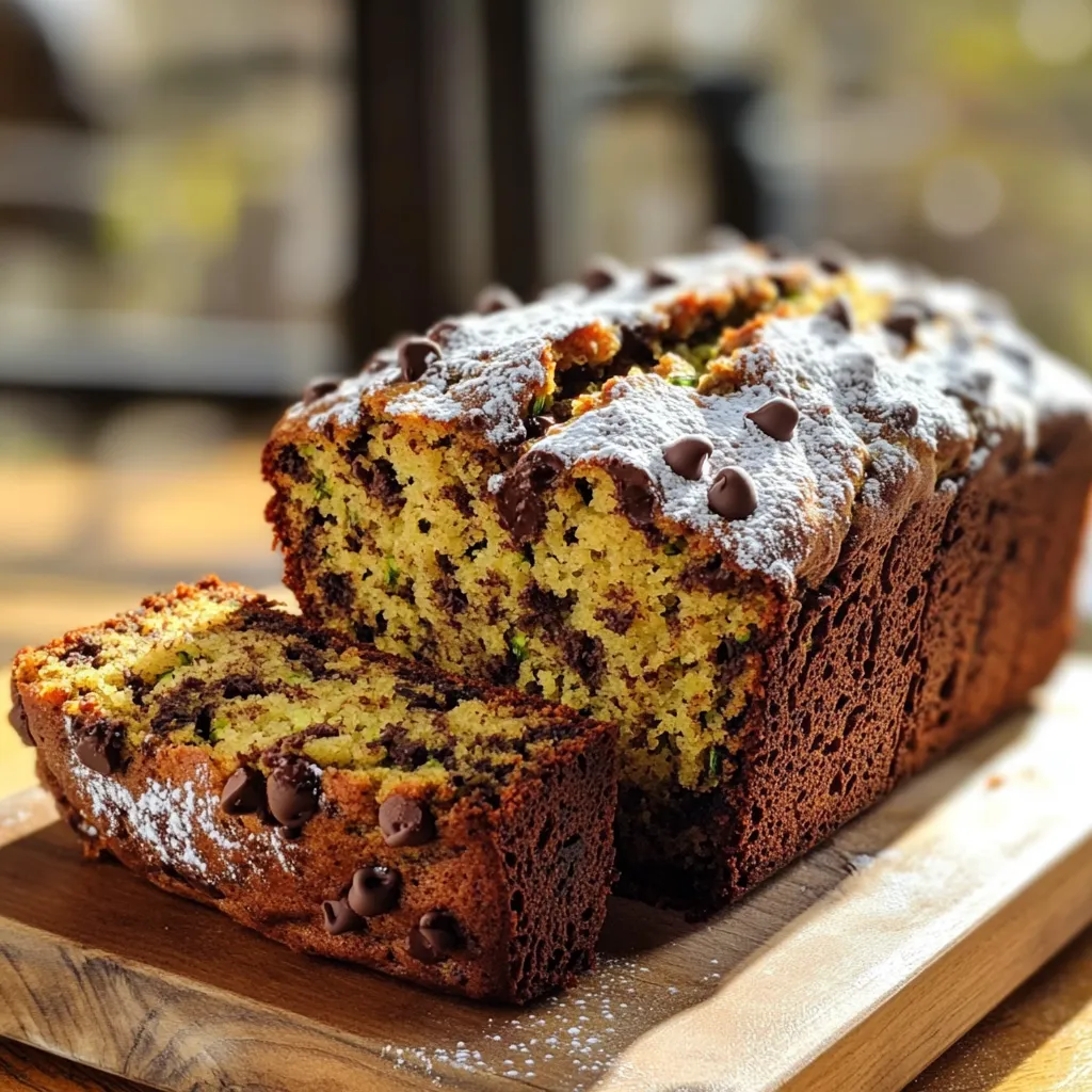 - Grated Zucchini Use about 1 medium zucchini to get 1 cup. Grating it adds moisture. - All-Purpose Flour One cup of this flour gives a nice texture to the bread. - Whole Wheat Flour Half a cup adds fiber and a nutty flavor. - Sugars (Granulated & Brown) Combine 3/4 cup of granulated sugar and 1/2 cup of brown sugar. This mix sweetens the bread and gives it depth. - Oils (Vegetable or Coconut) Use 1/2 cup of vegetable oil or melted coconut oil. This keeps the bread moist. - Eggs and Vanilla Extract Two large eggs and 1 teaspoon of vanilla extract bind the mix and add flavor. - Baking Agents (Baking Soda & Baking Powder) One teaspoon of baking soda and half a teaspoon of baking powder help the bread rise well. - Seasoning (Salt & Cinnamon) A half teaspoon of salt and 1 teaspoon of ground cinnamon enhance the flavors nicely. - Chocolate Chips and Optional Walnuts Stir in 1/2 cup of semi-sweet chocolate chips. You can add 1/4 cup of chopped walnuts for extra crunch. These ingredients blend together to create a moist and flavorful treat. Each one plays a key role in making the chocolate chip zucchini bread a hit! - Preheating the Oven Start by preheating your oven to 350°F (175°C). This ensures an even bake for your bread. - Preparing the Loaf Pan Grease a 9x5 inch loaf pan with non-stick spray. You can also line it with parchment paper. This makes removing the bread easy. - Mixing Wet Ingredients In a large bowl, combine 1 cup of grated zucchini, 1/2 cup of vegetable oil, 3/4 cup of granulated sugar, and 1/2 cup of brown sugar. Add 2 large eggs and 1 teaspoon of vanilla extract. Whisk until smooth. - Mixing Flour and Baking Agents In another bowl, mix 1 cup of all-purpose flour, 1/2 cup of whole wheat flour, 1 teaspoon of baking soda, 1/2 teaspoon of baking powder, 1/2 teaspoon of salt, and 1 teaspoon of ground cinnamon. Ensure all dry ingredients are well blended. - Incorporating Dry Into Wet Gradually add the dry mix into the wet mixture. Fold gently until just combined. Be careful not to over mix, as this can make the bread tough. - Pouring the Batter Pour the batter into the prepared loaf pan. Smooth the top with a spatula for an even bake. - Baking Time and Doneness Check Bake for 50-60 minutes. To check doneness, insert a toothpick into the center. It should come out clean or with a few moist crumbs. If you see wet batter, it needs more time. Once done, let it cool for 15 minutes in the pan before transferring it to a wire rack. - Avoiding Overmixing: When you mix the wet and dry ingredients, do it gently. Overmixing can make your bread tough. You want to keep a light and airy texture. Fold the ingredients just until combined. It’s okay if there are a few lumps. - Achieving the Perfect Texture: The key to moist bread is the zucchini. Grate it finely, but do not press out all the moisture. This keeps your bread soft. If your batter seems too thick, add a splash of milk to loosen it. - Serving Suggestions: Serve your chocolate chip zucchini bread warm. A dusting of powdered sugar adds a nice touch. For a treat, top with a scoop of vanilla ice cream. This makes it a dessert everyone will love. - Storing & Gift-Wrapping Ideas: To store, wrap the bread in plastic wrap. Keep it at room temperature for a few days. For gifts, slice the bread and wrap it in parchment paper. Tie it with twine for a rustic look. - Why Use Zucchini?: Zucchini adds moisture without extra fat. It’s low in calories and high in fiber. This makes your bread healthier. You get great taste without guilt. - Nutritional Information: Each slice of chocolate chip zucchini bread is packed with nutrients. It contains vitamins A and C, plus potassium. The zucchini helps keep your digestion smooth, too. Enjoy this treat knowing it's good for you! {{image_2}} Additional Chocolate Variants You can boost the chocolate flavor by adding different types of chocolate. Use dark chocolate chips or even white chocolate chips for a fun twist. You could also melt chocolate and mix it into the batter for extra richness. This enhances the sweet taste and makes each slice even more delightful. Other Nut Options While walnuts add a nice crunch, you can try other nuts too. Pecans or hazelnuts work well and give a unique flavor. Chop them finely and fold them into the batter. This adds texture and a different taste to your zucchini bread. Gluten-Free Options If you need a gluten-free version, swap the all-purpose flour with a gluten-free blend. Make sure it contains xanthan gum for a good texture. This allows everyone to enjoy the bread without worry. Sugar Substitutes For a healthier option, use natural sweeteners like honey or maple syrup. You can also try coconut sugar as a substitute for brown sugar. These swaps can lower the overall sugar content while keeping the bread sweet and tasty. Adding Spices or Flavorings In the fall, add spices like nutmeg or pumpkin spice for a festive touch. You can also mix in some orange zest for a bright flavor. This keeps your zucchini bread fun and fresh, no matter the season. Holiday Versions For the holidays, consider adding dried fruits like cranberries or raisins. This gives a festive look and taste. You can also drizzle a simple icing on top for a special treat that looks great on any holiday table. Room Temperature You can store chocolate chip zucchini bread at room temperature for up to three days. Keep it in an airtight container or wrap it tightly in plastic wrap. This keeps it moist and tasty. Refrigeration If you want it to last longer, place the bread in the fridge. It will stay fresh for about a week. Use a container or wrap it well to prevent drying out. How to Freeze Properly Freezing is a great option if you have extra bread. First, slice the bread or leave it whole. Wrap it in plastic wrap, then place it in a freezer bag. Remove as much air as you can before sealing. This keeps the bread fresh. Thawing Instructions When you are ready to enjoy it, take it out of the freezer. Leave it in the fridge overnight to thaw. You can also leave it at room temperature for a few hours. It will taste just as good! Best Before Dates Chocolate chip zucchini bread is best eaten within a week. If properly stored, it can last up to three months in the freezer. Always check for the best taste. Signs of Spoilage Look for signs like mold, an off smell, or a dry texture. If you see any of these, it’s time to toss the bread. Eating spoiled food is never a good idea! Can I substitute zucchini for other vegetables? Yes, you can use carrots or squash. Both add moisture and flavor. How long can I store Chocolate Chip Zucchini Bread? You can store it at room temperature for about three days. For longer storage, refrigerate it for up to a week. Can this recipe be made as muffins? Absolutely! Just fill muffin tins with the batter. Bake for 20-25 minutes. What can I use instead of eggs for a vegan version? Try using flaxseed meal or unsweetened applesauce. Both work well in this recipe. How do I know when the zucchini bread is done baking? Insert a toothpick into the center. If it comes out clean or with a few crumbs, it's done. In this article, we explored how to make delicious Chocolate Chip Zucchini Bread. We covered the key ingredients, step-by-step instructions, useful baking tips, and creative variations. You learned about storage tips to keep your bread fresh and answers to common questions. Zucchini bread is easy, tasty, and versatile. Enjoy your baking journey and experiment with flavors! It’s a fun way to use zucchini while creating a treat everyone loves.