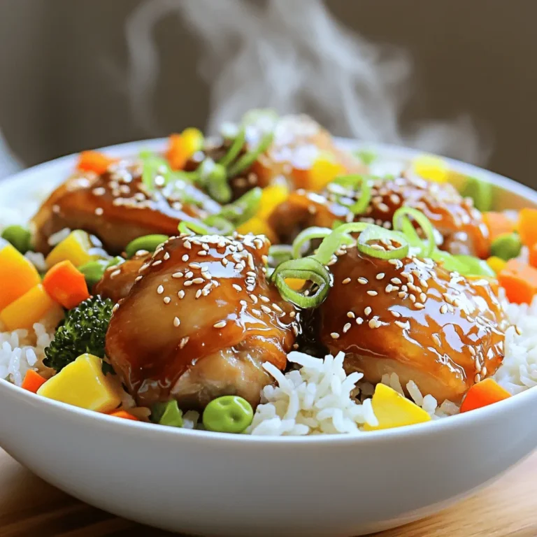 - 1 pound boneless chicken thighs - 1 cup jasmine rice - 1 cup chicken broth - 1/4 cup low sodium soy sauce - 1/4 cup honey - 2 tablespoons rice vinegar - 1 tablespoon sesame oil - 2 cloves garlic, minced - 1 tablespoon fresh ginger, minced - 1 cup frozen mixed vegetables (like peas, carrots, and corn) - 2 green onions, sliced for garnish - Sesame seeds for garnish To make these Instant Pot Teriyaki Chicken Rice Bowls, gather the main ingredients first. Boneless chicken thighs are juicy and tender. Jasmine rice adds a nice fragrance. Chicken broth boosts the flavor of the rice. Next, for the sauce, low sodium soy sauce gives a savory taste. Honey adds sweetness, while rice vinegar brings a tangy note. These three make a perfect teriyaki sauce. Finally, we have some extra ingredients. Sesame oil gives a nutty flavor. Garlic and ginger add depth and warmth. Frozen mixed vegetables add color and nutrition. Garnishes like green onions and sesame seeds make the dish pop. This combo creates a balanced meal that is both tasty and satisfying. - Setting up the Instant Pot First, plug in your Instant Pot. Choose a flat surface to keep it steady. Make sure the lid is clean and ready to use. - Preparing the ingredients Gather all your ingredients. Cut the chicken thighs into bite-sized pieces. Rinse the jasmine rice under cold water until the water runs clear. Mince the garlic and ginger finely for the best flavor. - Sautéing garlic and ginger Set the Instant Pot to sauté mode. Add the sesame oil and let it heat up. Once hot, add the minced garlic and ginger. Sauté for about 30 seconds until it smells great. - Browning chicken pieces Add the chicken pieces to the pot. Season with a pinch of salt and pepper. Sauté for about 3-4 minutes until the chicken is slightly browned. This step adds nice flavor. - Mixing and adding sauce In a medium bowl, mix together the soy sauce, honey, and rice vinegar. Pour this mixture over the chicken in the pot. Stir well to coat all the pieces. - Layering rice and broth Spread the rinsed jasmine rice evenly over the chicken. Pour the chicken broth on top of the rice. Do not stir; just let it sit on top. - Cooking under pressure Seal the Instant Pot lid and set it to cook on high pressure for 10 minutes. Make sure the valve is set to sealing. This will cook everything perfectly. - Adding mixed vegetables After cooking, let the pressure release naturally for 5 minutes. Then, do a quick release for any remaining pressure. Open the lid and add the frozen mixed vegetables, stirring to combine. Let it sit for about 2 minutes to warm up the veggies. To prevent burning, always add liquid before cooking. For this recipe, the chicken broth helps. Make sure you layer the rice on top and do not stir it with the chicken. This keeps the rice moist and fluffy. To ensure even cooking, cut the chicken into equal pieces. This way, all pieces cook at the same time. Adjusting sauce ingredients can change the taste. If you want it sweeter, add more honey. For a tangy kick, increase the rice vinegar. You can also try using different garnishes. Chopped cilantro or sliced radishes can add freshness. A sprinkle of chili flakes gives it some heat. Prepping ingredients in advance saves time. You can cut chicken and measure sauces the night before. Store them in the fridge until you’re ready to cook. Using frozen vegetables is another great time-saver. They cook quickly and add color to your meal. Just toss them in at the end, and they’ll warm up perfectly. {{image_2}} You can use different cuts of chicken for this dish. Chicken breasts work well too. They cook quickly and taste great with teriyaki sauce. If you want to try something new, substitute with turkey. Ground turkey is a fun choice. For a plant-based option, tofu shines in this recipe. Just press and cube it before cooking. Switching up the rice can change the whole meal. Quinoa is a healthy swap and adds protein. Brown rice offers a nutty flavor and more fiber. If you’re low-carb, use cauliflower rice. It cooks fast and soaks up the sauce nicely. Feel free to swap in seasonal vegetables. Broccoli, bell peppers, or snap peas fit well. You can also mix in leafy greens like spinach or kale. They boost nutrition without changing the taste too much. Just toss them in with the mixed veggies to heat through. To store leftovers, let the dish cool first. Place the Teriyaki chicken and rice in an airtight container. Make sure to seal it well to keep the flavors fresh. The best containers are glass or BPA-free plastic. These materials help maintain taste and texture. For meal prep, you can freeze the chicken and rice. Let it cool completely before putting it in freezer-safe bags or containers. Make sure to remove as much air as possible. For reheating, thaw in the fridge overnight. You can also use the microwave. Heat until warm, stirring often to avoid cold spots. In the fridge, the Teriyaki chicken can last 3 to 4 days. When frozen, it can stay good for up to 3 months. Check for signs of spoilage, like a strange smell or change in color. If you see mold, discard it right away. Always trust your senses when it comes to food safety. Can I make this recipe without an Instant Pot? Yes, you can make this dish on the stove. Simply follow the same steps. Use a pot with a lid. Cook on low heat for about 20-25 minutes. Stir often to prevent sticking. Ensure the chicken is fully cooked before serving. What can I serve with Teriyaki Chicken Rice Bowls? These bowls pair well with many sides. Try a simple salad for crunch. Steamed broccoli adds color and texture. You can also serve pickled vegetables for a tangy kick. How to make it gluten-free? To make this dish gluten-free, swap soy sauce for tamari. Tamari has a similar taste and is gluten-free. Use a gluten-free rice vinegar as well. Always check labels to ensure all ingredients are safe. Vegetarian substitutions available? You can easily make this dish vegetarian. Replace chicken with firm tofu or tempeh. Use vegetable broth instead of chicken broth. The rest of the recipe stays the same for great flavor. Can I use brown rice instead of jasmine rice? You can use brown rice, but cooking times change. Brown rice takes longer to cook. Adjust the time to about 22-25 minutes on high pressure. Add extra liquid if needed. What other seasonings can I add for extra flavor? You can add a splash of chili sauce for heat. A few drops of sesame oil enhance the taste. Feel free to sprinkle in some crushed red pepper flakes too. These small changes can make a big difference! You’ve learned how to make a delicious Teriyaki Chicken Rice Bowl in the Instant Pot. We covered all the key ingredients, from the main chicken and rice to tasty sauces and veggies. You now have tips on flavor and cooking too. Remember, you can switch up ingredients to suit your taste or diet. With a bit of prep, you can enjoy this meal anytime. Try it out and enjoy a tasty dish that’s easy to make!
