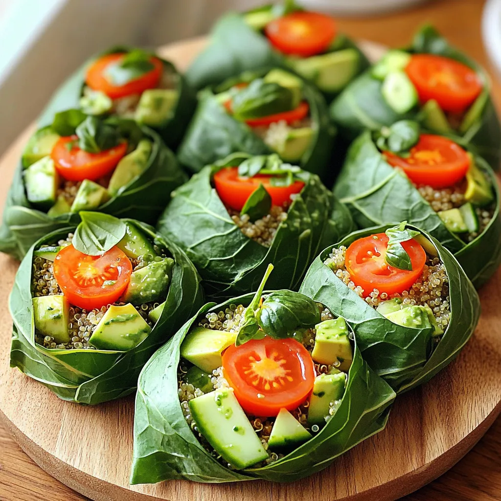 - 4 large collard green leaves (or lettuce wraps) - 1 cup cooked quinoa - 1 cup cherry tomatoes, halved - 1 avocado, diced - 1 cucumber, diced - 1 small red onion, finely minced - 1 cup shredded carrots - 1 cup fresh spinach - ¼ cup pumpkin seeds - Salt and pepper to taste These ingredients make the wraps fresh and colorful. The collard greens hold everything together. Quinoa adds protein and texture. The cherry tomatoes and cucumber bring a juicy crunch. Avocado gives a creamy feel. The red onion adds a nice bite, and carrots and spinach boost the nutrition. Pumpkin seeds add a lovely crunch on top. - 1 cup fresh basil leaves - ½ cup fresh parsley leaves - ½ cup Greek yogurt (or plant-based yogurt) - 2 tablespoons lemon juice - 1 tablespoon olive oil - 1 clove garlic, minced - Salt and pepper to taste This dressing is where the magic happens. The fresh herbs make it bright and tasty. Greek yogurt adds creaminess and protein. Lemon juice gives a zesty kick. Olive oil adds richness, while garlic provides depth. You can adjust the salt and pepper to fit your taste. These wraps are packed with nutrients. Collard greens are low in calories and high in fiber. They help with digestion. Quinoa is a complete protein, making it great for muscle health. Avocado provides healthy fats. Tomatoes and cucumbers are full of vitamins. This meal is not only tasty but also supports a healthy diet. Each bite is a step toward better nutrition. To make the Green Goddess dressing, gather your ingredients. You need fresh basil, fresh parsley, Greek yogurt, lemon juice, olive oil, and garlic. Place the basil and parsley in a blender. Add the yogurt, lemon juice, olive oil, and minced garlic. Blend until smooth. This dressing is creamy and bright. Taste it and add salt and pepper as needed. Set the dressing aside for later use. It's the star of the salad wraps. Next, let’s prepare the collard greens. Remove the tough stems from each leaf. If you use collard greens, you may want to blanch them. Boil water in a pot and dip the leaves for about 30 seconds. This step makes the leaves soft and easy to roll. After blanching, quickly place them in ice water to stop the cooking. This keeps the color bright. Pat the leaves dry with a clean towel. If you choose lettuce, you can skip the blanching. Just wash the leaves and they are ready to go. Now, it's time to put it all together. Lay a collard green leaf flat on a clean cutting board. Start by spreading a thin layer of the Green Goddess dressing on the leaf. This adds flavor to each bite. In the center, add a scoop of cooked quinoa. Then layer in cherry tomatoes, diced avocado, cucumber, minced red onion, shredded carrots, fresh spinach, and pumpkin seeds. Once you have your filling, fold the sides of the leaf inward. Roll the leaf tightly from the bottom to the top. This keeps all the yummy ingredients inside. After rolling, slice the wrap in half. Drizzle some extra dressing on top for added flavor. You can serve these wraps on a nice platter. They look great and taste even better! To keep your wraps fresh, store them in an airtight container. Avoid stacking them too tightly. Place a piece of parchment paper between each wrap. This helps keep them from sticking. If you have extra dressing, store it separately. Add it right before serving for the best taste. For a fun presentation, arrange the wraps on a colorful platter. Cut them in half to show off the filling. Drizzle extra Green Goddess dressing on top. You can also sprinkle more pumpkin seeds for crunch. Fresh herbs add a lovely touch. Serve with a small bowl for dipping. One common mistake is overfilling the wraps. This makes them hard to roll. Be sure to leave space at the edges. Also, do not skip the blanching step for collard greens. This makes them easier to fold. Finally, always taste the dressing. Adjust the seasoning to your liking for the best flavor. {{image_2}} You can switch up the greens if collard leaves aren’t your style. Lettuce wraps work well, too. Try using butter lettuce for a soft bite. If you want more crunch, use romaine. You can also swap quinoa for brown rice or farro. They add a nice texture. For a fun twist, add roasted sweet potatoes or chickpeas for extra flavor. This wrap is easy to make vegan. Just use plant-based yogurt for the dressing. You can also skip the yogurt for a lighter touch. Make sure to check your dressing for gluten-free options. Most are fine, but it’s good to check labels. If you need a nut-free option, replace pumpkin seeds with sunflower seeds. Need more protein? Add grilled chicken, shrimp, or tofu. Cooked lentils or beans are great, too. They blend well with the other flavors. You can even sprinkle some feta cheese if you like. Just remember to balance flavors so each bite is tasty. Feel free to experiment! Store leftover wraps in an airtight container. This keeps them fresh. If you have extra dressing, add it in a small bowl. I recommend wrapping each one in plastic wrap too. This helps prevent them from drying out. Keep the container in the fridge. These wraps taste great cold, but you can warm them up. To reheat, unwrap each one. Place them in a pan over low heat. You can also use a microwave for 30 seconds. Check to see if they are warm enough. Avoid overheating as it can make them soggy. The wraps will last for about 3 days in the fridge. The quinoa and veggies stay good for this time. If you store the dressing separately, it can last up to a week. Always check for freshness before eating. If anything looks or smells off, throw it away. A Green Goddess Salad Wrap is a fresh and healthy meal. It uses collard green leaves or lettuce as wraps. Inside, you fill it with quinoa and fresh veggies. The wrap is drizzled with a creamy Green Goddess dressing made from herbs and yogurt. This dish is bright, tasty, and packed with nutrients. It’s perfect for lunch or a light dinner. Yes, you can make this recipe ahead of time. You can prepare the dressing and store it in the fridge. Just keep it in a sealed container. You can also chop the veggies and quinoa in advance. However, I suggest wrapping them just before serving. This keeps the wraps fresh and crunchy. If you store them too long, they can get soggy. You can add many other vegetables to your wraps. Here are some tasty options: - Bell peppers, sliced thin - Radishes, thinly sliced - Zucchini, diced - Broccoli, chopped small - Asparagus, blanched and cut These veggies add color and crunch. Feel free to mix and match to suit your taste! This blog post covered delicious salad wraps. You learned about key ingredients and how to make the Green Goddess dressing. I shared tips for preparation, serving, and common mistakes to avoid. You can easily adapt the recipe for vegan or gluten-free diets. Proper storage methods keep leftovers fresh for longer. Remember, these wraps are flexible; feel free to add your favorite veggies. Enjoy making your own wraps and exploring new flavors! Your kitchen is now ready for a fresh, tasty adventure.