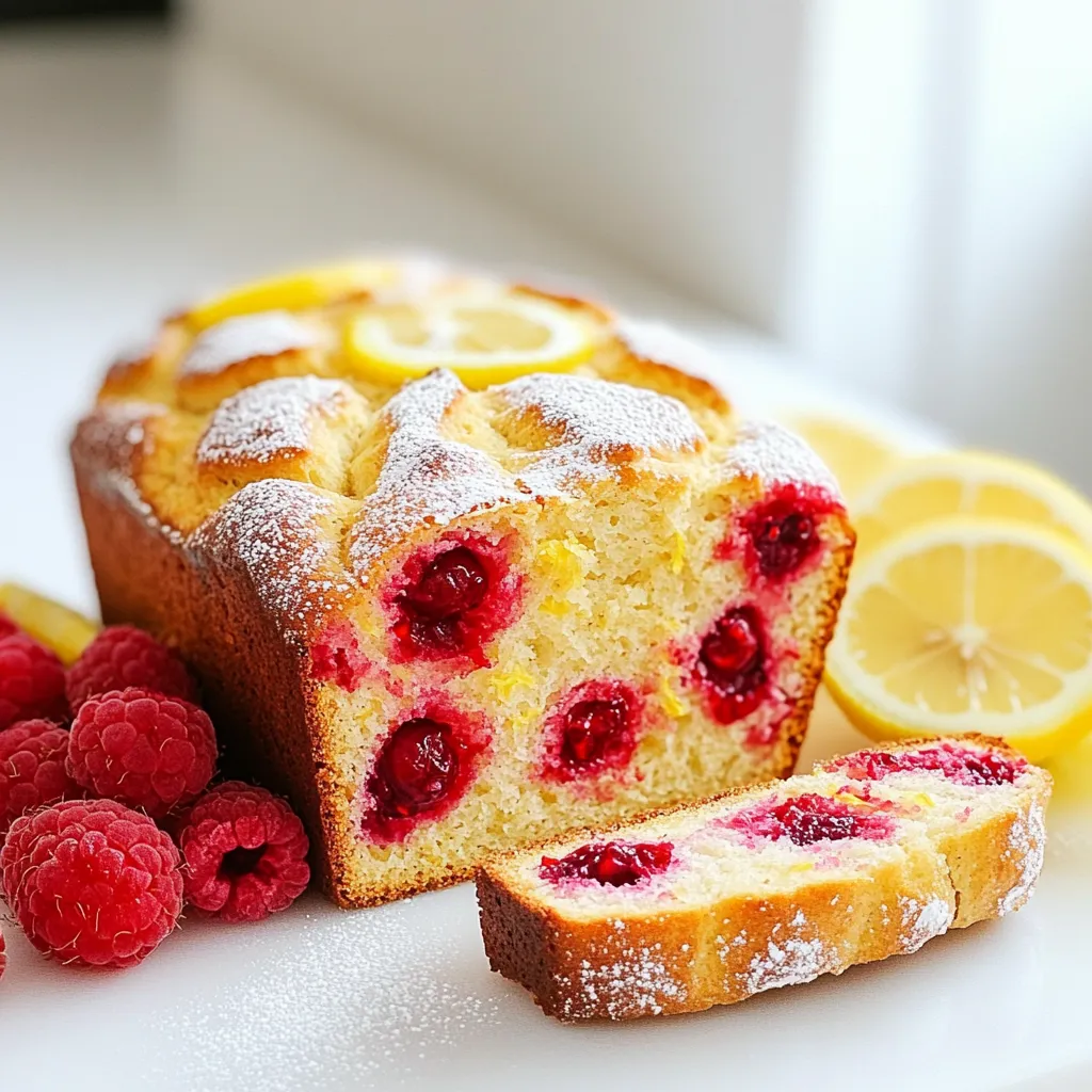 To make this delightful raspberry lemon bread, gather these fresh ingredients: - 1 cup fresh raspberries - 1 tablespoon lemon zest - 2 tablespoons fresh lemon juice These ingredients add bright flavors and a burst of color to your bread. The raspberries bring sweetness, while the lemon zest and juice add a tangy kick. You will also need some key baking essentials to create the perfect loaf: - 1 cup all-purpose flour - 1/2 cup sugar - 1/2 teaspoon baking powder - 1/4 teaspoon baking soda - 1/4 teaspoon salt - 1/2 cup unsalted butter, softened - 2 large eggs - 1/2 cup Greek yogurt - 1 teaspoon vanilla extract These ingredients work together to give the bread its structure and flavor. Make sure to use fresh baking powder and baking soda for the best rise. For an extra touch, consider these optional toppings and garnishes: - Powdered sugar for dusting Dusting with powdered sugar adds sweetness and makes the bread look pretty. You can also garnish with extra raspberries or lemon slices for a lovely presentation. 1. Start by preheating your oven to 350°F (175°C). Grease a 9x5-inch loaf pan with butter or non-stick spray. 2. In a small bowl, toss the fresh raspberries with a teaspoon of flour. This helps keep them from sinking in the batter. Set them aside. 3. In a large bowl, whisk together the all-purpose flour, sugar, baking powder, baking soda, and salt. Mix well to combine. 4. In another bowl, cream the softened butter until it is light and fluffy. Add the eggs one at a time, mixing well after each addition. 5. Next, add the Greek yogurt, lemon zest, vanilla extract, and fresh lemon juice to the butter mixture. Stir until everything is well combined. 6. Gradually add the dry ingredients to the wet mixture. Stir gently until just combined. Be sure not to overmix. 7. Carefully fold in the floured raspberries. Distribute them evenly throughout the batter. 8. Pour the batter into your prepared loaf pan. Smooth the top with a spatula for an even bake. 9. Bake in the preheated oven for 50-60 minutes. Check for doneness by inserting a toothpick into the center. It should come out clean. 10. When done, take the bread out of the oven. Let it cool in the pan for about 10 minutes. Then, transfer it to a wire rack to cool completely. 11. For serving, dust the top of the loaf with powdered sugar if you like. This adds a sweet touch. Slice and serve on a decorative platter. Garnish with fresh raspberries and lemon slices for a lovely look. To get that soft and moist texture, use room temperature ingredients. This helps the butter mix well. Cream the butter until it is light and fluffy. This adds air, making the bread rise better. Avoid overmixing the batter. Stir just until the dry and wet ingredients blend. If you mix too much, the bread can turn out dense. Raspberries are a joy in this bread, but they can sink. To keep them floating, toss them in a bit of flour before adding them to the batter. This light coating helps them stay suspended. Gently fold the floured raspberries into the batter. Be careful not to break them apart. This way, each slice will have sweet bursts of raspberry. To keep your Raspberry Lemon Bread fresh, wrap it tightly in plastic wrap. This prevents air from drying it out. Store it at room temperature for up to three days. If you want to keep it longer, freeze it. Slice the bread before freezing for easy thawing. When ready to eat, let it thaw in the fridge overnight. You can also warm it in the oven for a few minutes. This brings back its fresh-baked feel. {{image_2}} To make gluten-free raspberry lemon bread, swap the all-purpose flour for a gluten-free blend. Look for a mix that contains xanthan gum. This helps mimic the texture of regular flour. Follow the same steps in the recipe. The end result will be just as tasty and fluffy. For a crunchy twist, add nuts or seeds to your batter. Chopped walnuts or sliced almonds work well. You can also try sunflower seeds or chia seeds. Mix in about half a cup to the batter. This not only adds flavor but also boosts nutrition. If you want to switch things up, try using other fruits. Blueberries or diced strawberries can replace raspberries. Each fruit brings a unique taste. You can also mix fruits for a fun flavor combo. Adjust the lemon zest based on the fruit you choose. This keeps the lemon flavor bright and fresh. To keep your Raspberry Lemon Bread fresh, place it in an airtight container. You can also wrap it tightly in plastic wrap. This will help lock in moisture and flavor. Store it at room temperature for up to three days. If you live in a warm area, store it in the fridge. This will help prevent mold. If you want to save your bread for longer, freezing is a great option. First, let the bread cool completely. Then, wrap it tightly in plastic wrap. After that, place it in a freezer bag. Be sure to squeeze out any air before sealing. This will help prevent freezer burn. You can freeze it for up to three months. To reheat your Raspberry Lemon Bread, remove it from the fridge or freezer. If it's frozen, let it thaw in the fridge overnight. For best results, preheat your oven to 350°F (175°C). Place the bread on a baking sheet and cover it loosely with foil. Heat for about 10-15 minutes. If you want, you can also slice and microwave it for 20-30 seconds. Enjoy your warm and delightful bread! Yes, you can use frozen raspberries. They work well in this recipe. Just remember to thaw them first. Drain any extra liquid before adding them to the batter. This helps keep your bread from getting soggy. If you don't have Greek yogurt, try using sour cream or plain yogurt. You can also use applesauce for a lighter option. These substitutes keep the bread moist and tasty. Check your bread after 50 minutes. Insert a toothpick into the center. If it comes out clean, your bread is ready. If not, bake for another 5-10 minutes. The top should be golden brown. Yes, you can make this bread vegan. Replace the eggs with flaxseed meal mixed with water. Use a plant-based yogurt instead of Greek yogurt. Substitute the butter with coconut oil or a vegan butter. Serve this bread warm or at room temperature. Dust the top with powdered sugar for a sweet touch. You can slice it and serve with whipped cream or a scoop of vanilla ice cream. Pair it with tea or lemonade for a perfect afternoon snack. This blog post covered all you need for delicious raspberry lemon bread. We explored fresh ingredients, essential baking supplies, and tips for amazing results. I shared steps from prep to serving and suggested variations to try. Remember, you can store and freeze your bread for later. If you have questions, our FAQ section has answers. Enjoy making your bread and experimenting with flavors. Your kitchen will smell fantastic, and your taste buds will thank you!