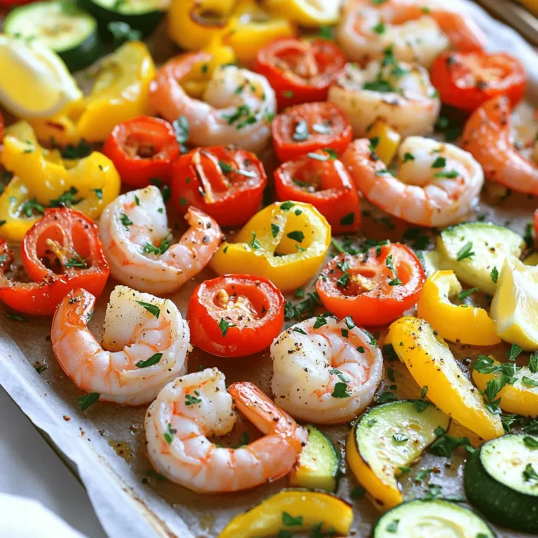 For this Sheet-Pan Mediterranean Shrimp and Veggies dish, gather these key items: - 1 pound large shrimp, peeled and deveined - 1 red bell pepper, sliced - 1 yellow bell pepper, sliced - 1 zucchini, sliced - 1 red onion, sliced - 2 cups cherry tomatoes, halved - 3 cloves garlic, minced - 1 teaspoon dried oregano - 1 teaspoon smoked paprika - 3 tablespoons olive oil - Salt and pepper to taste These ingredients come together to create a colorful and tasty meal. The shrimp give a nice protein boost and the veggies add crunch and freshness. You can enhance your dish with these optional ingredients: - 1/2 teaspoon crushed red pepper flakes - Fresh parsley, chopped, for garnish - Lemon wedges, for serving The crushed red pepper adds a bit of heat. Parsley brightens the dish and the lemon gives it a zesty finish. Feel free to add any of these for extra flavor and flair. Prepping the shrimp and veggies Start by rinsing the shrimp under cold water. Peel and devein them if needed. Next, wash the bell peppers, zucchini, and red onion. Slice them into bite-sized pieces. Halve the cherry tomatoes. This mix will add color and taste to your dish. Combining ingredients In a large bowl, add the shrimp and sliced veggies. Toss in minced garlic, dried oregano, and smoked paprika. If you like a kick, add crushed red pepper flakes. Pour in olive oil and sprinkle with salt and pepper. Mix everything well to coat the shrimp and veggies evenly. Preparing the baking sheet Preheat your oven to 425°F (220°C). Line a large baking sheet with parchment paper. This helps prevent sticking and makes cleanup easy. Spread the shrimp and veggie mix evenly on the baking sheet, keeping it in a single layer. Baking and checking doneness Place the baking sheet in your hot oven. Bake for 15 to 20 minutes. Check the shrimp; they should turn pink and opaque. The veggies should be tender. Once done, take it out of the oven and let it cool for a couple of minutes. To ensure shrimp are cooked perfectly, look for a pink color and firm texture. Overcooked shrimp can become tough. Aim for about 15 to 20 minutes in the oven. Check them at the 15-minute mark. If they look pink and curl slightly, they are ready. For the best seasoning combinations, I love using dried oregano and smoked paprika. These add a warm, earthy flavor. You can also add crushed red pepper flakes for a little heat. Adjust the amount based on your taste. Don’t forget to sprinkle salt and pepper for balance. Garnishing adds visual appeal to your dish. I recommend topping the finished shrimp and veggies with chopped fresh parsley. The bright green color pops against the red and yellow of the veggies. You can also add lemon wedges for a nice touch. They add freshness and brightness to the plate. When serving suggestions with sides, consider pairing this dish with couscous or rice. These absorb the flavorful juices well. A simple green salad also complements the meal nicely. Enjoy the vibrant colors and tastes on your table! {{image_2}} You can switch up the veggies in this dish. Try using asparagus, broccoli, or carrots. These vegetables add different textures and flavors. They also keep the meal colorful and fun. For proteins, you can choose chicken or firm tofu. Chicken thighs work well and add a rich taste. Tofu absorbs flavors well, making it a great vegetarian choice. Just make sure to adjust cooking times. Adding fresh herbs can elevate your dish. Basil, dill, or cilantro bring bright flavors. Just sprinkle them on before serving for a fresh touch. You can also mix chopped herbs into the shrimp and veggies before baking. Different spices can change the flavor profile. Try adding cumin for warmth or lemon zest for brightness. You can also switch the smoked paprika for regular paprika, which gives a milder taste. Each change offers a new experience. To store leftovers, place them in an airtight container. Make sure to let the dish cool first. You can keep it in the fridge for up to three days. When it’s time to eat, take out what you need. To reheat, use a microwave or oven. If using a microwave, heat in short bursts. Stir after each burst to ensure even heating. If using an oven, set it to 350°F (175°C). Heat for about 10 minutes or until warm. You can freeze this dish if you want to save it for later. First, allow it to cool completely. Then, transfer it to a freezer-safe container. Label the container with the date. It can last in the freezer for up to three months. When you’re ready to eat, remove the container from the freezer. Thaw it in the fridge overnight. To reheat, follow the same steps as above for the oven or microwave. Enjoy your tasty meal! How long to bake shrimp? Bake shrimp for 15 to 20 minutes at 425°F. They turn pink and opaque when done. Keep an eye on them to avoid overcooking. Overcooked shrimp can become tough and chewy. Can I use frozen shrimp? Yes, you can use frozen shrimp. Just make sure to thaw them first. Thaw shrimp in the fridge overnight or place them in a bowl of cold water for quick thawing. Once thawed, follow the same steps in the recipe. What to serve with Mediterranean shrimp? I love serving Mediterranean shrimp with rice or quinoa. A fresh salad pairs well too. You can also enjoy it with crusty bread to soak up the juices. Try a light pasta for a fun twist. How to adjust the recipe for fewer servings? To adjust for fewer servings, simply cut the ingredient amounts in half. Use ½ pound of shrimp and half of each veggie. You can still follow the same baking time. Just make sure everything fits on the pan in a single layer. In this blog post, we explored how to create a delicious Mediterranean shrimp dish. We discussed key ingredients and shared easy steps for baking shrimp to perfection. I offered tips to enhance flavor and improve presentation. We also covered variations and storage methods to keep your meal fresh. You can enjoy this dish with confidence, knowing you have the tools to make it right. Experiment with your favorite veggies and spices for a unique twist. Happy cooking!