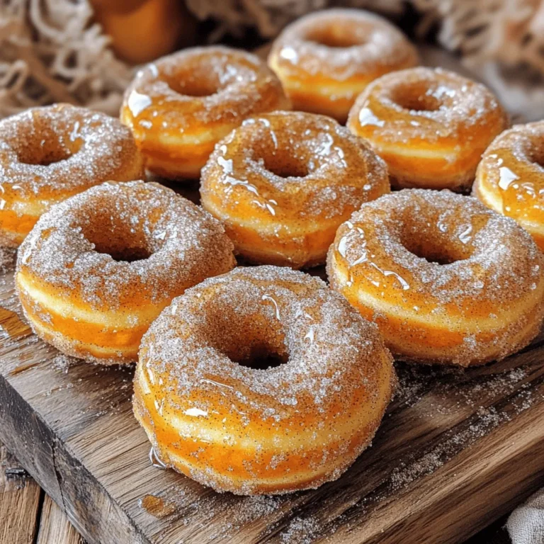 To make these delightful Cinnamon Sugar Sweet Potato Donuts, you will need the following ingredients: - 1 cup cooked and mashed sweet potatoes - 1/4 cup granulated sugar - 1/4 cup brown sugar - 2 large eggs - 1/4 cup milk (or plant-based milk) - 1 teaspoon vanilla extract - 1 1/2 cups all-purpose flour - 1 teaspoon baking powder - 1/2 teaspoon baking soda - 1 teaspoon ground cinnamon - 1/4 teaspoon nutmeg - 1/4 teaspoon salt - 1/4 cup melted butter (or coconut oil) - 1/4 cup granulated sugar (for rolling) - 1 tablespoon ground cinnamon (for rolling) Using sweet potatoes gives these donuts a unique flavor and texture. The mix of sugars adds a sweet touch, while spices like cinnamon and nutmeg tie everything together. The eggs and milk help create a light and fluffy donut. Feel free to swap butter with coconut oil if you prefer a vegan option. Each ingredient plays an important role in making these donuts both tasty and satisfying. Preheat your oven to 375°F (190°C). This step is key to making the donuts rise well. Grease a donut pan or use non-stick spray. This will help the donuts come out easily after baking. In a large mixing bowl, combine the mashed sweet potatoes, granulated sugar, brown sugar, eggs, milk, and vanilla extract. Mix these ingredients until smooth. The sweet potatoes add moisture and flavor, making the donuts soft and tasty. In another bowl, whisk together the flour, baking powder, baking soda, cinnamon, nutmeg, and salt. This mix gives the donuts their structure and flavor. Make sure there are no lumps in the flour for the best results. Now, gradually fold the dry ingredients into the wet ingredients. Mix gently until just combined. Avoid overmixing; this keeps your donuts light and fluffy. The batter should be thick but well-blended. Transfer the batter into a piping bag or a zip-top bag with the corner cut off. Pipe the batter into the prepared donut pan, filling each cavity about two-thirds full. Bake in the preheated oven for 15-18 minutes. You'll know they’re ready when they spring back slightly when touched. After baking, let the donuts cool for about five minutes in the pan. Then transfer them to a wire rack. In a small bowl, mix together granulated sugar and cinnamon for the topping. Dip each warm donut into the cinnamon sugar mixture, ensuring an even coating on all sides. This step adds a sweet crunch that you won't want to miss! To get light and fluffy donuts, avoid overmixing your batter. When you combine the wet and dry ingredients, mix just until you see no dry flour. This helps keep the donuts soft and airy. Overmixing can lead to dense donuts, which we want to avoid. If you want a vegan-friendly treat, swap out the butter with coconut oil. This simple change keeps the donuts moist while making them plant-based. Just melt the coconut oil and mix it in with the other wet ingredients. You won’t lose any flavor! For a beautiful presentation, serve your donuts on a rustic wooden board or a colorful plate. Drizzle warm maple syrup or melted chocolate on top for an extra touch. This adds flavor and makes them look even more tempting. Enjoy with your favorite hot drink for a cozy treat! {{image_2}} You can add chocolate chips or nuts to the batter for extra flavor. I love using dark chocolate chips. They melt and create a rich taste. Chopped walnuts or pecans add a nice crunch. Just fold them in gently to keep the donuts light. Explore different glazes like maple or chocolate for a unique twist. A maple glaze is sweet and pairs well with sweet potatoes. For a chocolate glaze, melt some chocolate and mix in a bit of milk. Drizzle it over the warm donuts for a decadent treat. Try adding ginger or cloves for an alternative spice profile. Ginger gives a warm, zesty kick. Cloves add depth with their strong flavor. Adjust the amounts to find your perfect balance. Spice up your donuts and surprise your taste buds! You can store your cinnamon sugar sweet potato donuts in an airtight container. Keep them at room temperature. This way, they stay fresh and tasty for a few days. Don't worry, they won't dry out quickly if stored right! For a longer shelf life, freeze the donuts before coating them in sugar. This keeps them fresh for up to two months. When you're ready to enjoy, just thaw them at room temperature. They will taste great, just like fresh! To bring back the warmth and softness of the donuts, reheat them in the oven or air fryer. This method helps maintain their freshness. Just heat them at a low temperature until warm. Enjoy them as if they were just baked! Yes, you can use canned sweet potatoes. Just make sure they’re well-drained. This helps prevent your donuts from getting too wet. Canned sweet potatoes save you time and effort. They are a great option when you want to whip up these tasty donuts fast. To make these donuts gluten-free, simply swap out the all-purpose flour. Use a gluten-free flour mix instead. Many brands offer good blends that work well in baking. Just check the package for the right measurements and follow the rest of the recipe as is. You’ll still get soft and fluffy donuts! These donuts last up to three days at room temperature. Keep them in an airtight container to stay fresh. If you want to save some for later, freeze them. They can last up to two months in the freezer. Just thaw them before serving for a tasty treat anytime! You learned how to make delicious sweet potato donuts from scratch. We covered the ingredients, step-by-step baking, and tips for great texture. You also found ideas for variations and storage. Now, you can enjoy these treats any day. Don’t be afraid to add your own twist, like nuts or glazes. Keep this recipe handy for fun baking moments. Enjoy your sweet potato donuts whenever you want a delightful snack!