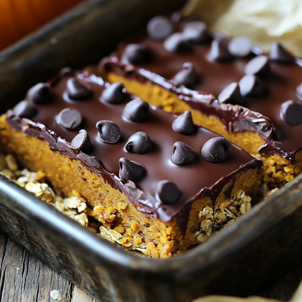 To make these no-bake chocolate chip pumpkin bars, you will need: - 1 cup rolled oats - 1 cup almond flour - 1/2 cup natural almond butter (or peanut butter) - 1/2 cup pure maple syrup - 1 teaspoon vanilla extract - 1 cup canned pumpkin puree - 1 teaspoon pumpkin pie spice - 1/2 teaspoon cinnamon - 1/4 teaspoon salt - 1/2 cup dark chocolate chips (dairy-free if desired) If you need to adjust the recipe, here are some great swaps: - Instead of almond flour, use oat flour or whole wheat flour. - For nut allergies, try sunflower seed butter in place of almond butter. - Use honey or agave syrup instead of maple syrup for sweetness. - Pumpkin pie spice can be replaced with a mix of nutmeg and ginger. - For a sweeter taste, add an extra tablespoon of chocolate chips. These bars are not just tasty; they are also nutritious. Here’s a quick look at the health benefits: - Calories: About 180 per bar. - Protein: Contains healthy proteins from nut butter and oats. - Fiber: High in fiber from oats and pumpkin, aiding digestion. - Healthy Fats: Offers good fats from almond butter and dark chocolate. - Vitamins: Packed with vitamins A and C from pumpkin. These ingredients and their alternatives make these bars both easy to make and fun to customize. Enjoy creating your own version! Start by gathering your dry ingredients. In a large bowl, mix together: - 1 cup rolled oats - 1 cup almond flour - 1 teaspoon pumpkin pie spice - 1/2 teaspoon cinnamon - 1/4 teaspoon salt Stir these well until everything is combined. This step is key for flavor and texture. Next, take another bowl for the wet ingredients. Whisk together: - 1/2 cup natural almond butter (or peanut butter) - 1/2 cup pure maple syrup - 1 teaspoon vanilla extract Make sure this mixture is smooth and creamy. Then, add in: - 1 cup canned pumpkin puree Mix until everything is fully combined. This will add moisture and richness to your bars. Now, it's time to combine the two mixtures. Gradually add the dry mixture to the wet mixture. Stir until everything is well mixed. The batter should feel thick and sticky. Fold in: - 1/2 cup dark chocolate chips Spread the mixture in an 8x8-inch baking dish lined with parchment paper. Press it down evenly with your hands or a spatula. This helps the bars hold together better. Refrigerate the bars for 2-3 hours until they are firm. Once set, lift them out using the parchment paper and cut them into squares. Enjoy your tasty treat! To cut the bars easily, chill them well. After pressing the mixture into the baking dish, refrigerate for at least 2-3 hours. This helps the bars become firm. Use a sharp knife for clean cuts. Wipe the knife between cuts to keep edges neat. Store your bars in an airtight container. Keep them in the fridge for fresh taste. If you want to save them longer, freeze them. Wrap each bar in plastic wrap. Then place them in a freezer bag. They can last up to three months in the freezer. Serve the bars cold or at room temperature. For a fun touch, drizzle melted chocolate on top. You can also sprinkle more chocolate chips for added sweetness. Pair these bars with a scoop of vanilla ice cream for a tasty dessert. Enjoy them with a warm drink for a cozy treat! {{image_2}} You can swap almond flour for other flours. Use oat flour or coconut flour. Each will change the taste and texture a bit. If you need a nut-free option, try sunflower seed flour. Just remember, the bars may differ in flavor and consistency. Want to jazz up your bars? You can mix in nuts or seeds. Chopped pecans or walnuts add a nice crunch. For a sweeter touch, add dried fruits like cranberries or raisins. You can also sprinkle some sea salt on top for a sweet-salty combo. If you like spice, try adding ginger or nutmeg for extra warmth. This recipe is almost vegan, but you need to swap the honey. Use maple syrup or agave nectar as a sweetener. For a gluten-free version, ensure your oats are certified gluten-free. This way, everyone can enjoy these tasty bars. They remain rich in flavor and still easy to make. Store your no-bake chocolate chip pumpkin bars in the fridge. Use an airtight container for best results. This keeps them fresh and tasty. The cold also helps the bars stay firm. If you have leftovers, don’t worry! They will stay good for a while. You can freeze these bars if you need to save some for later. Cut them into squares first. Wrap each square tightly in plastic wrap. Put the wrapped bars in a freezer-safe bag or container. They can last up to three months in the freezer. When you want to eat them, just thaw in the fridge overnight. These bars last about a week in the fridge. Make sure to check for any changes in smell or texture. If they smell off or look funny, it’s best to toss them. Keeping them in the fridge helps keep them safe to eat longer. Enjoy the yummy taste of pumpkin and chocolate for days! Yes, you can use other nut butters. Peanut butter works well too. You might also try cashew butter or sunflower seed butter. Each will add its special taste. Just ensure the nut butter is smooth for best results. These bars can last up to one week in the fridge. Store them in an airtight container. If you want them to last longer, freeze them. They will keep well for up to three months when frozen. Absolutely! These bars are perfect for making ahead. You can whip them up a day or two before serving. Just let them chill in the fridge until firm. This saves time when you need a quick treat. If you don’t have pumpkin puree, use mashed bananas or applesauce. Both will keep the bars moist. You can also try butternut squash puree for a similar flavor. Just be sure to adjust spices to match the new ingredient. You learned about the main ingredients to make tasty no-bake bars. We went through step-by-step instructions to prepare them right. The tips and tricks help you cut bars easily and store them well. You also explored variations to customize your bars with different flavors. Remember, making these bars should be fun and easy. Feel free to play with the ingredients to match your taste. Enjoy your delicious creations!