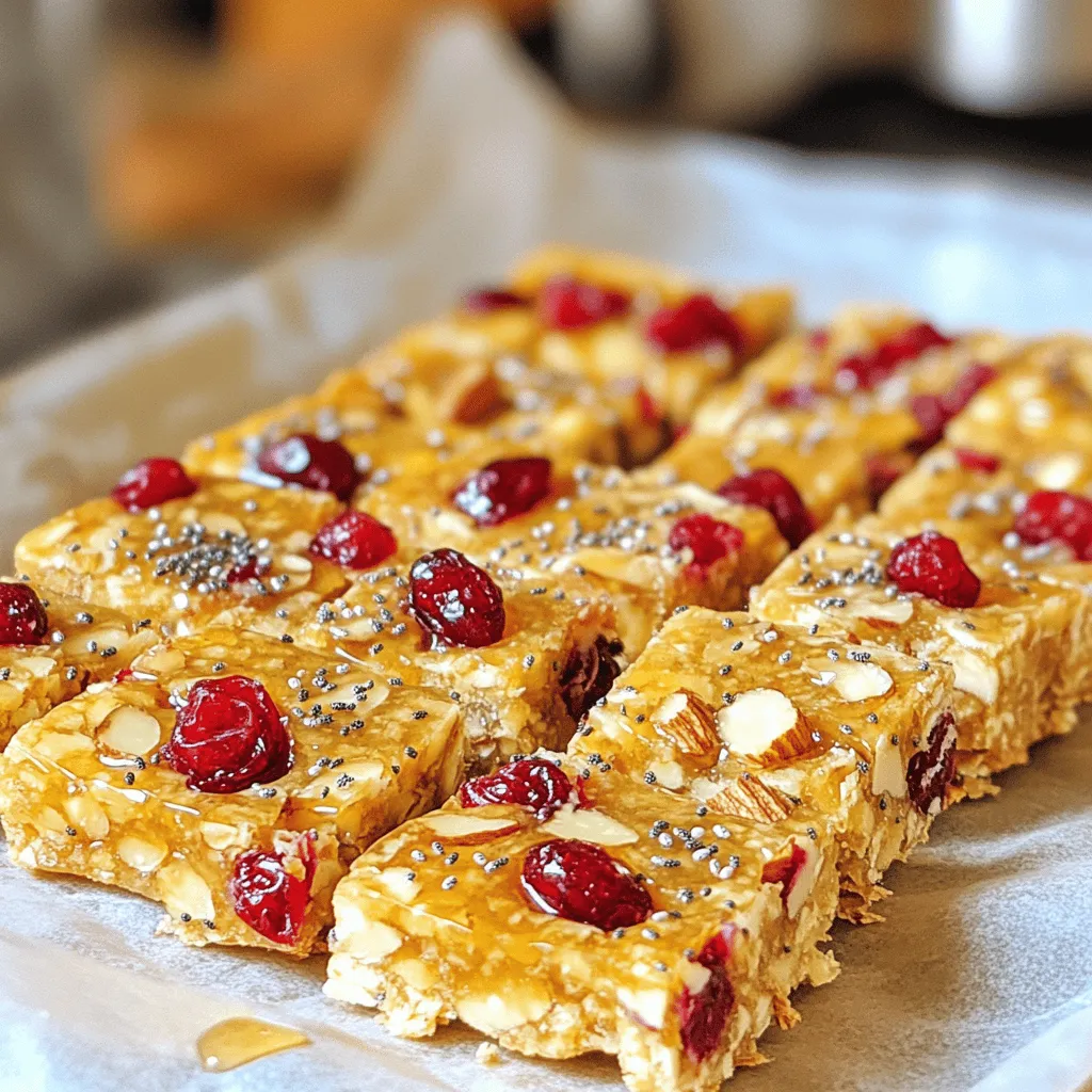 - 1 cup rolled oats - ½ cup chopped almonds - ½ cup dried cranberries - ¼ cup honey or maple syrup - ¼ cup nut butter (almond or peanut butter) - ¼ cup chia seeds - 1 teaspoon vanilla extract - 1/2 teaspoon cinnamon - 1/4 teaspoon salt Cranberry Almond Energy Bars are easy to make and full of nutrients. Each ingredient plays a key role in flavor and texture. Rolled oats form the base. They provide fiber and energy. Chopped almonds add crunch and healthy fats. Dried cranberries bring a sweet and tart taste. You can pick honey or maple syrup for sweetness. Both options work well. Nut butter gives these bars a creamy feel. Almond butter adds a rich flavor, while peanut butter offers a classic taste. Chia seeds boost nutrition and help bind the bars. Vanilla extract enhances the overall flavor. Cinnamon adds warmth, and a pinch of salt balances the sweetness. Feel free to mix and match these ingredients. You can swap almonds for walnuts or use different dried fruits. Each change offers new tastes and benefits. - Set to 350°F (175°C) - Prepare baking dish with parchment paper Start by preheating your oven. This step is key to getting the bars nice and crispy. While the oven heats, grab your baking dish and line it with parchment paper. Leave some paper hanging over the edges. This helps you lift the bars out easily later. - Combine oats, almonds, cranberries, chia seeds, cinnamon, and salt In a large bowl, mix the dry ingredients. Add 1 cup of rolled oats, ½ cup of chopped almonds, and ½ cup of dried cranberries. Next, toss in ¼ cup of chia seeds, ½ teaspoon of cinnamon, and ¼ teaspoon of salt. Stir it well. This blend gives the bars a tasty crunch. - Heat honey/maple syrup and nut butter - Stir in vanilla extract Now, let’s make the wet mixture. Take a small saucepan and add ¼ cup of honey or maple syrup and ¼ cup of nut butter, like almond or peanut butter. Heat it on low and stir for about 2-3 minutes. You want everything to melt together smoothly. Once done, remove it from the heat and stir in 1 teaspoon of vanilla extract. - Mix wet and dry ingredients thoroughly - Transfer to baking dish and press down Pour your warm wet mixture over the dry ingredients in the bowl. Mix it all together until everything is well coated. It should feel sticky. Next, transfer this mixture to your prepared baking dish. Press it down firmly with a spatula or your hands. Make sure it’s even all around. - Bake until edges are golden - Cool completely before cutting Now, it’s time to bake. Place the dish in your preheated oven. Bake for about 15-20 minutes. Look for golden edges; that’s when you know they’re ready. After baking, let the bars cool completely in the pan. Once cool, use the parchment paper to lift them out and cut them into squares or rectangles. Enjoy your homemade energy bars! To get the right texture in your energy bars, press the mixture down firmly. Use the back of a spatula or your hands to spread it evenly. This helps the bars stick together better. Bake your bars for about 15 to 20 minutes until the edges turn golden brown. Keep an eye on them to prevent burning. A little golden color means they are just right. You can add spices like nutmeg or ginger for extra warmth. If you like more crunch, toss in different nuts like walnuts or pecans. Each nut brings a new taste. Try using different sweeteners, too. Maple syrup gives a rich flavor, while agave syrup offers a lighter touch. Experiment to find your favorite mix! When cutting your bars, use a sharp knife for clean edges. You can cut them into squares or rectangles. Smaller pieces are great for snacks, while larger ones can be a meal. Aim for serving sizes of about two inches by two inches. This size is easy to grab and eat on the go. Enjoy your tasty, healthy treats! {{image_2}} You can easily make these energy bars gluten-free. Just use gluten-free oats instead of regular ones. They have the same texture and flavor. This small change helps everyone enjoy the bars, even those with gluten sensitivities. If you're vegan, swap honey for maple syrup. Maple syrup gives the bars a sweet flavor while staying plant-based. For nut butter, almond or peanut butter works great. If you want to try something different, look for cashew or sunflower seed butter. These options keep the bars creamy and delicious. Feel free to get creative with flavors. You can add other dried fruits like apricots, raisins, or dates. These fruits add sweetness and chewiness. If you love chocolate, mix in some dark chocolate chips. Shredded coconut is also a tasty addition. It gives the bars a nice crunch and tropical twist. To keep your cranberry almond energy bars fresh, use airtight containers. These containers protect the bars from air and moisture. You can also use ziplock bags, but they may not seal as tightly. I prefer airtight containers since they offer the best protection. Make sure to store the bars in a cool, dry place. When stored at room temperature, the bars last about a week. If you want them to stay fresh longer, refrigerate them. The cold helps to maintain flavor and texture. Refrigerated bars can last up to two weeks. To freeze the energy bars, cut them into squares first. Place them in a single layer on a baking sheet. After they freeze solid, transfer them to an airtight container or ziplock bag. This way, they won’t stick together. For thawing, take a bar out and let it sit at room temperature. It only takes about 30 minutes to soften. Enjoy them as a quick snack anytime! Yes, you can swap ingredients in your energy bars. - Alternative nuts and fruits: Use walnuts or pecans instead of almonds. You can also try raisins or apricots in place of cranberries. - Sweetener options: Instead of honey, use agave syrup or maple syrup for a different taste. To check if your bars are done, look for a few signs. - The edges should turn golden brown. - The center should feel firm and not too soft. - You can also insert a toothpick; it should come out clean. These bars offer many health benefits. - Nutritional benefits overview: They are packed with fiber from oats and chia seeds. Almonds provide healthy fats and protein. Dried cranberries add antioxidants. - Caloric content per serving: Each bar has about 150 calories. This makes them a great snack option. Reducing sweetness is easy with a few tweaks. - Reducing sweeteners: Cut the honey or syrup by a tablespoon. You’ll still keep the bars moist. - Other methods to enhance flavor without added sugars: Add spices like nutmeg or more cinnamon. You could also mix in some unsweetened cocoa powder for a rich taste. In this post, we covered a tasty energy bar recipe from ingredients to storage tips. You learned how to mix dry and wet ingredients and bake them to perfection. Use my tips to customize flavors or make gluten-free and vegan options. Remember to store these bars in airtight containers for freshness. Feel free to ask questions about substitutions or baking signs. I hope you enjoy making these healthy snacks that fit your needs and taste!