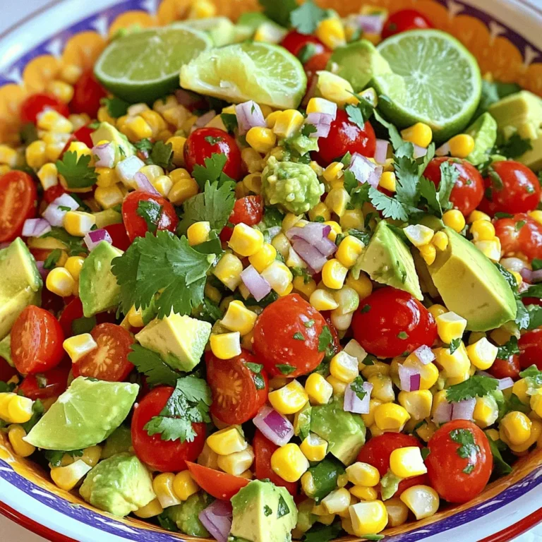To make Fiesta Corn Salad, you need fresh and vibrant ingredients. Here’s what you’ll need: - 2 cups fresh corn kernels (or 1 can of corn, drained) - 1 cup cherry tomatoes, halved - 1 red bell pepper, diced - 1 avocado, diced - 1/4 cup red onion, finely chopped - 1/4 cup fresh cilantro, chopped - 2 tablespoons lime juice - 1 tablespoon olive oil - 1 teaspoon cumin - Salt and pepper to taste These fresh ingredients create a colorful and tasty salad. The corn adds sweetness, while the lime juice brings zesty brightness. If you don’t have fresh corn, canned corn works well. Just drain it before using. Canned corn is convenient and saves time. You can still enjoy great flavor without the fresh corn prep. Want to spice things up? Consider these optional ingredients: - 1 jalapeño, deseeded and minced Adding jalapeño gives your salad a kick. Adjust the amount based on your heat preference. Feel free to get creative and add other spices or herbs too! To start, I like to use fresh corn for the best taste. If you choose fresh corn, boil or steam the kernels for about 4-5 minutes. After that, drain the corn and let it cool. If you're short on time, you can use canned corn. Just drain it well and it’s ready to go. Now, grab a large mixing bowl. Add the fresh or canned corn, halved cherry tomatoes, diced red bell pepper, diced avocado, and finely chopped red onion. Make sure to mix these ingredients gently. You want all the colors to shine. If you love a bit of spice, this is the time to add minced jalapeño. In a small bowl, whisk together 2 tablespoons of lime juice, 1 tablespoon of olive oil, and 1 teaspoon of cumin. Add salt and pepper to taste. Whisk until everything blends well. Pour this dressing over your salad mix. Then, add in the chopped cilantro. Gently toss the salad so each piece gets a nice coating of the dressing. After that, let it sit for 10-15 minutes. This allows the flavors to mix and become even tastier. To make your Fiesta Corn Salad shine, mix and match flavors. I love adding diced mango or pineapple for extra sweetness. A sprinkle of feta cheese brings a nice salty bite. Fresh herbs like parsley or mint also add a new twist. You can even switch lime juice for lemon juice for a different zing. Serve your salad in a colorful bowl. Garnish with extra cilantro leaves and lime wedges. This makes it look inviting and fresh. Pair it with grilled chicken or fish for a full meal. You can also use it as a dip with tortilla chips. It’s perfect for a picnic or barbecue. Want more heat? Add minced jalapeño to the salad. Start with half and taste it first. You can always add more if you like it spicy. For less heat, skip the jalapeño entirely. You can also use a pinch of cayenne pepper for a milder kick. Adjusting the spice makes this salad perfect for everyone. {{image_2}} You can easily make Fiesta Corn Salad vegan. All the ingredients are plant-based. Just skip the jalapeño if you want less heat. This salad is fresh, light, and perfect for everyone. It’s a great side dish for picnics or barbecues. You can even add black beans for extra protein. This will make the salad heartier without losing its fun vibe. Feel free to change up the ingredients. If you don’t like red bell pepper, use green or yellow. You can swap avocado for diced cucumber for a crunchy twist. Don't have cilantro? Try parsley or mint for a different flavor. Lime juice can be replaced with lemon juice in a pinch. Each swap adds a new taste to this salad while keeping it bright and fresh. Change the ingredients based on the season. In summer, use juicy peaches for sweetness. In fall, add roasted butternut squash for warmth. During winter, pomegranate seeds can give a nice pop of color and flavor. Each season brings new flavors to explore. This keeps the salad exciting and allows you to enjoy fresh, local ingredients all year round. To store leftovers, place the salad in an airtight container. This keeps it fresh. You can store it in the fridge for up to three days. If you notice any extra liquid, drain it before serving again. For the best taste, eat the salad soon after you make it. If you need to store it, keep ingredients separate. For example, store the dressing in a small jar. Mix it in just before you eat. This keeps your salad crisp and bright. I do not recommend freezing Fiesta Corn Salad. The texture changes, especially for tomatoes and avocado. If you freeze it, use a freezer-safe container. To thaw, place it in the fridge overnight. Use it in cooked dishes or soups if it loses its crunch. Yes, you can use frozen corn. Just thaw it first. Frozen corn is sweet and tasty. It saves time, too. You can add it directly to your salad after thawing. You can add many veggies! Try diced cucumbers for crunch. Chopped green onions will add flavor. Black beans make it hearty. You can even add corn salsa for a twist! Feel free to be creative with your choices. Fiesta Corn Salad stays fresh for about 3 days in the fridge. Store it in an airtight container. If it sits too long, the veggies may get soggy. Enjoy it cold or at room temperature! In this blog post, we explored how to make a delicious Fiesta Corn Salad. We covered fresh and canned ingredients, plus optional items for added taste. You learned step-by-step instructions for preparing the salad and tips to enhance flavors. I shared ideas for variations, storage tips, and answered common questions. Now, you have all the tools to create your own tasty salad that suits your taste. Enjoy your cooking!