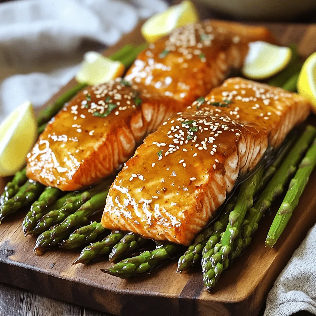 - 4 salmon fillets - 1 bunch of asparagus, trimmed - 1/4 cup honey - 4 cloves garlic, minced - 2 tablespoons soy sauce - 2 tablespoons olive oil - Salt and pepper - 1 teaspoon sesame seeds (for garnish) - Lemon wedges (for serving) When I cook Honey Garlic Salmon & Asparagus, I always gather my main ingredients first. The salmon fillets are the star of the dish. They should be fresh, firm, and vibrant in color. The asparagus adds a nice crunch and color to the meal. Honey brings sweetness, while garlic gives it a bold flavor. Soy sauce ties everything together with a salty hint. Next, I grab some extra ingredients to boost the dish. Olive oil helps the salmon cook evenly. Salt and pepper enhance the flavors. Sesame seeds add a lovely garnish, and lemon wedges give a fresh zing when served. These ingredients make this dish truly delightful. Now, let’s dive into the step-by-step instructions to create this dish. This blog post explored how to make tasty honey garlic salmon with asparagus. We covered key ingredients and simple steps to prepare this dish. I also shared helpful tips, variations, and storage info. Remember, cooking is about trying new things and having fun. Enjoy your meals and get creative with flavors. You can make this dish your own, so experiment and savor each bite.