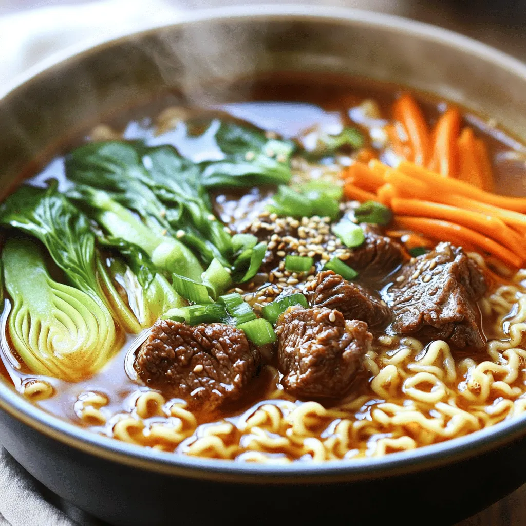 Here are the ingredients you need for your Instant Pot spicy beef ramen: - 1 lb beef chuck, cut into bite-sized pieces - 4 cups beef broth - 2 tablespoons soy sauce - 1 tablespoon sriracha (adjust to taste) - 1 teaspoon ginger paste - 3 cloves garlic, minced - 2 teaspoons sesame oil - 2 cups ramen noodles - 1 cup bok choy, chopped - 1 carrot, julienned - 2 green onions, sliced - 1 tablespoon sesame seeds (for garnish) - Salt and pepper to taste You might not have everything on hand. Here are some swaps: - Beef chuck: Use flank steak or sirloin instead. - Beef broth: Chicken broth works well too. - Soy sauce: Tamari is a gluten-free option. - Sriracha: Try chili paste or hot sauce for heat. - Bok choy: Spinach or kale can replace bok choy. - Ramen noodles: Substitute with udon or rice noodles. This dish is not only tasty but also has some good nutrition. Here’s a breakdown per serving: - Calories: 450 - Protein: 30g - Carbohydrates: 50g - Fat: 15g - Fiber: 2g Enjoy this meal knowing it’s packed with flavors and nutrients! 1. Sauté the Beef: Start by setting your Instant Pot to the sauté mode. Add the sesame oil and let it heat. Then, add the beef pieces. Sear them until they are brown on all sides. This takes about 5 to 7 minutes. Once done, remove the beef and set it aside. 2. Sauté Aromatics: In the same pot, toss in the minced garlic, ginger paste, and sriracha. Sauté these for about 1 to 2 minutes. This step helps release the strong flavors. 3. Add Liquids: Now, pour in the beef broth and soy sauce. Stir well to mix everything. Bring the mixture to a simmer. Don’t forget to scrape any tasty brown bits from the bottom of the pot. 4. Pressure Cook: Return the seared beef to the pot. Close the lid and set the valve to sealing. Cook on high pressure for 30 minutes. 5. Release Pressure: After cooking, let the pot release pressure naturally for 10 minutes. Then, do a quick release for the rest of the pressure. 6. Cook Noodles: Stir in the ramen noodles, bok choy, and julienned carrots. Switch the Instant Pot back to sauté mode. Cook until the noodles are tender, about 3 to 5 minutes. 7. Adjust Seasoning: Taste your ramen. You can add salt, pepper, or more sriracha based on your preference. 8. Serve: Finally, ladle the ramen into bowls. Garnish with sliced green onions and sesame seeds for a nice touch. Sautéing is key to building flavor. When you sear the beef, it forms a crust. This crust adds depth to your broth. Make sure not to overcrowd the pot. If you do, the meat will steam instead of sear. Always let it brown well for the best taste. - Don't Skip the Sauté Step: This step enhances the flavor. - Check the Sealing Valve: Ensure it is set to sealing before pressure cooking. This prevents steam from escaping. - Natural Release is Important: Letting the pot release pressure naturally gives the beef time to stay tender. - Use the Right Amount of Liquid: Too much or too little liquid can affect cooking times. Stick to the recipe measurements for best results. To make your Instant Pot spicy beef ramen shine, focus on layering flavors. Start by searing the beef well. This gives a deep, rich taste. Use fresh garlic and ginger for the best aroma. Adjust sriracha to fit your spice level. If you want more heat, add extra! Don't forget to taste as you go. This step helps you find the right balance of salt and spice. A few common mistakes can ruin your ramen. First, don’t skip the searing step. This adds flavor to your broth. Also, avoid overcooking the noodles. They should be tender but not mushy. Remember to release pressure naturally for a better texture. Lastly, always taste before serving. Adjust seasoning to your liking, as flavors can change during cooking. When using the Instant Pot, follow these best practices. Ensure you have enough liquid to create steam. For this recipe, use beef broth and soy sauce. Don’t fill the pot too much; leave space for expansion. Always check the sealing valve is in the right position. Once cooking is done, let the pot cool down a bit. This helps keep your beef tender and juicy. {{image_2}} You can swap beef for other proteins in this ramen. Chicken thighs work well. Just cut them into small pieces. Cook them the same way as beef. Pork also makes a great choice. Use pork shoulder for juicy bites. Firm tofu is a great option for a vegetarian meal. It absorbs flavors well. Remember, adjust cooking times for different meats to ensure they are tender. Making this ramen vegan is easy. Replace beef with tofu or jackfruit. Use vegetable broth instead of beef broth. For the sriracha, check if it’s vegan. You can also add more veggies. Mushrooms add great flavor and texture. Try adding bell peppers or zucchini for more color. You’ll still enjoy all the deliciousness without any meat. Adjusting spice is simple and fun. If you love heat, add more sriracha. Start with one tablespoon and taste as you go. For less heat, cut the sriracha to half a tablespoon. You can also omit it completely. Add chili flakes or hot sauce for a different heat profile. Always taste your broth before serving to find your perfect spice level. After enjoying your Instant Pot spicy beef ramen, let it cool first. Place the ramen in an airtight container. Store it in the fridge for up to three days. Make sure to keep the broth and noodles together to maintain flavor. If you separate them, the noodles may get mushy. To reheat, pour the ramen into a pot. Heat it over medium heat until warm. Stir it often to avoid sticking. You can also use the microwave. Transfer the ramen to a microwave-safe bowl. Cover it loosely and heat for 1 to 2 minutes. Stir halfway through to ensure even heating. If you want to freeze ramen, do it right after cooking. Let it cool completely, then pack it in freezer-safe bags. Remove as much air as you can. This helps prevent freezer burn. You can freeze it for up to three months. When you are ready to eat, thaw it overnight in the fridge. Cooking beef ramen in an Instant Pot takes about 1 hour. This includes 10 minutes for prep and 30 minutes for pressure cooking. You also need to allow some time for the pressure to release. The flavors develop well during this time. Yes, you can use other noodles! Though ramen noodles work best, you can try udon or rice noodles. Just remember that cooking times may change. Always check the package for the right cooking times. Adjust the cooking in the Instant Pot as needed. You can add many toppings to make your ramen special. Here are some ideas: - Soft-boiled eggs - Sliced mushrooms - Fresh cilantro - Chili flakes for more heat - Nori (seaweed) strips These toppings add color and flavor to your dish. Feel free to mix and match based on your taste! To sum up, this post covers all you need for a yummy beef ramen dish. We shared ingredients, cooking steps, and tips for the Instant Pot. You learned about variations like proteins and vegan choices. We also talked about storing leftovers and reheating. In conclusion, with this guide, you can cook ramen like a pro. Enjoy experimenting with flavors and options! Your kitchen adventures start now.