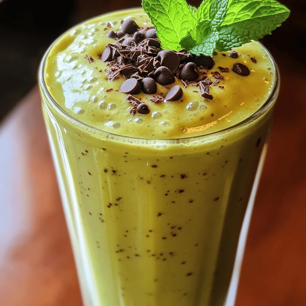 To make a Mint Chocolate Chip Protein Smoothie, you need fresh and simple ingredients. Here’s what you will use: - 1 cup unsweetened almond milk - 1 frozen ripe banana - 1 scoop chocolate protein powder - 1 tablespoon cocoa powder - 1 teaspoon mint extract - 1 tablespoon chia seeds - 1/4 cup fresh spinach (optional) - 1/2 cup ice cubes - Dark chocolate shavings or chips (for topping) - Fresh mint leaves (for garnish) Each ingredient plays a key role in making your smoothie both tasty and healthy. The almond milk is creamy and dairy-free. The frozen banana gives a nice sweetness and thick texture. Chocolate protein powder adds protein and rich flavor. Cocoa powder enhances the chocolate taste. Mint extract brings a refreshing twist. Chia seeds add fiber and help keep you full. Spinach is optional but packs in extra nutrients. Ice cubes make your smoothie cold and refreshing. Dark chocolate shavings are a treat on top, while fresh mint leaves make it pretty. Gather these ingredients, and you’re ready to blend up a delicious, nutritious smoothie! To make the mint chocolate chip protein smoothie, start by gathering your ingredients. 1. Combine ingredients in blender: In a blender, add 1 cup of unsweetened almond milk. Then, toss in 1 frozen ripe banana, 1 scoop of chocolate protein powder, 1 tablespoon of cocoa powder, and 1 teaspoon of mint extract. If you want extra nutrition, add 1/4 cup of fresh spinach. Finally, include 1 tablespoon of chia seeds and 1/2 cup of ice cubes. 2. Blend until creamy consistency: Blend all the ingredients on high speed. Watch as they mix together. You want a smooth and creamy texture. This should take about 30 seconds to 1 minute. 3. Taste and adjust flavors: After blending, take a taste. If you want it sweeter, you can add a little honey. If you desire a stronger mint flavor, add a bit more mint extract. Blend again for a few seconds. 4. Pour and serve: Once the taste is just right, pour the smoothie into a tall glass. For a special touch, top it with dark chocolate shavings or chips. Garnish with a sprig of fresh mint. Enjoy your delicious, protein-packed smoothie! To get the best texture for your Mint Chocolate Chip Protein Smoothie, follow these tips: - Use frozen banana: A frozen banana makes the smoothie creamy and thick. It adds natural sweetness too. - Blend in the right order: Start with the liquids. Add the almond milk first, then the banana, and follow with the powders. This helps everything blend well. - Blend on high: Blend on high speed until all ingredients mix into a smooth texture. This usually takes about 30 seconds. You can adjust the sweetness to fit your taste. If you like it sweeter, add a bit of honey or maple syrup. Just blend again for a few seconds to mix it in. For mint flavor, test it out! Start with one teaspoon of mint extract. If you want more mint, add a little more. Blend, taste, and repeat until it’s just right for you. Experiment with the recipe. You can try adding a bit of spinach for extra nutrients. It blends in well and keeps that lovely green color! Enjoy creating your perfect Mint Chocolate Chip Protein Smoothie! {{image_2}} You can easily customize your Mint Chocolate Chip Protein Smoothie. Here are some ideas: - Alternative dairy-free milk options: If you dislike almond milk, try oat, coconut, or soy milk. Each brings a unique flavor and texture to your smoothie. - Using different protein powder flavors: While I use chocolate protein powder, you can switch to vanilla or even mint-flavored protein. This change adds a fun twist to your drink. - Adding fruits or vegetables for nutrition boost: Want more vitamins? Toss in a handful of berries or a small scoop of avocado. These additions make your smoothie even creamier and more nutritious. You can also use fresh spinach, which is optional but provides great benefits without altering the taste much. Feel free to mix and match these ingredients. Experimenting can lead to your new favorite version of this tasty smoothie! To keep your Mint Chocolate Chip Protein Smoothie fresh, follow these tips: - Refrigeration methods: Store any leftover smoothie in an airtight container. This helps to keep it fresh in the fridge for up to 24 hours. Shake it well before drinking, as some ingredients may settle. - Freezing for later consumption: If you want to save your smoothie for later, pour it into ice cube trays or freezer-safe bags. This method allows you to freeze portions. When you are ready to enjoy it, blend the frozen cubes with a bit of almond milk until smooth. - Best practices for maintaining freshness: Always use fresh ingredients for the best flavor. If you add spinach, consume the smoothie right away. Fresh mint leaves can be added just before serving for a burst of flavor. Avoid leaving the smoothie out at room temperature for too long to ensure it stays safe and tasty. Yes, you can make this smoothie ahead of time. Blend the ingredients and store it in the fridge. It tastes best fresh, but you can keep it for up to 24 hours. Just give it a quick shake or stir before drinking. To boost the protein in your smoothie, consider adding more protein powder. You can also include Greek yogurt or cottage cheese. Both options add creaminess and protein without changing the taste much. If you lack mint extract, try using fresh mint leaves. Adding a handful of fresh mint gives a nice flavor. You can also use peppermint tea or a mint-flavored yogurt for a twist. Just adjust to your taste. This blog post shared the simple way to make a delicious smoothie. We covered key ingredients, preparation steps, and useful tips. You learned how to customize your smoothie with different flavors and storage options. Always feel free to change up the recipe to fit your taste. Smoothies are fun and healthy, offering so many choices. I hope you feel excited to blend your next masterpiece. Enjoy your smoothie adventure!