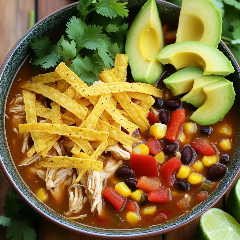 To make Slow Cooker Tortilla Chicken Stew, you need a few key ingredients. Here’s the list: - 1.5 lbs boneless, skinless chicken thighs - 1 medium onion, chopped - 2 cloves garlic, minced - 1 red bell pepper, diced - 1 can (15 oz) black beans, rinsed and drained - 1 can (15 oz) corn, drained - 1 can (14.5 oz) diced tomatoes with green chilies - 4 cups chicken broth - 2 teaspoons ground cumin - 1 teaspoon chili powder - Salt and pepper to taste - 4 small corn tortillas, cut into strips - Fresh cilantro, for garnish - Avocado slices, for serving - Lime wedges, for serving Start with the chicken thighs. They give the stew a rich flavor. Next, add chopped onion, garlic, and red bell pepper. These add depth and sweetness. The canned black beans and corn provide protein and sweetness. The diced tomatoes bring a nice acidity to balance the stew. For spices, ground cumin and chili powder are key. They pack a flavorful punch. Don’t forget salt and pepper to taste. The corn tortillas are a fun addition. They soften in the stew and add texture. Finally, the fresh cilantro, avocado, and lime wedges are the perfect finishing touches. They brighten up the dish and add freshness. These ingredients create a warm, comforting meal you will love. First, you want to layer the chicken and veggies in the slow cooker. Start with 1.5 lbs of boneless, skinless chicken thighs. Place them at the bottom of the pot. Next, add the chopped onion, minced garlic, and diced red bell pepper on top. Then, toss in a can of black beans and a can of corn. Finally, pour in a can of diced tomatoes with green chilies. Now, it's time to add spices and broth. Pour 4 cups of chicken broth over the mixture. Add 2 teaspoons of ground cumin, 1 teaspoon of chili powder, and salt and pepper to taste. Stir it gently to mix everything. Make sure the chicken is mostly under the broth. You can choose between low heat or high heat options. For low heat, set the slow cooker for 6-7 hours. If you’re in a hurry, use high heat for 3-4 hours. Either way, check if the chicken is tender. It should shred easily with a fork when done. Once the chicken is tender, use two forks to shred it. Mix it back into the stew. In the last 30 minutes of cooking, add the tortilla strips. This will let them soften a bit. Stir gently to incorporate them. Serve it hot and garnish with fresh cilantro, avocado slices, and lime wedges. These toppings add a nice burst of flavor! To make this stew your own, start by adjusting the spices. Taste the stew as it cooks. If you like more heat, add extra chili powder. For a deeper flavor, try more cumin. Remember, seasoning really enhances this dish. For tender chicken, use boneless, skinless thighs. They stay juicy and shred easily. If you use chicken breasts, watch them closely. They can dry out faster. You can switch up the tortilla strips. Try using crushed tortilla chips for crunch. If you want a softer touch, add corn tortillas earlier in the cooking. To thicken the stew, mash some black beans with a fork. This adds body and creaminess. You can also add a cornstarch slurry near the end. Just mix cornstarch with water, then stir it in. Garnish your stew with fresh cilantro for a bright taste. Avocado slices add creaminess and texture. A squeeze of lime juice brightens the dish even more. For sides, serve with rice or a fresh salad. Pair it with a light drink, like lemonade or iced tea. These choices balance the rich flavors in the stew. {{image_2}} You can switch proteins in this dish. Try turkey or beef for a different taste. Each meat adds its unique flavor and texture. You can also mix in vegetables. Consider adding zucchini, carrots, or even sweet potatoes. These can make your stew even heartier and more colorful. If you need a gluten-free option, skip the corn tortillas. Instead, you can use gluten-free tortilla chips or rice. You can also make it dairy-free. Just skip any cheese or cream toppings and use fresh avocado for creaminess. You can adjust the heat level easily. For mild stew, use less chili powder. For medium heat, stick to the recipe's amount. Want it hot? Add more chili powder or some fresh jalapeños. Just remember to balance flavors. A squeeze of lime can help cut through the heat and brighten the stew. After enjoying your Slow Cooker Tortilla Chicken Stew, store any leftovers properly. First, let the stew cool to room temperature. Then, transfer it to an airtight container. Make sure to seal it well to avoid leaks. You can store it in the fridge for up to three days. This will keep the stew fresh and tasty. Remember, safety first! Always check for any signs of spoilage before eating leftovers. When you're ready to eat your leftovers, reheating them is key. The best way to do this is on the stove. Pour the stew into a pot and heat over low to medium heat. Stir often to prevent sticking. If you prefer, you can also use a microwave. Place the stew in a microwave-safe bowl. Heat it in short bursts, stirring in between. This helps avoid mushiness. You want to keep those tortilla strips from becoming too soft. If you want to save some stew for later, freezing is a great option. Ladle the cooled stew into freezer-safe bags or containers. Make sure to leave some space for expansion. Label the bags with a date and type of stew. This way, you know exactly what you have. When you're ready to eat it, thaw it in the fridge overnight. For a quick thaw, you can use the microwave, but ensure it’s evenly heated when reheating. Yes, you can use frozen chicken in this stew. It is safe to cook frozen chicken in a slow cooker. Just remember, it may take longer to cook. I recommend adding an extra hour to your cooking time on low heat. Be sure to check the chicken with a meat thermometer. It should reach 165°F to be safe to eat. This method keeps your stew juicy and flavorful. Absolutely! You can make this a plant-based dish. Swap the chicken with firm tofu or tempeh. Use vegetable broth instead of chicken broth. You can also add more beans or lentils for protein. This way, you keep the heartiness of the stew while making it meat-free. It still tastes great and is filling! If your stew turns out watery, don’t worry! You can thicken it easily. Try mashing some of the black beans with a fork and stirring them back in. You can also add a cornstarch slurry. Mix one tablespoon of cornstarch with two tablespoons of water. Stir it in and let it cook for about 10 minutes. This will help give your stew a nice, thick texture. This blog post covered a simple slow cooker stew. We discussed ingredients like chicken, veggies, and spices. I shared step-by-step instructions for cooking and flavoring. Tips were provided for texture and serving. Variations included ingredient swaps and spice adjustments. Finally, we reviewed storage and reheating methods. In conclusion, this stew is easy to customize. It suits many tastes and diets. Enjoy your cooking adventure!
