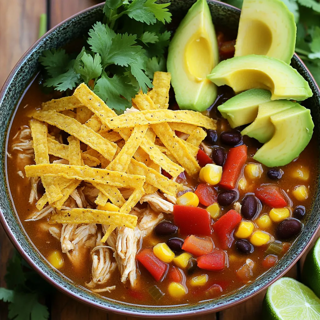 To make Slow Cooker Tortilla Chicken Stew, you need a few key ingredients. Here’s the list: - 1.5 lbs boneless, skinless chicken thighs - 1 medium onion, chopped - 2 cloves garlic, minced - 1 red bell pepper, diced - 1 can (15 oz) black beans, rinsed and drained - 1 can (15 oz) corn, drained - 1 can (14.5 oz) diced tomatoes with green chilies - 4 cups chicken broth - 2 teaspoons ground cumin - 1 teaspoon chili powder - Salt and pepper to taste - 4 small corn tortillas, cut into strips - Fresh cilantro, for garnish - Avocado slices, for serving - Lime wedges, for serving Start with the chicken thighs. They give the stew a rich flavor. Next, add chopped onion, garlic, and red bell pepper. These add depth and sweetness. The canned black beans and corn provide protein and sweetness. The diced tomatoes bring a nice acidity to balance the stew. For spices, ground cumin and chili powder are key. They pack a flavorful punch. Don’t forget salt and pepper to taste. The corn tortillas are a fun addition. They soften in the stew and add texture. Finally, the fresh cilantro, avocado, and lime wedges are the perfect finishing touches. They brighten up the dish and add freshness. These ingredients create a warm, comforting meal you will love. First, you want to layer the chicken and veggies in the slow cooker. Start with 1.5 lbs of boneless, skinless chicken thighs. Place them at the bottom of the pot. Next, add the chopped onion, minced garlic, and diced red bell pepper on top. Then, toss in a can of black beans and a can of corn. Finally, pour in a can of diced tomatoes with green chilies. Now, it's time to add spices and broth. Pour 4 cups of chicken broth over the mixture. Add 2 teaspoons of ground cumin, 1 teaspoon of chili powder, and salt and pepper to taste. Stir it gently to mix everything. Make sure the chicken is mostly under the broth. You can choose between low heat or high heat options. For low heat, set the slow cooker for 6-7 hours. If you’re in a hurry, use high heat for 3-4 hours. Either way, check if the chicken is tender. It should shred easily with a fork when done. Once the chicken is tender, use two forks to shred it. Mix it back into the stew. In the last 30 minutes of cooking, add the tortilla strips. This will let them soften a bit. Stir gently to incorporate them. Serve it hot and garnish with fresh cilantro, avocado slices, and lime wedges. These toppings add a nice burst of flavor! To make this stew your own, start by adjusting the spices. Taste the stew as it cooks. If you like more heat, add extra chili powder. For a deeper flavor, try more cumin. Remember, seasoning really enhances this dish. For tender chicken, use boneless, skinless thighs. They stay juicy and shred easily. If you use chicken breasts, watch them closely. They can dry out faster. You can switch up the tortilla strips. Try using crushed tortilla chips for crunch. If you want a softer touch, add corn tortillas earlier in the cooking. To thicken the stew, mash some black beans with a fork. This adds body and creaminess. You can also add a cornstarch slurry near the end. Just mix cornstarch with water, then stir it in. Garnish your stew with fresh cilantro for a bright taste. Avocado slices add creaminess and texture. A squeeze of lime juice brightens the dish even more. For sides, serve with rice or a fresh salad. Pair it with a light drink, like lemonade or iced tea. These choices balance the rich flavors in the stew. {{image_2}} You can switch proteins in this dish. Try turkey or beef for a different taste. Each meat adds its unique flavor and texture. You can also mix in vegetables. Consider adding zucchini, carrots, or even sweet potatoes. These can make your stew even heartier and more colorful. If you need a gluten-free option, skip the corn tortillas. Instead, you can use gluten-free tortilla chips or rice. You can also make it dairy-free. Just skip any cheese or cream toppings and use fresh avocado for creaminess. You can adjust the heat level easily. For mild stew, use less chili powder. For medium heat, stick to the recipe's amount. Want it hot? Add more chili powder or some fresh jalapeños. Just remember to balance flavors. A squeeze of lime can help cut through the heat and brighten the stew. After enjoying your Slow Cooker Tortilla Chicken Stew, store any leftovers properly. First, let the stew cool to room temperature. Then, transfer it to an airtight container. Make sure to seal it well to avoid leaks. You can store it in the fridge for up to three days. This will keep the stew fresh and tasty. Remember, safety first! Always check for any signs of spoilage before eating leftovers. When you're ready to eat your leftovers, reheating them is key. The best way to do this is on the stove. Pour the stew into a pot and heat over low to medium heat. Stir often to prevent sticking. If you prefer, you can also use a microwave. Place the stew in a microwave-safe bowl. Heat it in short bursts, stirring in between. This helps avoid mushiness. You want to keep those tortilla strips from becoming too soft. If you want to save some stew for later, freezing is a great option. Ladle the cooled stew into freezer-safe bags or containers. Make sure to leave some space for expansion. Label the bags with a date and type of stew. This way, you know exactly what you have. When you're ready to eat it, thaw it in the fridge overnight. For a quick thaw, you can use the microwave, but ensure it’s evenly heated when reheating. Yes, you can use frozen chicken in this stew. It is safe to cook frozen chicken in a slow cooker. Just remember, it may take longer to cook. I recommend adding an extra hour to your cooking time on low heat. Be sure to check the chicken with a meat thermometer. It should reach 165°F to be safe to eat. This method keeps your stew juicy and flavorful. Absolutely! You can make this a plant-based dish. Swap the chicken with firm tofu or tempeh. Use vegetable broth instead of chicken broth. You can also add more beans or lentils for protein. This way, you keep the heartiness of the stew while making it meat-free. It still tastes great and is filling! If your stew turns out watery, don’t worry! You can thicken it easily. Try mashing some of the black beans with a fork and stirring them back in. You can also add a cornstarch slurry. Mix one tablespoon of cornstarch with two tablespoons of water. Stir it in and let it cook for about 10 minutes. This will help give your stew a nice, thick texture. This blog post covered a simple slow cooker stew. We discussed ingredients like chicken, veggies, and spices. I shared step-by-step instructions for cooking and flavoring. Tips were provided for texture and serving. Variations included ingredient swaps and spice adjustments. Finally, we reviewed storage and reheating methods. In conclusion, this stew is easy to customize. It suits many tastes and diets. Enjoy your cooking adventure!