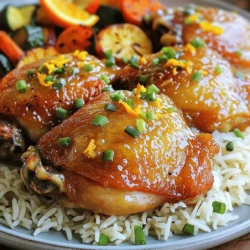 - 4 bone-in chicken thighs, skin-on - 1 cup freshly squeezed orange juice - 2 tablespoons honey - 2 tablespoons soy sauce - 1 tablespoon olive oil - 3 cloves garlic, minced - 1 inch ginger, grated - 1 teaspoon cornstarch mixed with 1 tablespoon water (for thickening) - Salt and pepper to taste - Zest of 1 orange for garnish - Chopped green onions for garnish You can use skinless chicken thighs if you want less fat. For the orange juice, feel free to use store-bought juice. If you need a vegan option, use tofu instead of chicken. Maple syrup can replace honey for a different sweetness. Finally, low-sodium soy sauce is great if you watch your salt intake. When picking chicken thighs, look for pieces with bright skin and no dark spots. The meat should feel firm and moist. If you can, choose organic or free-range chicken for better flavor and quality. Always check the sell-by date to ensure freshness. First, take your chicken thighs out of the fridge. You want them cold but not frozen. Season both sides with salt and pepper. This adds flavor to the meat. Next, make the marinade. In a medium bowl, whisk together the orange juice, honey, soy sauce, minced garlic, and grated ginger. Mix until everything blends well. This marinade gives the chicken a sweet and tangy taste. Now, heat a large oven-safe skillet over medium-high heat. Add olive oil and let it warm up. Place the chicken thighs in the skillet, skin-side down. Sear them for about 5-7 minutes. You want the skin to turn golden brown and crispy. This step locks in the juices. Once the skin is brown, flip the thighs over. Pour your orange glaze mixture over the chicken. Let it simmer for 3-4 minutes. This helps the flavors blend nicely. After simmering, it’s time to thicken the glaze. Mix cornstarch with a tablespoon of water in a small bowl. Pour this mixture into the skillet and stir well. The glaze should thicken up quickly. Once it reaches the right thickness, transfer the skillet to your preheated oven. Roast the chicken for 25-30 minutes. You want the chicken to reach an internal temperature of 165°F (75°C). After baking, let it rest for a few minutes. This makes it juicier when you serve it. To get crispy skin, start with dry chicken thighs. Pat them with paper towels before cooking. This helps remove moisture. Sear the skin-side down first in a hot skillet. Cook for about 5-7 minutes until golden brown. Avoid moving the chicken too much during this time. This allows the skin to crisp up. For the best glaze, mix orange juice, honey, soy sauce, garlic, and ginger well. Simmer this mixture for 3-4 minutes to blend the flavors. If the sauce is too thin, use a cornstarch mixture to thicken it. Add one teaspoon of cornstarch mixed with one tablespoon of water. Stir it into the glaze until it reaches your desired thickness. Presentation makes your dish shine! Place the chicken thighs on a large plate. Drizzle extra orange glaze over them for a glossy look. Garnish with orange zest and chopped green onions. This adds color and freshness. Pair the chicken with steamed jasmine rice and roasted veggies for a complete meal. A colorful plate will impress your guests! {{image_2}} You can make orange glazed chicken thighs in different ways. Grilling gives a smoky flavor. Start by marinating the chicken in the orange glaze. Then, grill on medium heat for about 6-8 minutes per side. Make sure to brush with extra glaze while cooking. Slow cooking is another great option. Place the chicken thighs in a slow cooker with the orange glaze. Cook on low for 6-8 hours or high for 3-4 hours. This method makes the chicken super tender and juicy. To change the flavor, add spices or other citrus fruits. Try adding a pinch of cayenne for heat. It pairs well with the sweet orange. You can also mix in lemon or lime juice for a tangy twist. For a fragrant touch, add herbs like rosemary or thyme. These herbs enhance the orange flavor. You can also experiment with garlic powder or smoked paprika for depth. Pair your orange glazed chicken with tasty side dishes. Steamed jasmine rice complements the dish well. It soaks up the extra glaze nicely. Roasted vegetables are also a great match. Try carrots, bell peppers, or broccoli. Their natural sweetness works well with the orange glaze. For a fresh option, serve a simple green salad. A light vinaigrette can balance the rich flavors of the chicken. To store leftover orange glazed chicken thighs, let them cool first. Place them in an airtight container. You can keep them in the fridge for up to four days. Make sure the glaze is not too thick, as this can cause it to harden. If you want to keep them longer, freezing is a great option. When you need to reheat the chicken, the oven works best. Preheat your oven to 350°F (175°C). Place the chicken in an oven-safe dish and cover with foil. Heat for about 20 minutes or until warm. If you prefer the microwave, use a microwave-safe dish. Heat in short intervals to avoid drying it out. Add a splash of orange juice to keep it moist. To freeze, wrap each chicken thigh tightly in plastic wrap. Then place them in a freezer bag. They can last up to three months in the freezer. When you are ready to eat, take them out and thaw in the fridge overnight. For faster thawing, you can use the microwave on the defrost setting. After thawing, reheat as mentioned above for the best taste. You can serve many side dishes with orange glazed chicken thighs. Here are my favorites: - Steamed jasmine rice - Roasted vegetables like broccoli or carrots - A fresh salad with citrus dressing - Mashed potatoes or sweet potatoes - Quinoa with herbs These sides will balance the sweet glaze and make a great meal! Yes, you can use chicken breasts. They will cook faster than thighs. To keep them juicy, you should not overcook them. Check the internal temperature at 165°F (75°C). The glaze will still taste great, but you may miss the crispy skin that thighs offer. You can check if chicken thighs are cooked by using a meat thermometer. Insert it into the thickest part of the thigh. It should read 165°F (75°C). You can also cut into the meat. If the juices run clear and the meat is no longer pink, it is done. Always let the thighs rest for a few minutes before serving to keep them juicy. This blog post covered everything you need for making Orange Glazed Chicken Thighs. You learned about key ingredients, cooking steps, and tips for the best results. I shared how to achieve crispy skin and create a perfect glaze. We also explored storage options and answered common questions. With these tips, I hope you feel ready to cook delicious Orange Glazed Chicken Thighs. Enjoy sharing your tasty creation with friends and family!