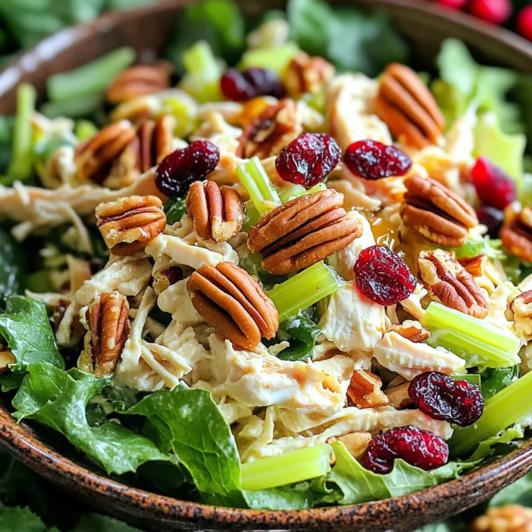 To make a tasty cranberry pecan chicken salad, you need: - 2 cups cooked chicken, shredded or diced - 1 cup celery, finely chopped - 1/2 cup dried cranberries - 1/2 cup pecans, roughly chopped - 1/2 cup Greek yogurt - 2 tablespoons honey - 1 tablespoon Dijon mustard - 1 tablespoon lemon juice - Salt and pepper to taste - 4 cups fresh mixed greens (for serving) Using fresh and dried ingredients can change the taste. Fresh celery adds a nice crunch. Dried cranberries give a sweet and tangy kick. You can mix both for great texture. Want to spice it up? Try adding some chopped apples or grapes for sweetness. You can also toss in some red onion for a bit of bite. If you like herbs, fresh dill or parsley can brighten the flavors. These add-ins can make your salad even more exciting! 1. Start with a large mixing bowl. Add 2 cups of cooked chicken, shredded or diced. 2. Next, add 1 cup of finely chopped celery. This adds a nice crunch. 3. Then, toss in 1/2 cup of dried cranberries for sweetness. 4. Add 1/2 cup of roughly chopped pecans for a nutty flavor. 5. In a smaller bowl, whisk together 1/2 cup of Greek yogurt, 2 tablespoons of honey, 1 tablespoon of Dijon mustard, and 1 tablespoon of lemon juice. 6. Season with salt and pepper to taste. This will be your dressing. 7. Pour the dressing over the chicken mixture. 8. Gently fold everything together. Make sure all the chicken and veggies are coated. 9. Taste the salad and add more salt and pepper if needed. 10. Serve the salad right away or chill it for 30 minutes. When mixing, be gentle. You want to keep the chicken pieces intact. Serve the salad in large bowls. Garnish with extra pecans and cranberries. This makes it look pretty. A drizzle of honey on top adds extra sweetness. If you want a fresh touch, add some lemon zest. Chilling the salad lets the flavors blend. It makes the salad taste better. After mixing, let it sit in the fridge for 30 minutes. This gives the cranberries time to soften. The salad becomes cool and refreshing. Enjoying it cold feels great on warm days! Store any leftover cranberry pecan chicken salad in an airtight container. This keeps it fresh. Place it in the fridge right away. It will last for up to three days. If you notice any extra liquid, just mix it again before serving. This helps to maintain the flavor and texture. The dressing should be creamy but not too thick. If it feels thick, add a little water or more lemon juice. A splash of milk can also help if you want it thinner. Always taste your dressing first. If it needs more sweetness, add a bit more honey. If it’s too sweet, just add lemon juice or a pinch of salt. You can swap Greek yogurt for a dairy-free yogurt if you prefer. For a vegan option, use maple syrup instead of honey. If you're allergic to nuts, leave out the pecans. You can also add different spices for extra flavor. Try adding a dash of cayenne for heat or some fresh herbs like dill for a unique twist. {{image_2}} You can switch up the chicken for other proteins. Turkey is a great choice. It has a similar taste and texture. You can also use canned tuna or salmon. These options add a nice twist to the salad. If you want a plant-based choice, try chickpeas or tofu. Both options bring protein and a unique flavor. Pecans add a nice crunch, but you can try other nuts too. Walnuts work well and have a rich taste. Almonds are another good choice; they add a bit of sweetness. If you want something different, try cashews. They are creamy and will blend nicely in the salad. Just remember to chop your nuts for even bites. Using fresh, seasonal ingredients can improve your salad. In spring, swap cranberries for fresh strawberries. They add a burst of flavor. In summer, try adding diced peaches or mango. These fruits bring sweetness and juiciness. In autumn, use apples or pears for a crisp texture. Winter is perfect for pomegranate seeds, which add a lovely color and taste. Each serving of cranberry pecan chicken salad has about 300 calories. This includes the chicken, nuts, and yogurt. The mixed greens add minimal calories but boost nutrition. - Chicken: This provides protein, which helps build muscles and repair tissues. - Cranberries: They are high in antioxidants, which may help protect your cells. - Pecans: These nuts are rich in healthy fats and can support heart health. - Greek yogurt: It offers probiotics, which are good for your gut health. These ingredients work together to create a meal that is both tasty and nutritious. Cranberry pecan chicken salad is a great option for a balanced meal. It includes protein from chicken, healthy fats from pecans, and fiber from the greens and cranberries. Eating this salad can help you feel full and satisfied. It can fit well into lunch or dinner, making it easy to enjoy a healthy diet. Yes, you can use leftover rotisserie chicken. It saves time and adds flavor. Just shred or dice it as needed. The mix of spices from the rotisserie chicken will enhance your salad. This makes it an easy choice for busy days. If you want a substitute for Greek yogurt, try sour cream or cottage cheese. You can also use plain regular yogurt. Each option brings its own taste, so pick what you like best. If you want a dairy-free option, use a plant-based yogurt. You can store the salad in the fridge for up to three days. Keep it in an airtight container to maintain freshness. The flavors will blend as it sits, making it even tastier. Just remember to stir it before eating. This blog post covered the essential ingredients and steps for a tasty salad. You learned how to choose fresh versus dried items and add unique flavors. I shared tips for serving and storing your salad, ensuring it stays fresh. You can customize it based on your diet and explore different variations. Remember, this salad not only tastes great but also offers health benefits. By using these ideas, you can make a salad that fits your taste and health goals. Enjoy creating your perfect dish!