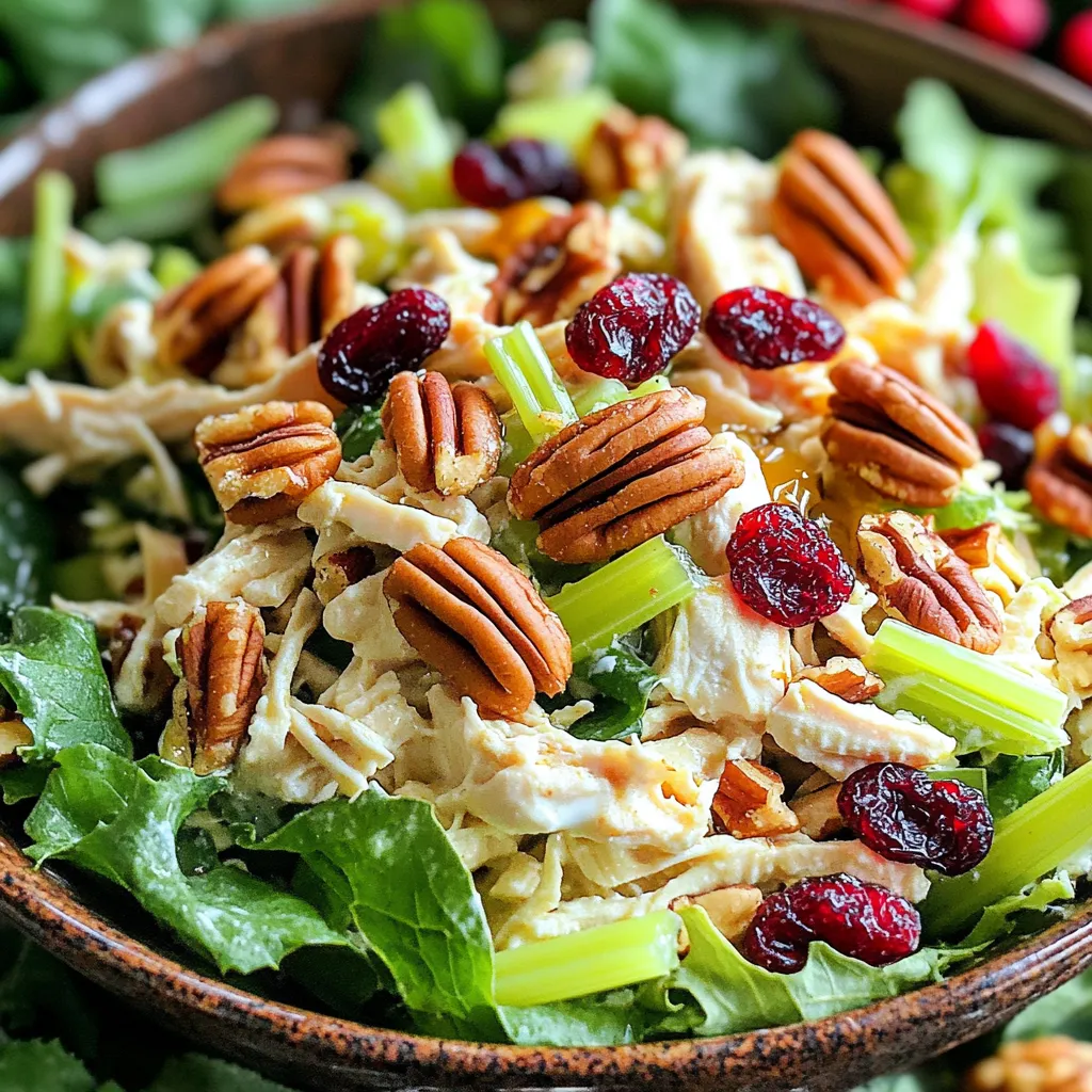 To make a tasty cranberry pecan chicken salad, you need: - 2 cups cooked chicken, shredded or diced - 1 cup celery, finely chopped - 1/2 cup dried cranberries - 1/2 cup pecans, roughly chopped - 1/2 cup Greek yogurt - 2 tablespoons honey - 1 tablespoon Dijon mustard - 1 tablespoon lemon juice - Salt and pepper to taste - 4 cups fresh mixed greens (for serving) Using fresh and dried ingredients can change the taste. Fresh celery adds a nice crunch. Dried cranberries give a sweet and tangy kick. You can mix both for great texture. Want to spice it up? Try adding some chopped apples or grapes for sweetness. You can also toss in some red onion for a bit of bite. If you like herbs, fresh dill or parsley can brighten the flavors. These add-ins can make your salad even more exciting! 1. Start with a large mixing bowl. Add 2 cups of cooked chicken, shredded or diced. 2. Next, add 1 cup of finely chopped celery. This adds a nice crunch. 3. Then, toss in 1/2 cup of dried cranberries for sweetness. 4. Add 1/2 cup of roughly chopped pecans for a nutty flavor. 5. In a smaller bowl, whisk together 1/2 cup of Greek yogurt, 2 tablespoons of honey, 1 tablespoon of Dijon mustard, and 1 tablespoon of lemon juice. 6. Season with salt and pepper to taste. This will be your dressing. 7. Pour the dressing over the chicken mixture. 8. Gently fold everything together. Make sure all the chicken and veggies are coated. 9. Taste the salad and add more salt and pepper if needed. 10. Serve the salad right away or chill it for 30 minutes. When mixing, be gentle. You want to keep the chicken pieces intact. Serve the salad in large bowls. Garnish with extra pecans and cranberries. This makes it look pretty. A drizzle of honey on top adds extra sweetness. If you want a fresh touch, add some lemon zest. Chilling the salad lets the flavors blend. It makes the salad taste better. After mixing, let it sit in the fridge for 30 minutes. This gives the cranberries time to soften. The salad becomes cool and refreshing. Enjoying it cold feels great on warm days! Store any leftover cranberry pecan chicken salad in an airtight container. This keeps it fresh. Place it in the fridge right away. It will last for up to three days. If you notice any extra liquid, just mix it again before serving. This helps to maintain the flavor and texture. The dressing should be creamy but not too thick. If it feels thick, add a little water or more lemon juice. A splash of milk can also help if you want it thinner. Always taste your dressing first. If it needs more sweetness, add a bit more honey. If it’s too sweet, just add lemon juice or a pinch of salt. You can swap Greek yogurt for a dairy-free yogurt if you prefer. For a vegan option, use maple syrup instead of honey. If you're allergic to nuts, leave out the pecans. You can also add different spices for extra flavor. Try adding a dash of cayenne for heat or some fresh herbs like dill for a unique twist. {{image_2}} You can switch up the chicken for other proteins. Turkey is a great choice. It has a similar taste and texture. You can also use canned tuna or salmon. These options add a nice twist to the salad. If you want a plant-based choice, try chickpeas or tofu. Both options bring protein and a unique flavor. Pecans add a nice crunch, but you can try other nuts too. Walnuts work well and have a rich taste. Almonds are another good choice; they add a bit of sweetness. If you want something different, try cashews. They are creamy and will blend nicely in the salad. Just remember to chop your nuts for even bites. Using fresh, seasonal ingredients can improve your salad. In spring, swap cranberries for fresh strawberries. They add a burst of flavor. In summer, try adding diced peaches or mango. These fruits bring sweetness and juiciness. In autumn, use apples or pears for a crisp texture. Winter is perfect for pomegranate seeds, which add a lovely color and taste. Each serving of cranberry pecan chicken salad has about 300 calories. This includes the chicken, nuts, and yogurt. The mixed greens add minimal calories but boost nutrition. - Chicken: This provides protein, which helps build muscles and repair tissues. - Cranberries: They are high in antioxidants, which may help protect your cells. - Pecans: These nuts are rich in healthy fats and can support heart health. - Greek yogurt: It offers probiotics, which are good for your gut health. These ingredients work together to create a meal that is both tasty and nutritious. Cranberry pecan chicken salad is a great option for a balanced meal. It includes protein from chicken, healthy fats from pecans, and fiber from the greens and cranberries. Eating this salad can help you feel full and satisfied. It can fit well into lunch or dinner, making it easy to enjoy a healthy diet. Yes, you can use leftover rotisserie chicken. It saves time and adds flavor. Just shred or dice it as needed. The mix of spices from the rotisserie chicken will enhance your salad. This makes it an easy choice for busy days. If you want a substitute for Greek yogurt, try sour cream or cottage cheese. You can also use plain regular yogurt. Each option brings its own taste, so pick what you like best. If you want a dairy-free option, use a plant-based yogurt. You can store the salad in the fridge for up to three days. Keep it in an airtight container to maintain freshness. The flavors will blend as it sits, making it even tastier. Just remember to stir it before eating. This blog post covered the essential ingredients and steps for a tasty salad. You learned how to choose fresh versus dried items and add unique flavors. I shared tips for serving and storing your salad, ensuring it stays fresh. You can customize it based on your diet and explore different variations. Remember, this salad not only tastes great but also offers health benefits. By using these ideas, you can make a salad that fits your taste and health goals. Enjoy creating your perfect dish!
