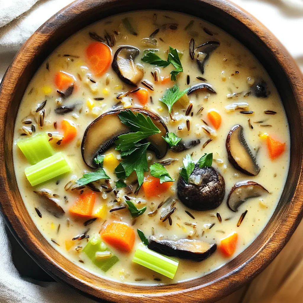 - 1 cup wild rice, rinsed and drained - 8 oz cremini mushrooms, sliced - 1 cup carrots, diced - 1 cup celery, diced - 1 small onion, chopped - 4 cloves garlic, minced - 4 cups vegetable broth - 1 cup coconut milk (or heavy cream for a non-dairy option) - 1 tablespoon soy sauce (or tamari) - 1 teaspoon dried thyme - 1 teaspoon dried rosemary - Salt and pepper to taste - Fresh parsley, chopped (for garnish) Wild rice gives this soup a nutty taste and chewy texture. It pairs well with the earthy flavor of cremini mushrooms. Carrots and celery add sweetness and crunch. Onions and garlic bring depth to the dish. Coconut milk adds creaminess without dairy. Thyme and rosemary provide a warm, aromatic touch. For wild rice, I like to use Lundberg Farms. They offer quality and flavor. For mushrooms, try Organic Cremini from Whole Foods. If you need a dairy-free option, use So Delicious coconut milk. For soy sauce, Kikkoman works well, but tamari is great for gluten-free diets. You can swap coconut milk with heavy cream if you prefer a richer taste. To start, gather your ingredients. You need one cup of wild rice, eight ounces of sliced cremini mushrooms, one cup of diced carrots, one cup of diced celery, one small chopped onion, and four minced garlic cloves. Rinse the wild rice in cold water and drain it well. This step helps remove any grit. Next, chop your veggies and slice the mushrooms. This prep makes cooking easy. Add all your prepared ingredients to the slow cooker. Pour in four cups of vegetable broth. This adds flavor and moisture. Stir everything together. Now, add one cup of coconut milk for creaminess. If you prefer, you can use heavy cream. Next, add one tablespoon of soy sauce, one teaspoon of dried thyme, and one teaspoon of dried rosemary. Season with salt and pepper. Mix it well. Cover the slow cooker and set it to low. Cook for six to eight hours. The wild rice should become tender. After cooking, it’s time to check the soup. Stir it gently to loosen any rice stuck at the bottom. If you want a creamier texture, blend a part of the soup. Then return it to the slow cooker. This makes it rich and smooth. Taste the soup and adjust the seasoning if needed. If it’s too thick, add more vegetable broth or water. This will help reach your ideal consistency. Serve hot, and don’t forget to garnish with fresh parsley for added flavor. To make your soup shine, use fresh ingredients. Fresh mushrooms add a rich flavor. Rinse your wild rice well; this helps remove any grit. Try adding herbs at the end for a bright taste. If it's too thick, add broth to reach your favorite texture. Stir the soup before serving to mix flavors well. Avoid cooking on high heat. Slow cooking allows flavors to meld together. Don’t skip the garlic; it gives depth. If you use dried herbs, remember they are more potent. Taste your soup before serving. You might need more salt or pepper. Keep an eye on the rice; overcooked rice can get mushy. This soup pairs well with crusty bread. A fresh salad on the side adds crunch. Try serving it in a bread bowl for a fun twist. A sprinkle of lemon juice brightens the dish. For a hearty meal, add a protein like grilled chicken or tofu on the side. Enjoy the warmth and comfort of this creamy mushroom wild rice soup! {{image_2}} You can easily make this soup vegetarian or vegan. Start by using vegetable broth, which gives great flavor. Instead of heavy cream, use coconut milk to keep it creamy. This choice is not only vegan but also adds a nice touch of sweetness. Always check that your soy sauce is gluten-free if needed. If you want to add protein, consider chickpeas or lentils. Both options bring a hearty texture. You can toss in cooked chicken or turkey for a meatier soup. Just add any protein during the last hour of cooking, so it warms through. Feel free to switch up the veggies based on the season. In the spring, try adding fresh peas or asparagus. In the fall, sweet potatoes or butternut squash work well. These changes keep the soup fresh and bring new flavors each time you make it. Plus, it’s a great way to use what you have on hand! To store your soup, let it cool first. Use airtight containers for best results. You can store it in the fridge for up to four days. Make sure to label the containers with the date. This helps keep track of freshness. When you're ready to eat, pour the soup into a pot. Heat it on low to medium heat. Stir often until it's hot. You can also use the microwave. Transfer the soup to a microwave-safe bowl. Heat for 1-2 minutes, stirring halfway. Make sure it’s hot all the way through. You can freeze the soup for up to three months. Use freezer-safe containers or bags. Leave some space at the top for expansion. Thaw the soup in the fridge overnight before reheating. If it seems thick after freezing, add a bit of broth or water. Stir well for a smooth texture. Yes, you can use brown rice. Brown rice will change the cooking time. It takes about 2 to 3 hours on low heat. Wild rice gives a nutty taste and chewy texture. Brown rice is softer and milder. You may need to adjust the broth amount, as brown rice absorbs more liquid. To make this soup without coconut milk, use heavy cream or milk. If you want a lighter option, try almond milk or oat milk. Each option adds a different flavor. Heavy cream will give you a rich and creamy texture. For a dairy-free choice, almond milk works well too. Adjust the seasoning if needed, as some milks are sweeter. To spice up your soup, add red pepper flakes or cayenne pepper. Start with a small amount to control the heat. Fresh jalapeños or diced green chilies are great options too. You could also mix in some hot sauce for an extra kick. Stir in these ingredients during the cooking process for the best flavor. This blog post covered how to make a delicious soup step by step. We looked at key ingredients and their highlights, making it simple for you to choose the best brands. I shared tips to perfect your soup and avoid common mistakes. We also explored variations for different diets and how to store your soup properly. In closing, remember to have fun while cooking. Experiment and adjust. Your soup should reflect your taste and style. Enjoy every spoonful!