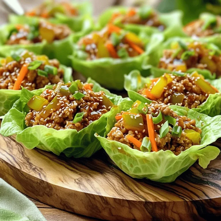For these tasty teriyaki chicken lettuce cups, you'll need: - 1 lb ground chicken - 1/4 cup low-sodium soy sauce - 2 tablespoons honey - 2 tablespoons rice vinegar - 1 tablespoon sesame oil - 2 cloves garlic, minced - 1 teaspoon fresh ginger, grated - 1/2 cup bell pepper, diced (any color) - 1/2 cup carrots, shredded - 1/4 cup green onions, sliced - 1 tablespoon sesame seeds - 1 head of butter or romaine lettuce, leaves separated - Salt and pepper to taste These ingredients blend well to create a savory and sweet filling. The ground chicken cooks quickly and absorbs the rich flavors of the sauce. You might want to add a few extra ingredients for more taste and crunch. Consider: - Chopped water chestnuts for a nice crunch - Shredded cabbage for extra texture - Cilantro or mint for fresh herbs - Chopped peanuts for a nutty kick These add-ins can enhance your dish. They will bring new flavors and colors to your plates. Serve these lettuce cups with some tasty sides to complete your meal. Good choices include: - Steamed rice for a filling option - A side salad for freshness - Extra dipping sauce for more flavor These sides balance your meal and make it even more enjoyable. You could even serve some pickled vegetables for a tangy twist. First, heat the sesame oil in a large skillet over medium heat. Add minced garlic and grated ginger. Sauté for about one minute until it smells great. Next, add the ground chicken to the skillet. Use a spatula to break it apart. Cook until it is browned and no longer pink, about 5 to 7 minutes. Then, stir in the low-sodium soy sauce, honey, and rice vinegar. Mix well to coat the chicken. Let it cook for 2 to 3 more minutes until the sauce thickens a bit. Now it’s time to add some crunch! Toss in the diced bell pepper and shredded carrots. Cook these veggies for about 2 minutes. You want them to be tender but still crisp. If you like, season with salt and pepper to taste. This will add extra flavor to your dish. Once the chicken mixture is ready, remove it from the heat. Stir in the sliced green onions and sesame seeds. This adds a nice crunch and flavor. Now, take your butter or romaine lettuce leaves and separate them. Spoon the teriyaki chicken mixture into the center of each leaf. You can fold the sides over to create a cup. Arrange the filled lettuce cups on a platter. For a fun touch, garnish with extra sesame seeds and green onions! Enjoy your fresh and flavorful teriyaki chicken lettuce cups! To make the best teriyaki chicken, start with fresh ingredients. Ground chicken cooks quickly, so watch it closely. Use medium heat for even cooking. Sauté garlic and ginger until they smell great. This adds flavor right from the start. Stir the chicken often to break it apart. Make sure it browns nicely for taste. When adding the sauce, let it thicken a bit. This makes the chicken sticky and delicious. Serving is just as important as cooking. Arrange your filled lettuce cups on a big platter. This makes them look inviting. Sprinkle extra sesame seeds and sliced green onions on top. It adds a pop of color. You can also serve with a small bowl of dipping sauce. This gives everyone a chance to add their own flavor. Want to make your dish healthier? Try using ground turkey instead of chicken. It’s leaner and still tasty. You can swap honey with maple syrup for a different sweetness. If you need a lower sodium option, use coconut aminos instead of soy sauce. For a crunch, add chopped nuts like almonds. These swaps keep your dish yummy while being mindful of health. {{image_2}} You can easily make teriyaki chicken lettuce cups vegetarian or vegan. Use mushrooms or tofu instead of ground chicken. Both options soak up flavors well. For mushrooms, try shiitake or portobello for a hearty bite. If you choose tofu, press it to remove excess water. Crumble it before cooking to mimic the texture of ground chicken. Both options work great with the teriyaki sauce. To keep this dish gluten-free, swap out the soy sauce for tamari. Tamari is a gluten-free soy sauce that tastes similar. You can also use coconut aminos. It adds a sweet flavor without gluten. Be sure to check all other ingredients for gluten, like sesame oil and honey. Want to mix it up? Try different sauces for new flavors. A spicy sriracha sauce can add heat. For a sweeter touch, pineapple teriyaki sauce works well. You can also experiment with hoisin sauce for a rich taste. Each sauce adds its unique twist to your lettuce cups. Enjoy the fun of creating your own flavor combinations! To keep your leftover teriyaki chicken fresh, place it in an airtight container. Make sure to cool it down first. You can store it in the fridge for up to three days. Label the container with the date you made it. This helps you remember when to eat it. When you are ready to eat, reheating is simple. You can use the microwave or a skillet. For the microwave, place the chicken in a bowl and cover it. Heat for about one to two minutes. Stir halfway through to heat evenly. If using a skillet, add a splash of water, cover, and heat over medium heat for about five minutes. If you want to save teriyaki chicken for later, freezing works well. Use a freezer-safe bag or container. Squeeze out as much air as possible before sealing. You can freeze it for up to three months. When you’re ready to eat, thaw it in the fridge overnight. Reheat it as mentioned before. Always check for any off smells or colors before eating. Yes, you can use chicken thighs. Just chop them into small pieces. Cook them until they're fully done. This adds a different texture and flavor to the dish. The filled lettuce cups last for about two days. Store the filling and lettuce separately. This keeps the lettuce crisp and fresh. Butter lettuce and romaine work great. Both provide sturdy leaves that hold the filling well. They also add a nice crunch and fresh flavor. Yes, you can make the filling ahead. Store it in an airtight container in the fridge for up to three days. Just warm it up before serving. In this post, we explored how to make Teriyaki Chicken Lettuce Cups. We looked at the main ingredients and optional add-ins that boost flavor and texture. I shared step-by-step instructions for preparing and cooking the dish. You also learned tips for perfect cooking and presentation, plus healthy substitutions. Variations like vegetarian options and gluten-free adjustments cater to different diets. Finally, I provided storage info so you can enjoy leftovers. These cups are easy to make and fun to eat, making them a great meal for any occasion.